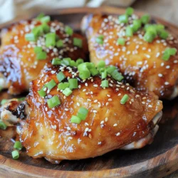- 6 chicken thighs, with bone and skin - 1/3 cup honey, preferably raw for depth of flavor - 4 garlic cloves, finely minced - 1/4 cup low-sodium soy sauce, to control salt levels - 1 tablespoon apple cider vinegar, for a tangy kick - 1 teaspoon ground ginger, or 1 tablespoon fresh ginger, grated - 1/2 teaspoon freshly ground black pepper - 2 tablespoons extra virgin olive oil, for richness - 1 tablespoon sesame seeds, toasted (for garnish) - 2 green onions, thinly sliced (for garnish) For this dish, I use chicken thighs. They are juicy and tender. The skin adds a nice crunch. I love using raw honey because it brings a deep flavor. Minced garlic is key. It gives a wonderful aroma and taste. Low-sodium soy sauce is best. It helps keep the dish balanced without too much salt. Apple cider vinegar adds a nice tang. Ginger gives warmth and spice. Black pepper adds a subtle kick. Olive oil helps the chicken brown nicely. For garnishing, I use toasted sesame seeds. They add a nutty taste. Green onions give a fresh pop of color and flavor. You can find the full recipe for these delicious Honey Garlic Chicken Thighs in the recipe section. To start, I mix the marinade. In a medium bowl, I whisk together: - 1/3 cup honey - 4 minced garlic cloves - 1/4 cup low-sodium soy sauce - 1 tablespoon apple cider vinegar - 1 teaspoon ground ginger - 1/2 teaspoon black pepper This blend creates a sweet and savory mix. I taste it to ensure it has balance. If I want more salt, I add a pinch. Next, I prepare the chicken thighs. I place them in a large resealable bag or a shallow dish. I pour the prepared marinade over the chicken, making sure each piece is well-coated. I seal the bag or cover the dish tightly. I then set it in the fridge. I let it marinate for at least one hour. For best results, I let it sit overnight. When I’m ready to cook, I preheat my oven to 400°F (200°C). I line a baking sheet with parchment paper for easy cleanup. After marinating, I remove the chicken from the bag. I reserve the marinade and pat the chicken dry with paper towels. This step is key for crispy skin. In a large, oven-safe skillet, I heat 2 tablespoons of olive oil over medium-high heat. When the oil shimmers, I add the chicken thighs skin-side down. I sear them for about 4-5 minutes until the skin turns golden-brown. I flip the chicken to the flesh side and pour the reserved marinade over it. Then, I transfer the skillet to the oven. I bake for 25-30 minutes until the chicken reaches an internal temperature of 165°F (74°C). Once done, I take the skillet out and let the chicken rest for 5 minutes. This helps keep the meat juicy. Finally, I serve the chicken with toasted sesame seeds and sliced green onions for a fresh touch. You can find the Full Recipe for more details. To make your Honey Garlic Chicken Thighs tasty, marinating is key. Use the right mix of honey, soy sauce, and garlic to create a rich flavor. I suggest marinating for at least one hour. If you have time, try marinating overnight. This gives the chicken more time to soak up those flavors. Always ensure the chicken is fully coated in the marinade. A resealable bag works well for this. Crispy skin is a must for this dish. After marinating, pat the chicken dry with paper towels. This step removes excess moisture. When cooking, start by searing the chicken skin-side down in a hot skillet. Aim for a golden-brown color. This adds crunch. Once you flip the chicken, pour the reserved marinade over it. This helps keep the meat moist while still getting that crispy skin. For the best experience, serve these chicken thighs with a side of rice or quinoa. The sauce pairs well with grains. You can also add steamed vegetables for a balanced meal. For a fresh touch, sprinkle toasted sesame seeds and sliced green onions on top. This adds color and flavor. For the full recipe, check the details above. Enjoy your meal! {{image_4}} You can customize Honey Garlic Chicken Thighs to match your taste. Try adding chili flakes for heat. A splash of orange juice can brighten the flavor. You can also use different sweeteners, like maple syrup or agave. Want a smoky taste? Add smoked paprika or chipotle powder. Don't be afraid to experiment! While baking is great, you can also grill these thighs. Grilling adds a nice char and unique flavor. Just marinate as usual, then grill over medium heat. You can also use a slow cooker for tender chicken. Cook on low for 4 to 6 hours. This method keeps the chicken juicy and full of flavor. You can make this dish lighter by using skinless chicken thighs. They cut down on fat but still taste great. For a lower-sugar option, use a sugar substitute in the marinade. If you're watching sodium intake, opt for a low-sodium soy sauce. You can also pair the dish with steamed veggies for a healthy side. For the complete recipe, check out the [Full Recipe]. Store leftover honey garlic chicken thighs in an airtight container. They last about three to four days in the fridge. Make sure to cool them to room temperature before sealing. This keeps them safe and fresh for your next meal. If you want to store them longer, freezing is a great option. Place the chicken thighs in a freezer-safe bag or container. They can last up to three months in the freezer. Just remember to label the bag with the date. This way, you’ll know when to use them. To reheat, you can use the oven or microwave. For the oven, preheat to 350°F (175°C), and place the chicken in a baking dish. Cover with foil to keep moisture. Heat for about 15-20 minutes. If using a microwave, place the chicken on a microwave-safe plate. Heat in short bursts, checking every minute. This helps avoid drying out the chicken. Enjoy your tasty leftovers! Marinate chicken thighs for at least one hour. This time allows the flavors to soak in. For best results, marinate overnight. This longer time makes the chicken even more tasty. Yes, you can use chicken breast instead of thighs. However, chicken breasts can dry out more easily. Keep an eye on the cooking time. It’s best to cook them to a safe 165°F. Some great sides include: - Steamed rice - Roasted vegetables - Stir-fried greens - Mashed potatoes - A fresh salad These sides balance the sweetness of the honey. They also add freshness to your meal. For the full recipe, check the earlier section. This blog covered how to make tasty Honey Garlic Chicken Thighs. We discussed the key ingredients, such as chicken thighs and marinade components. You learned the step-by-step marinating and cooking process. Tips for crisp skin and serving ideas added extra value. We also explored fun flavor variations and storage methods. These simple steps can help anyone create a delicious meal. Enjoy experimenting with your chicken thighs, and make this recipe your own. Happy cooking!