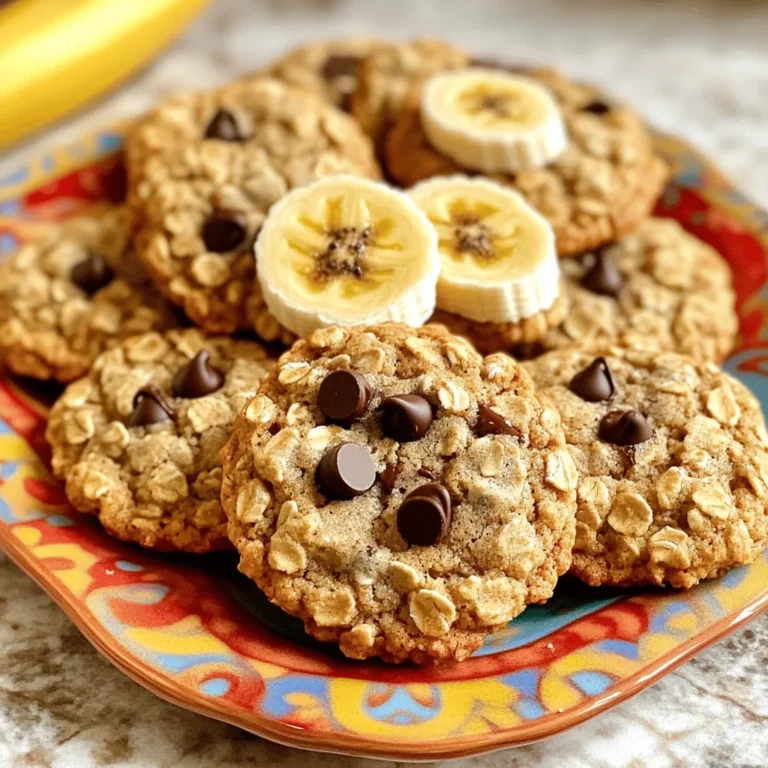 - 2 ripe bananas, thoroughly mashed - 1 cup rolled oats - 1/2 cup almond butter (or substitute with peanut butter) - 1/4 cup honey or maple syrup - 1/2 teaspoon pure vanilla extract - 1/2 teaspoon baking soda - 1/4 teaspoon ground cinnamon - 1/4 cup dark chocolate chips (optional) - 1/4 cup chopped nuts (such as walnuts or pecans - optional) - A pinch of sea salt Gathering the right ingredients is key to making great banana oatmeal cookies. First, you need ripe bananas. They should be soft and sweet. Next, grab rolled oats. They give cookies great texture. Almond butter works well, but peanut butter is fine too. Honey or maple syrup adds sweetness. A touch of vanilla extract enhances flavor. Baking soda helps the cookies rise. Ground cinnamon gives a warm taste. If you like, add dark chocolate chips for richness. Chopped nuts add crunch and flavor; walnuts and pecans are my favorites. Finally, a pinch of sea salt balances all the flavors. - Caloric breakdown per cookie: Approximately 80-100 calories - Health benefits of main ingredients: - Bananas provide potassium and fiber. - Oats are rich in whole grains and help with digestion. - Nut butter adds healthy fats and protein. - Honey or maple syrup offers natural sweetness. These cookies are not just tasty; they are healthy too! Each cookie has about 80-100 calories, which makes them a guilt-free snack. Bananas are great for energy, while oats help keep you full. Nut butter packs in some healthy fats and protein. Honey or maple syrup gives a sweet touch without added junk. So, you can enjoy these cookies knowing they help fuel your body! For the full recipe, check out the detailed steps above. Start by preheating your oven to 350°F (175°C). This step is key for even baking. While the oven warms up, line a baking sheet with parchment paper. This makes for easy cleanup and helps the cookies not stick. In a large bowl, mash the ripe bananas. Use a fork or a potato masher until they are smooth. Next, mix in almond butter, honey, and vanilla extract. Stir until everything blends well and is creamy. Then, add rolled oats, baking soda, ground cinnamon, and a pinch of sea salt. Mix thoroughly. This ensures every bite has great flavor. If you want, fold in dark chocolate chips and chopped nuts for extra fun. Now it's time to shape the cookies. Use a spoon or cookie scoop to drop dough onto the lined baking sheet. Make sure to leave space between each scoop. The cookies will spread a bit as they bake. Place the sheet in the preheated oven. Bake for 10-12 minutes. Look for lightly golden edges and a set center. Once done, take them out and let them cool for about 5 minutes on the sheet. Then, move them to a wire rack to cool completely. Enjoy your tasty treats! For the complete recipe, check out the Full Recipe section. To mash bananas well, choose ripe ones. Their natural sweetness helps flavor the cookies. Use a fork or potato masher. Aim for a smooth texture, but leave a few small lumps for character. This adds to the cookie's charm. For the right cookie texture, mix all ingredients evenly. The oats should stick together but not be too wet. If the dough feels too dry, add a touch of almond butter. If it’s too wet, add a bit more oats. Oven temperature is key. Always preheat your oven to 350°F (175°C). This helps cookies bake evenly. If your oven runs hot, lower the temp by 25°F. Keep an eye on the cookies as they bake. To stop cookies from spreading too much, space them out on the baking sheet. Use a cookie scoop for uniform size. This helps them bake evenly. If you want thicker cookies, chill the dough for about 15 minutes before baking. These cookies pair well with milk or tea. Adding a scoop of ice cream on top makes them a fun dessert. You can also drizzle some honey or nut butter for a tasty twist. For presentation, arrange the cookies on a colorful plate. Sprinkle extra dark chocolate chips on top while they’re warm. This makes them look extra special. Adding banana slices or a sprinkle of cinnamon gives them a fresh touch. Enjoy your delightful treats! For the complete recipe, check out the Full Recipe. {{image_4}} You can make your banana oatmeal cookies even more exciting with flavor tweaks. Try using different nut butters, like peanut or cashew. Each option brings a unique taste and texture to the cookies. Adding dried fruits or seeds can also enhance the flavor. Raisins, cranberries, or sunflower seeds work well. These add sweetness and a nice crunch. If you need gluten-free cookies, replace rolled oats with certified gluten-free oats. This simple swap keeps the cookies safe for a gluten-free diet. For a vegan option, you can replace honey with maple syrup. You can also use flax eggs instead of regular eggs. Mix one tablespoon of ground flaxseed with three tablespoons of water. Let it sit for five minutes to thicken. Feeling creative? Transform your cookies into bars. Spread the dough in a baking pan and bake for a bit longer. Cut them into squares for an easy snack. You can layer the baked cookies with yogurt for a fun treat. Add some fresh fruit on top for added flavor and nutrition. This makes a delicious and healthy snack that everyone will enjoy. For the complete recipe, check out the Full Recipe section. To keep your banana oatmeal cookies fresh, store them in an airtight container. Place them at room temperature for up to three days. If you want to keep them longer, put them in the fridge. They can last for about a week in the refrigerator. For long-term storage, freezing these cookies is a great idea. After they cool, place cookies in a freezer-safe bag. They can stay fresh for up to three months in the freezer. To enjoy them, take them out and let them thaw at room temperature. If you want to warm them up, pop them in the microwave for a few seconds. This will help bring back their soft texture. Banana oatmeal cookies last about three days at room temperature. In the fridge, they can last up to a week. If you freeze them, they stay good for about three months. Watch for signs of spoilage like an off smell or mold. If you see any, it’s best to toss them. Enjoy your cookies while they are fresh! For the full recipe, you can check out the earlier sections. You can tell if your cookies are done by looking at the edges. They should turn lightly golden. The center should feel set but still soft. A good rule is to bake them for 10-12 minutes. If they look puffy and slightly cracked, they are ready to come out. Yes, you can easily swap ingredients. Use peanut butter if you don't have almond butter. Maple syrup can stand in for honey. You can also add different nuts or seeds. Just keep the base ingredients of bananas and oats for the best results. To make banana oatmeal cookies vegan, replace honey with maple syrup. Use a plant-based butter if you want a richer taste. Ensure that your chocolate chips are dairy-free. These small changes will keep the cookies tasty and vegan-friendly. For chewier cookies, add an extra banana or a tablespoon of almond butter. You can also bake for a shorter time. If you want crispier cookies, bake them a bit longer. You can also use more oats in the mix. Yes, you can use quick oats. They will make the cookies softer and less chewy. If you prefer a heartier texture, stick with rolled oats. Both options work well, so choose based on your taste! For the full recipe, check out the details above! Making banana oatmeal cookies is simple and fun. You start with ripe bananas, oats, and nut butter. Mixing the ingredients creates a tasty dough. Baking brings out great flavors and textures. You can adjust for your taste, too. Enjoy your cookies fresh or store them for later. With so many variations and tips, you can make this recipe your own. These cookies are a delightful and healthy treat that everyone can enjoy.