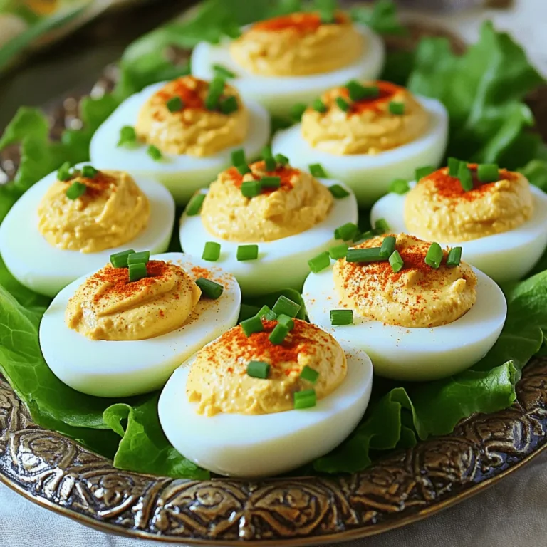 To make classic deviled eggs, you need a few simple ingredients that pack a lot of flavor. Here’s what you’ll need: - 6 large eggs - 3 tablespoons mayonnaise - 1 teaspoon Dijon mustard - 1 teaspoon apple cider vinegar - 1/2 teaspoon smoked paprika - Salt and freshly cracked pepper to taste - 2 tablespoons finely chopped chives (plus extra for garnish) - 1/4 teaspoon cayenne pepper (optional for a spicy kick) These ingredients come together to create a creamy and zesty filling that everyone loves. Using the right tools makes cooking easier and more fun. For deviled eggs, I recommend: - A large saucepan for boiling the eggs - A mixing bowl for the filling - A fork for mashing the yolks - A spoon or piping bag for filling the egg whites - A cutting board and knife for slicing the eggs Having these tools on hand will make your cooking experience smooth and enjoyable. If you’re missing an ingredient or want to try something new, here are some substitutes: - Instead of mayonnaise, use Greek yogurt for a lighter option. - Swap Dijon mustard for yellow mustard if you prefer a milder taste. - Use white vinegar if you don't have apple cider vinegar on hand. - For a different spice, try using hot sauce instead of cayenne pepper. These swaps allow you to customize the flavors to your liking without losing the essence of deviled eggs. For the full recipe, check out Deviled Eggs Delight. To boil the eggs, start by placing them in a single layer in a large saucepan. Cover the eggs with cold water, making sure they are about an inch underwater. Turn the heat to medium-high and bring the water to a rolling boil. Once the water boils, turn off the heat. Cover the pan with a lid and let the eggs sit for 10 to 12 minutes. This method helps you get perfectly cooked yolks without any green ring. After the eggs rest, it's time to cool them. Carefully transfer the eggs to a bowl filled with ice water. Let them sit for about five minutes. This step helps stop the cooking and makes peeling easier. When you peel, gently tap each egg on a hard surface to crack the shell. Peel the eggs under running water. The water helps the shell slide off smoothly, leaving you with nice, whole egg whites. Once the eggs are peeled, slice them in half lengthwise. Scoop the yolks into a mixing bowl. This is where the magic happens! Add mayonnaise, Dijon mustard, apple cider vinegar, smoked paprika, and a pinch of salt and pepper to the yolks. Use a fork to mix everything together until smooth and creamy. For a hint of green, fold in chopped chives. This mixture is what makes your deviled eggs flavorful and bright. For more detailed instructions, check out the Full Recipe. To get a creamy filling for your deviled eggs, use fresh ingredients. Make sure your mayonnaise is smooth. I always recommend using a fork to mash the yolks. This technique breaks down lumps easily. Add the mayonnaise slowly to control the creaminess. A splash of apple cider vinegar adds tang, but don't overdo it. Presentation matters! Serve your deviled eggs on a bright platter. I love using fresh lettuce leaves underneath. This adds color and freshness. Arrange the eggs in a circle or straight rows. Top each egg with a sprinkle of smoked paprika and chives. This little touch makes them pop visually. Avoid overcooking your eggs. This leads to a greenish ring around the yolk. Also, peeling can be tricky. Use ice water to cool the eggs fast. This helps the shells come off easily. Don't rush the filling process. A smooth mix tastes best. Finally, taste your filling before serving. Adjust salt and pepper to your liking. For more tips and a step-by-step guide, check the Full Recipe. {{image_4}} If you like heat, try adding cayenne pepper to your deviled eggs. Just a sprinkle can give them a nice kick. You can also use hot sauce or sriracha for a different flavor. Mix in a few drops for a fun twist. Adjust the heat to your taste. The warm spices make the eggs more exciting and flavorful. Want to take your deviled eggs up a notch? Add crispy bacon bits for a savory crunch. You can also fold in creamy avocado for a rich texture. Try mixing in some crumbled feta cheese or sun-dried tomatoes for unique flavors. These gourmet touches make the dish special for guests or a party. For a vegetarian twist, use Greek yogurt instead of mayonnaise. It’s creamy and adds a nice tang. You can also mix in fresh herbs like dill or basil for added flavor. Another option is to use hummus as a base. It gives a different taste and is packed with nutrients. These swaps make your deviled eggs just as tasty without any meat. For a full recipe, check the details above. If you have leftover deviled eggs, store them in the fridge. Use an airtight container to keep them fresh. Place a damp paper towel inside the container to help them stay moist. This will prevent the egg whites from drying out. You can prepare deviled eggs in advance. Boil and peel the eggs a day before. Store them in water in the fridge to keep them fresh. You can also make the filling ahead of time. Just keep it in a sealed container. When ready to serve, fill the egg whites just before your guests arrive. This keeps the eggs looking their best. Deviled eggs last about three to four days in the fridge. Make sure to keep them covered. If you notice any off smells or changes in texture, it’s best to toss them. Enjoying deviled eggs fresh will give you the best taste. If your eggs are hard to peel, try using older eggs. Fresh eggs tend to stick to the shell more. Another trick is to cook the eggs longer. A good method is to boil them and then cool them in ice water. The cold water helps separate the egg from the shell. You can also peel them under running water. This can make it easier to get the shell off. Yes, you can make deviled eggs in advance. Prepare the filling and store it in the fridge. Keep the egg whites separate until you are ready to serve. This way, the filling stays fresh. You can fill the egg whites a few hours before serving. Just be sure to cover them with plastic wrap or a lid to keep them from drying out. To keep the filling from being runny, use less mayonnaise. Start with a small amount and add more if needed. You can also use thicker yogurt or sour cream for creaminess. Make sure to mash the yolks well and mix them until smooth. This helps create a nice texture. If it still seems too runny, chill the filling before using it. Yes, there are many alternatives for deviled eggs. For a lighter filling, use Greek yogurt instead of mayonnaise. If you want a vegan option, try using silken tofu blended with spices. You can also skip the eggs entirely and make a chickpea filling. Season it well to add flavor. These swaps keep the taste great while fitting different diets. For the full recipe, check out Deviled Eggs Delight. Deviled eggs are simple yet delicious. We explored key ingredients, from classics to substitutes. I shared easy steps for boiling and peeling eggs and mixing yolks. Tips helped create a creamy filling and stunning presentation. We looked at spicy and gourmet ideas, plus vegetarian options. Lastly, we covered storage and meal prep tips. Remember, practice leads to the perfect deviled eggs you’ll love serving. Enjoy the process and impress your guests!