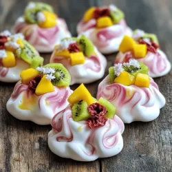 To make meringue cookies, you need a few key ingredients. These ingredients help create a light and airy texture. Here’s what you’ll need: - 3 large egg whites, at room temperature - 1/4 teaspoon cream of tartar - 1 cup granulated sugar - 1 teaspoon pure vanilla extract - 1/2 teaspoon almond extract - Pinch of fine salt These basic ingredients form the base of your meringue. The egg whites provide structure, while the sugar adds sweetness and helps with stability. Adding fruit to meringue cookies enhances their flavor and makes them fun. Here are some great fruit options you can use: - 1/4 cup freeze-dried strawberries, crushed into powder - 1/4 cup fresh kiwi, peeled and diced - 1/4 cup fresh mango, peeled and diced These fruits not only taste great, but they also add vibrant colors. Feel free to mix and match based on what you love! To really wow your guests, consider some garnishing options. These can add a touch of beauty: - Edible flowers (for garnish, optional) Edible flowers look stunning on your meringue cookies. They make your treat even more special and inviting. For the full recipe, check out the details provided above. Start by getting your oven ready. Preheat it to 225°F (110°C). Line two baking sheets with parchment paper. This makes it easy to remove the meringues later. In a large bowl, add your three large egg whites. Use an electric mixer to whisk them on medium speed. Watch as they become frothy! Now, add 1/4 teaspoon of cream of tartar. This helps the egg whites become stable. Keep mixing until you see soft peaks. This means they hold their shape but still look fluffy. Next, it’s time for sugar. Gradually add 1 cup of granulated sugar, one tablespoon at a time. Increase the mixer speed to high. Whip until you see stiff, glossy peaks. This will take about 5-7 minutes. Once the sugar mixes in well, gently fold in 1 teaspoon of pure vanilla extract, 1/2 teaspoon of almond extract, and a pinch of salt. Be careful not to deflate your airy meringue. Now, fold in 1/4 cup of crushed freeze-dried strawberries. This adds flavor and color. Keep the mixture light by using a gentle folding motion. Using a piping bag or a spoon, dollop the meringue onto the lined baking sheets. Create small peaks or swirls. Make sure to space them out, so they have room to grow. Place the sheets in the oven. Bake for 1 1/2 hours or until the meringues feel dry and crisp. After baking, turn off the oven but leave the meringues inside for 2 hours. This helps them keep their texture. Once they are cool, gently lift the meringues off the parchment. Use a small spoon to make little wells in the center of each meringue. Fill these wells with diced fresh kiwi and mango for a fruity surprise. If you like, add edible flowers on top for a beautiful touch. Enjoy your meringue cookies fresh or store them in an airtight container at room temperature for up to a week! To get the best meringue texture, start with clean tools. Any grease can ruin your meringue. Make sure your egg whites are at room temperature. This helps them whip up better. Whisk the egg whites until they are frothy. Then, add cream of tartar. This stabilizes the egg whites and helps them hold their shape. Gradually add sugar, one tablespoon at a time. This keeps the meringue smooth and glossy. Whip until you see stiff peaks. The meringue should look shiny and firm. One common mistake is not whipping long enough. If you stop too soon, your meringue will not hold up. Another mistake is adding sugar too fast. This can lead to a grainy texture. Make sure to fold in the fruit gently. If you mix too hard, you may deflate the meringue. Lastly, avoid opening the oven door while baking. This can cause the meringues to crack or collapse. For a tasty twist, try different fruits. Berries like raspberries or blueberries work well. Citrus fruits like orange or lemon add a bright flavor. You can also use freeze-dried fruits for a fun texture. If you want a richer taste, consider adding chocolate or nuts. These can bring depth to your meringue cookies. For the full recipe, check out Meringue Cloud Cookies with Fruity Bliss . {{image_4}} You can swap out the fruits in this recipe to suit your taste. Here are some great options: - Raspberries: Their tartness adds a nice kick. - Blueberries: These tiny bursts of flavor are sweet and fun. - Peaches: Fresh peaches give a juicy sweetness. - Pineapple: Pineapple adds a tropical twist and bright flavor. Each fruit gives a new taste and look. Have fun mixing and matching! Using seasonal fruits makes your meringue cookies even better. Here are some ideas: - Spring: Use strawberries and rhubarb for a fresh taste. - Summer: Try peaches and blueberries for a sweet treat. - Fall: Apples with a hint of cinnamon add warmth. - Winter: Pomegranate seeds bring color and a pop of tartness. Seasonal fruits are fresher and tastier. You can enjoy what each season offers! For a twist, add chocolate or nuts to your meringue cookies. Here’s how: - Chocolate Chips: Fold in mini chocolate chips for a sweet touch. - Cocoa Powder: Mix in cocoa powder for a chocolatey flavor. - Chopped Nuts: Almonds or hazelnuts give a nice crunch. These additions create fun textures and flavors. You can make each cookie unique! For the full recipe, check out Meringue Cloud Cookies with Fruity Bliss. I recommend storing your meringue cookies in a cool, dry place. Humidity can ruin their crisp texture. Always let the cookies cool completely before storing. This step prevents moisture from building up inside the container. To keep your meringue cookies fresh, use an airtight container. This method helps block air and moisture. If you want to keep them for more than a week, consider adding a small packet of silica gel. This packet absorbs moisture and keeps your cookies crunchy. I suggest using clear plastic or glass containers. These materials help you see the cookies without opening the lid. A tightly sealed jar also works well. Just be sure it’s clean and dry before adding the cookies. For extra protection, wrap them in parchment paper before placing them in the container. This method helps prevent sticking, ensuring you enjoy every bite of your meringue cookies with fruit. For the full recipe, refer to the earlier section. You can tell that your meringue cookies are done by checking their texture. They should feel dry and crisp on the outside. When you gently tap them, they should not stick to your fingers. The color should stay white or slightly off-white. If you see any browning, they may be overcooked. Baking them at 225°F (110°C) for 1.5 hours usually gives great results. Remember to let them cool in the oven for a while to set their texture. Using liquid fruit juices is not recommended for meringue cookies. The added moisture can make your meringue too soft. Instead, stick to fresh fruit, like kiwi and mango, or use freeze-dried fruit for flavor without extra moisture. This keeps your meringues light and crisp. Meringue cookies can last up to a week when stored properly. Keep them in an airtight container at room temperature. Avoid placing them in the fridge, as moisture can ruin their crispness. If you want to keep them longer, you can freeze them. Just ensure they are sealed well to prevent freezer burn. Meringue cookies are a delightful treat. We covered key ingredients for the perfect batch, including fruit options and garnishes. You learned how to prepare, mix, and bake these cookies for the best texture. Tips helped you avoid common mistakes and paired flavors creatively. We explored variations with different fruits and add-ins. Finally, you now know how to store meringue cookies to keep them fresh. Try using my methods, and enjoy delicious cookies that impress!