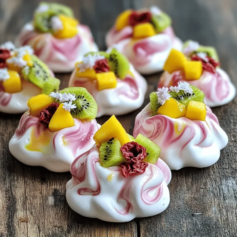 To make meringue cookies, you need a few key ingredients. These ingredients help create a light and airy texture. Here’s what you’ll need: - 3 large egg whites, at room temperature - 1/4 teaspoon cream of tartar - 1 cup granulated sugar - 1 teaspoon pure vanilla extract - 1/2 teaspoon almond extract - Pinch of fine salt These basic ingredients form the base of your meringue. The egg whites provide structure, while the sugar adds sweetness and helps with stability. Adding fruit to meringue cookies enhances their flavor and makes them fun. Here are some great fruit options you can use: - 1/4 cup freeze-dried strawberries, crushed into powder - 1/4 cup fresh kiwi, peeled and diced - 1/4 cup fresh mango, peeled and diced These fruits not only taste great, but they also add vibrant colors. Feel free to mix and match based on what you love! To really wow your guests, consider some garnishing options. These can add a touch of beauty: - Edible flowers (for garnish, optional) Edible flowers look stunning on your meringue cookies. They make your treat even more special and inviting. For the full recipe, check out the details provided above. Start by getting your oven ready. Preheat it to 225°F (110°C). Line two baking sheets with parchment paper. This makes it easy to remove the meringues later. In a large bowl, add your three large egg whites. Use an electric mixer to whisk them on medium speed. Watch as they become frothy! Now, add 1/4 teaspoon of cream of tartar. This helps the egg whites become stable. Keep mixing until you see soft peaks. This means they hold their shape but still look fluffy. Next, it’s time for sugar. Gradually add 1 cup of granulated sugar, one tablespoon at a time. Increase the mixer speed to high. Whip until you see stiff, glossy peaks. This will take about 5-7 minutes. Once the sugar mixes in well, gently fold in 1 teaspoon of pure vanilla extract, 1/2 teaspoon of almond extract, and a pinch of salt. Be careful not to deflate your airy meringue. Now, fold in 1/4 cup of crushed freeze-dried strawberries. This adds flavor and color. Keep the mixture light by using a gentle folding motion. Using a piping bag or a spoon, dollop the meringue onto the lined baking sheets. Create small peaks or swirls. Make sure to space them out, so they have room to grow. Place the sheets in the oven. Bake for 1 1/2 hours or until the meringues feel dry and crisp. After baking, turn off the oven but leave the meringues inside for 2 hours. This helps them keep their texture. Once they are cool, gently lift the meringues off the parchment. Use a small spoon to make little wells in the center of each meringue. Fill these wells with diced fresh kiwi and mango for a fruity surprise. If you like, add edible flowers on top for a beautiful touch. Enjoy your meringue cookies fresh or store them in an airtight container at room temperature for up to a week! To get the best meringue texture, start with clean tools. Any grease can ruin your meringue. Make sure your egg whites are at room temperature. This helps them whip up better. Whisk the egg whites until they are frothy. Then, add cream of tartar. This stabilizes the egg whites and helps them hold their shape. Gradually add sugar, one tablespoon at a time. This keeps the meringue smooth and glossy. Whip until you see stiff peaks. The meringue should look shiny and firm. One common mistake is not whipping long enough. If you stop too soon, your meringue will not hold up. Another mistake is adding sugar too fast. This can lead to a grainy texture. Make sure to fold in the fruit gently. If you mix too hard, you may deflate the meringue. Lastly, avoid opening the oven door while baking. This can cause the meringues to crack or collapse. For a tasty twist, try different fruits. Berries like raspberries or blueberries work well. Citrus fruits like orange or lemon add a bright flavor. You can also use freeze-dried fruits for a fun texture. If you want a richer taste, consider adding chocolate or nuts. These can bring depth to your meringue cookies. For the full recipe, check out Meringue Cloud Cookies with Fruity Bliss . {{image_4}} You can swap out the fruits in this recipe to suit your taste. Here are some great options: - Raspberries: Their tartness adds a nice kick. - Blueberries: These tiny bursts of flavor are sweet and fun. - Peaches: Fresh peaches give a juicy sweetness. - Pineapple: Pineapple adds a tropical twist and bright flavor. Each fruit gives a new taste and look. Have fun mixing and matching! Using seasonal fruits makes your meringue cookies even better. Here are some ideas: - Spring: Use strawberries and rhubarb for a fresh taste. - Summer: Try peaches and blueberries for a sweet treat. - Fall: Apples with a hint of cinnamon add warmth. - Winter: Pomegranate seeds bring color and a pop of tartness. Seasonal fruits are fresher and tastier. You can enjoy what each season offers! For a twist, add chocolate or nuts to your meringue cookies. Here’s how: - Chocolate Chips: Fold in mini chocolate chips for a sweet touch. - Cocoa Powder: Mix in cocoa powder for a chocolatey flavor. - Chopped Nuts: Almonds or hazelnuts give a nice crunch. These additions create fun textures and flavors. You can make each cookie unique! For the full recipe, check out Meringue Cloud Cookies with Fruity Bliss. I recommend storing your meringue cookies in a cool, dry place. Humidity can ruin their crisp texture. Always let the cookies cool completely before storing. This step prevents moisture from building up inside the container. To keep your meringue cookies fresh, use an airtight container. This method helps block air and moisture. If you want to keep them for more than a week, consider adding a small packet of silica gel. This packet absorbs moisture and keeps your cookies crunchy. I suggest using clear plastic or glass containers. These materials help you see the cookies without opening the lid. A tightly sealed jar also works well. Just be sure it’s clean and dry before adding the cookies. For extra protection, wrap them in parchment paper before placing them in the container. This method helps prevent sticking, ensuring you enjoy every bite of your meringue cookies with fruit. For the full recipe, refer to the earlier section. You can tell that your meringue cookies are done by checking their texture. They should feel dry and crisp on the outside. When you gently tap them, they should not stick to your fingers. The color should stay white or slightly off-white. If you see any browning, they may be overcooked. Baking them at 225°F (110°C) for 1.5 hours usually gives great results. Remember to let them cool in the oven for a while to set their texture. Using liquid fruit juices is not recommended for meringue cookies. The added moisture can make your meringue too soft. Instead, stick to fresh fruit, like kiwi and mango, or use freeze-dried fruit for flavor without extra moisture. This keeps your meringues light and crisp. Meringue cookies can last up to a week when stored properly. Keep them in an airtight container at room temperature. Avoid placing them in the fridge, as moisture can ruin their crispness. If you want to keep them longer, you can freeze them. Just ensure they are sealed well to prevent freezer burn. Meringue cookies are a delightful treat. We covered key ingredients for the perfect batch, including fruit options and garnishes. You learned how to prepare, mix, and bake these cookies for the best texture. Tips helped you avoid common mistakes and paired flavors creatively. We explored variations with different fruits and add-ins. Finally, you now know how to store meringue cookies to keep them fresh. Try using my methods, and enjoy delicious cookies that impress!