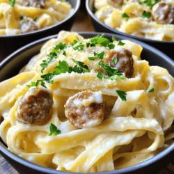 To make Sausage Alfredo Pasta, gather these key ingredients: - 12 oz fettuccine pasta - 1 lb Italian sausage (mild or spicy, casing removed) - 3 tablespoons olive oil - 3 cloves garlic, minced - 1 cup heavy cream - 1 cup grated Parmesan cheese - 1/2 teaspoon black pepper - 1/4 teaspoon ground nutmeg - Salt, to taste - Fresh parsley, chopped (for garnish) These ingredients create a rich and creamy dish full of flavor. The fettuccine pasta soaks up the sauce well, making each bite delightful. The Italian sausage adds a hearty touch. You can pick mild sausage for a gentle flavor or spicy for a kick. You can swap out some ingredients if you need to: - For fettuccine, use penne or spaghetti. - Swap heavy cream with half-and-half for a lighter sauce. - Use any cheese like Pecorino Romano instead of Parmesan. - Ground turkey or chicken can replace the sausage for a lighter option. These swaps can still give you a tasty meal without losing the essence of the dish. To cook this pasta, you need a few basic tools: - A large pot for boiling the pasta. - A colander to drain the pasta. - A large skillet for the sauce. - A spatula for breaking up the sausage and mixing ingredients. - Measuring cups and spoons for accuracy. Having these tools ready will help you cook efficiently. You'll enjoy the process and the wonderful aroma that fills your kitchen. For the complete recipe, check out the Full Recipe section. To start, fill a large pot with water. Add salt to the water; this makes the pasta tasty. Bring the water to a rolling boil. Add the fettuccine pasta and cook it as per the package instructions. Stir it occasionally. Cook it until it is al dente, which usually takes about 8 to 10 minutes. Once done, save one cup of the pasta water. Drain the pasta in a colander and set it aside. Next, grab a large skillet and set it over medium heat. Pour in three tablespoons of olive oil. When the oil starts to shimmer, add one pound of Italian sausage to the skillet. Use a spatula to break it up as it cooks. Cook it for about 5 to 7 minutes. The sausage should be browned and no longer pink. Now, add three cloves of minced garlic to the sausage. Sauté for about one minute, stirring all the time. The garlic should smell nice but not brown. Now, lower the heat to a gentle simmer. Pour in one cup of heavy cream and mix it well with the sausage. Gradually add one cup of grated Parmesan cheese while stirring. Keep stirring until the sauce is creamy and well combined. Season the sauce with half a teaspoon of black pepper, a quarter teaspoon of ground nutmeg, and salt to taste. If your sauce is too thick, add small amounts of the reserved pasta water until you reach a creamy consistency. Gently add the drained fettuccine to the skillet. Toss it in the creamy sauce until fully coated. Let it heat on low for 2 to 3 minutes, stirring gently. When ready, remove it from the heat and sprinkle chopped parsley on top for color. For the full recipe, check the section above! To cook perfect pasta, always use plenty of water. A large pot helps keep the pasta from sticking. Add salt to the boiling water before adding the fettuccine. This adds flavor to the pasta. Stir the pasta a few times while it cooks. Check for doneness a minute before the package time. You want it al dente, which means firm but not hard. Remember to reserve a cup of pasta water before draining. This water can help adjust your sauce later. To make the creamiest sauce, use heavy cream. It gives a rich texture that blends well with the cheese. Add the cream to the sausage only after it has browned. This step adds depth to the flavor. Gradually stir in the Parmesan cheese. This prevents clumps and ensures a smooth sauce. If the sauce is too thick, use the reserved pasta water. Add a little at a time until you reach the desired consistency. Serve your Sausage Alfredo Pasta in deep bowls for a nice presentation. Garnish with extra Parmesan cheese and chopped parsley. This adds color and freshness. Pair it with a simple green salad or garlic bread. A crisp white wine goes well with this dish too. If you want a bit of heat, sprinkle red pepper flakes on top. Enjoy your meal with family or friends for a cozy night in. For the full recipe, check the link above. {{image_4}} You can make Sausage Alfredo Pasta even better by adding vegetables. Broccoli, spinach, or bell peppers are great choices. Cook the vegetables in the same skillet after the sausage. This method keeps the flavors rich and fresh. Aim for about 2 cups of your favorite veggies. They add color and nutrition to the dish. For a twist, try sun-dried tomatoes for a burst of flavor. If you want to switch up the protein, use chicken or shrimp. For chicken, use about 1 pound of boneless pieces. Cook it until golden brown before adding garlic. If you like shrimp, add 1 pound of peeled shrimp and cook until pink. Both options blend well with the creamy sauce. They bring a different taste but keep the dish rich and filling. To make this dish vegetarian, swap the sausage for plant-based sausage. Use the same amount for flavor and texture. For a vegan version, replace heavy cream with coconut cream. Nutritional yeast can replace Parmesan cheese. This gives a cheesy flavor without dairy. Use your favorite veggies to boost the meal. This way, you keep the creamy goodness without any animal products. To keep your Sausage Alfredo Pasta fresh, store leftovers in an airtight container. Wait until the pasta cools down to room temperature before sealing it. This helps prevent steam buildup and keeps the pasta from getting soggy. Place the container in the fridge. The pasta will stay good for about three days. When you’re ready to enjoy leftovers, gently reheat the pasta. The best way is to use a skillet. Add a splash of water or cream to the pan to keep it moist. Heat over low to medium heat, stirring often. This helps the sauce stay creamy. You can also microwave it. Just cover the bowl with a lid or microwave-safe wrap to trap steam. Heat in short bursts, stirring in between to avoid hot spots. You can freeze Sausage Alfredo Pasta if you want to save some for later. First, let it cool completely. Place it in a freezer-safe container or bag. Make sure to remove as much air as possible to prevent freezer burn. This dish can stay frozen for about two months. When you're ready to eat, thaw it in the fridge overnight and reheat it as mentioned above. Keep in mind, the texture may change slightly, but it will still taste great! For the full recipe and more cooking tips, check out the Full Recipe. Yes, you can. Any pasta shape works well. I recommend penne or rigatoni for a fun twist. They hold the sauce nicely. Just make sure to cook the pasta according to the package. Sausage Alfredo Pasta can be rich in calories. It has heavy cream and sausage, which add fat. However, you can make it healthier. Use lean sausage and substitute cream with Greek yogurt. To make this dish gluten-free, choose gluten-free pasta. Many brands offer good options. Check the label to ensure it's certified gluten-free. The rest of the recipe stays the same. You can serve this dish with a fresh salad. A Caesar salad complements it well. Garlic bread is also a great side. It adds crunch and flavor to your meal. To boost the flavor, try adding herbs. Fresh basil or thyme works well. A pinch of red pepper flakes adds heat. You can also use smoked paprika for a unique twist. Sausage Alfredo Pasta is simple and tasty. You learned about key ingredients, tools, and step-by-step cooking. I shared tips for the best pasta and creamy sauce. You can even add veggies or alternative proteins. Remember to store leftovers well and reheat carefully. This dish offers endless possibilities, so make it your own. Enjoy your cooking and impress your friends with this delicious meal!