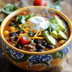- 1 pound ground beef (or ground turkey) - 1 can (15 oz) black beans, drained and rinsed - 1 can (15 oz) kidney beans, drained and rinsed - 1 can (15 oz) diced tomatoes with green chilies - 1 can (15 oz) sweet corn, drained - 1 small yellow onion, finely diced - 2 cloves garlic, minced - 1 packet taco seasoning mix - 2 cups beef broth (or vegetable broth) - 1 tablespoon olive oil - Salt and black pepper to taste - Optional toppings: sour cream, shredded cheese, avocado, and cilantro For this soup, I recommend using standard measuring cups and spoons. This helps ensure you get the right amounts. Ground beef should be about a pound. Use one can for each bean type. For liquids, two cups of broth provide a nice base. The onion should be small but diced finely to mix well. Optional toppings give your soup a personal touch. Here are some great choices: - Sour cream adds creaminess and balances spice. - Shredded cheese brings richness and melts nicely into the soup. - Avocado gives a fresh taste and healthy fats. - Cilantro adds a burst of flavor and color. Try different combinations for fun flavors! Gather all your ingredients first. This makes cooking easier and faster. You will need: - 1 pound ground beef (or ground turkey) - 1 can (15 oz) black beans, drained and rinsed - 1 can (15 oz) kidney beans, drained and rinsed - 1 can (15 oz) diced tomatoes with green chilies - 1 can (15 oz) sweet corn, drained - 1 small yellow onion, diced - 2 cloves garlic, minced - 1 packet taco seasoning mix - 2 cups beef broth (or vegetable broth) - 1 tablespoon olive oil - Salt and black pepper to taste Chop the onion and mince the garlic. This helps release their flavors when cooked. Start by heating the olive oil in a large pot over medium heat. Add the diced onion and cook for 3-4 minutes. The onion should look soft and clear. Next, add the minced garlic and stir for 30 seconds. You want to smell the garlic, not burn it. Now, raise the heat to medium-high. Carefully add your ground beef to the pot. Cook it for 5-7 minutes. Break it up with a spoon until it’s brown. Drain any fat if needed. Once the meat is ready, sprinkle in the taco seasoning mix. Stir it well to coat the meat. Let it cook for about a minute to bring out the flavor. Next, pour in your black beans, kidney beans, diced tomatoes (with juices), corn, and beef broth. Stir everything to mix well. Bring your soup to a boil, then reduce heat to low. Let it simmer for 15-20 minutes, stirring now and then. Taste and add salt and black pepper as needed. When your soup is ready, ladle it into bowls. This is the fun part! Top each bowl with your favorite garnishes. You can add a dollop of sour cream, some shredded cheese, avocado slices, or fresh cilantro. Each topping adds a unique flavor. Serve the soup hot and enjoy your flavorful comfort bowl! For a complete recipe, check out the Full Recipe. To make your taco soup burst with flavor, try these tips: - Fresh herbs: Add fresh cilantro or parsley just before serving. This fresh touch brightens the soup. - Citrus zest: A little lime or lemon zest adds a tangy kick. It wakes up the flavors. - Extra spices: Sprinkle in some cumin or chili powder. These spices deepen the flavor and give a warm touch. Cooking this soup fast is easy with the right tricks: - Prep first: Chop all your veggies and measure your ingredients before cooking. This saves time and keeps things organized. - One-pot meal: Use just one pot for cooking. It speeds up the process and makes clean-up simple. - Boost heat: If you like heat, add diced jalapeños or hot sauce when cooking. Just a little can really spice things up. Meal prepping makes life easier. Here’s how to do it right: - Double the batch: Make a big pot and store half for later. This way, you have a quick meal ready to go. - Cool first: Let the soup cool before storing. This helps avoid condensation in your container. - Label and date: Use clear containers and label them with the date. This keeps your meals organized and fresh. For the full recipe, check out the details above. Enjoy your flavorful comfort bowl of taco soup! {{image_4}} You can easily make this taco soup vegetarian. Swap the ground beef for a mix of beans. Use an extra can of black beans or chickpeas. You can also add lentils for more texture. For broth, choose vegetable broth instead of beef broth. This gives you a tasty, hearty soup without meat. Want to kick up the heat? Add fresh jalapeños or diced green chilies. You can stir in hot sauce or chili powder for more flavor. Consider using spicy taco seasoning for an extra punch. A dash of cayenne pepper can also make your soup really spicy. Just adjust the heat to your taste! If you want something different, try ground turkey or chicken. These options work great and are leaner. For a fun twist, use shredded pork or beef. You can even add cooked sausage for a smoky flavor. Each protein brings its own taste and makes the soup unique. For all these variations, you can still follow the Full Recipe to guide your cooking. After enjoying your taco soup, store leftovers in an airtight container. Make sure the soup cools down to room temperature first. Proper storage helps keep it fresh for up to three days in the fridge. If you plan to eat it later, this method works best. To reheat your taco soup, pour it into a pot over medium heat. Stir it gently to warm it evenly. You can also use a microwave. Place the soup in a microwave-safe bowl and cover it loosely. Heat in short bursts, stirring in between, until hot. Always check the temperature before serving. You can freeze taco soup for later enjoyment. Transfer the cooled soup into freezer-safe bags or containers. Leave some space at the top for expansion. Label each container with the date. This soup can last up to three months in the freezer. When ready to eat, thaw it overnight in the fridge before reheating. This method preserves the flavors well. For the full recipe, check the original recipe link. Yes, you can make this soup ahead of time. It tastes even better the next day! Just cool it down and store it in the fridge. It will stay fresh for about 3-4 days. You can also freeze it for up to three months. When ready to eat, reheat it on the stove or in the microwave. To make the soup less spicy, you can use mild taco seasoning. Look for blends labeled as mild. Another option is to add more beans or corn. This will balance the heat. You can also serve it with sour cream or yogurt. These toppings will help cool down the spice. If you want to substitute ground beef, try ground turkey or chicken. These options are leaner and lighter. You can also use lentils or quinoa for a vegetarian choice. Both add protein and texture. For a fun twist, use diced mushrooms. They add a great umami flavor. Check out the Full Recipe for more ideas! This blog post covered all the key steps to make a great soup. We discussed the ingredients, how to prepare them, and the cooking process. I shared tips to boost flavors and offered variations to suit different tastes. Lastly, we went over how to store and reheat leftovers. Remember, cooking should be fun and easy. Use these tips to make your soup a hit!