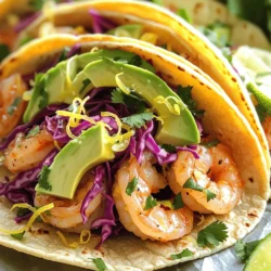 For these tacos, you'll need fresh, high-quality ingredients. Here’s what you’ll use: - 1 lb (450g) large fresh shrimp, peeled and deveined - 3 tablespoons extra virgin olive oil - 4 cloves garlic, finely minced - Zest and juice of 2 juicy lemons - 1 teaspoon smoked paprika - 1 teaspoon chili powder - Sea salt and freshly cracked pepper to taste - 8 small corn or flour tortillas - 1 cup finely shredded red cabbage - 1 ripe avocado, sliced into thin wedges - Fresh cilantro leaves, chopped, for garnish - Lime wedges, for serving These ingredients come together to create a dish full of flavor. The lemon and garlic give the shrimp a bright taste. The smoked paprika adds a nice depth, while the cabbage and avocado add crunch and creaminess. Feel free to play with your tacos! Here are some optional ingredients you can add: - Sliced jalapeños for heat - Diced tomatoes for freshness - Crumbled queso fresco for creaminess - A drizzle of spicy sauce for an extra kick These additions can give your tacos a personal touch. You can mix and match based on what you enjoy. Eating shrimp tacos can be a healthy choice. Here’s a quick look at the nutrition: - Calories: About 300 per serving - Protein: High in protein, especially from shrimp - Fats: Contains healthy fats from olive oil and avocado - Carbohydrates: Mainly from the tortillas This dish is balanced with protein, healthy fats, and carbs. It makes for a satisfying meal that won't weigh you down. Enjoy these tacos without guilt! For the full recipe, check out the details provided. To start, gather your ingredients. You will need olive oil, garlic, lemon zest, and lemon juice. Add smoked paprika, chili powder, sea salt, and pepper. In a bowl, mix these well. This marinade brings flavor to the shrimp. Then, add the shrimp. Make sure each piece gets coated. Cover the bowl with plastic wrap. Let it sit for 15-20 minutes. This time helps the flavors blend. Now, heat a large skillet on medium-high heat. When the skillet is hot, add the marinated shrimp in one layer. Cook the shrimp for about 2-3 minutes on each side. Watch for the color change. They should turn pink and opaque. This shows they're done. Once cooked, remove the skillet from heat. Set the shrimp aside while you warm your tortillas. Take another skillet and warm the tortillas. Heat them for about 30 seconds on each side. They should be soft and flexible. Now, it's time to build your tacos. Place shrimp in the center of each tortilla. Add a handful of shredded red cabbage next. Top it off with avocado slices. For a fresh touch, sprinkle chopped cilantro on top. Serve with lime wedges for that zesty kick. Enjoy your tacos! For the full recipe, check out the complete instructions. Marinating shrimp is easy and key for flavor. Start with fresh shrimp. Use a bowl to mix olive oil, garlic, lemon zest, and lemon juice. Add smoked paprika, chili powder, sea salt, and pepper. This mix is where the magic happens. Coat each shrimp well in the marinade. Let it sit for 15-20 minutes. This time lets the shrimp soak up all those zesty flavors. Warm tortillas make each bite better. If you use corn tortillas, heat them over medium heat for about 30 seconds on each side. This method keeps them soft and pliable. For flour tortillas, the same heating rule applies. You can also wrap them in foil and warm them in the oven. A good tortilla holds the filling without falling apart. Garnishes can take your tacos to the next level. Fresh cilantro adds a nice pop of color and flavor. Sliced avocado brings creaminess and richness. Shredded red cabbage gives a crunchy texture. Serve lime wedges on the side. A squeeze of lime adds brightness and zest to each bite. You can even add a drizzle of hot sauce for those who like more heat. Follow these tips to make your Zesty Lemon Garlic Shrimp Tacos shine! For a detailed guide, you can check the Full Recipe. {{image_4}} You can swap shrimp for other proteins. Chicken works great in tacos. Simply dice chicken breast and marinate it just like the shrimp. For beef lovers, try thinly sliced flank steak. Season it well and grill for a tasty twist. If you prefer fish, use a firm white fish like tilapia or cod. Just remember to adjust cooking times to ensure everything cooks evenly. If you want a meatless meal, try roasted veggies. Zucchini, bell peppers, and corn make a colorful mix. You can also use black beans or lentils. They add protein and fiber. Another great option is tofu. Marinate it with the same lemon-garlic sauce. Grill or sauté until golden. These swaps keep the tacos fresh and satisfying. You can change the flavor of your tacos easily. For a spicy kick, add diced jalapeños to the marinade. You could also sprinkle some red pepper flakes on top. If you love sweet flavors, try adding mango salsa. Fresh mango will brighten your tacos. You can also use different herbs like basil or mint instead of cilantro. Each twist offers a new taste adventure. Don't forget to check out the Full Recipe for more ideas! To keep your leftover tacos fresh, store them properly. First, separate the shrimp from the tortillas and toppings. Place the shrimp in an airtight container. Cover it tightly to keep out air. Next, store the tortillas in a separate bag or container. If you leave them together, the tortillas may get soggy. When you're ready to enjoy your leftover tacos, reheating them is key. For the shrimp, heat a skillet over medium heat. Add a splash of olive oil to prevent sticking. Cook the shrimp for about 2-3 minutes until they are warm. For the tortillas, wrap them in a damp paper towel. Heat them in the microwave for about 15-20 seconds. This keeps them soft and tasty. If you want to save your shrimp for later, freezing is a great option. Place the cooked shrimp in a freezer-safe bag. Squeeze out as much air as possible before sealing. You can freeze them for up to three months. When you are ready to use them, thaw in the fridge overnight. Reheat as mentioned before for a quick meal. This method makes meal prep easy and fun! For the full recipe, check out the detailed instructions above. I love using small corn or flour tortillas for shrimp tacos. Corn tortillas add a nice, earthy taste. They are also gluten-free. Flour tortillas are soft and chewy, perfect for holding all the tasty fillings. Both types work well, so choose what you like best! Yes, you can use frozen shrimp for these tacos. Just remember to thaw them first. Place the shrimp in a bowl of cold water for about 15-20 minutes. Once thawed, pat them dry with a paper towel before marinating. This helps the shrimp absorb more flavor. To spice up your tacos, add a pinch of cayenne pepper or a dash of hot sauce to the marinade. You can also include sliced jalapeños inside the tacos. For an extra kick, sprinkle some chili flakes on top before serving. Adjust the heat to fit your taste! For the complete method and tips, check out the Full Recipe. This blog post covered zesty lemon garlic shrimp tacos. We explored key ingredients and optional flavors. I shared steps for making the shrimp and assembling the tacos. Tips helped with marinating, cooking, and garnishing. We also discussed fun variations and smart storage tips. In final thoughts, these tacos offer flavor and fun for your meals. Enjoy making them for your friends and family!