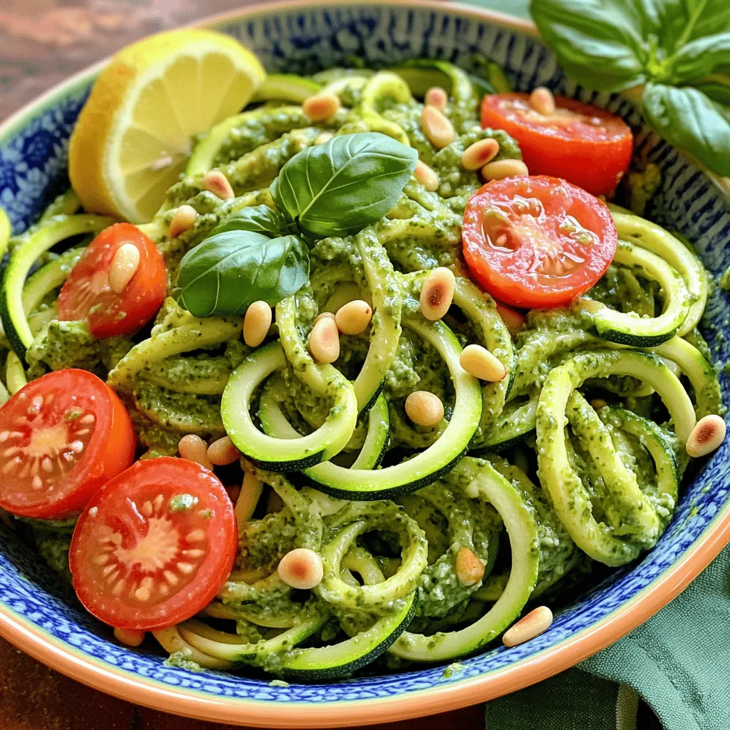 - 4 medium zucchinis, spiralized - 1 cup fresh basil leaves - 1/4 cup toasted pine nuts - 1/4 cup freshly grated Parmesan cheese - 2 cloves garlic, minced - 3 tablespoons extra virgin olive oil - Juice of 1 large lemon - Salt and black pepper to taste - 1 cup cherry tomatoes, halved (for garnish) - Additional toasted pine nuts, for garnish - Red pepper flakes for heat - Additional veggies (like bell peppers or spinach) This dish is light and healthy. Each serving has about 200 calories. The breakdown is roughly: - Carbs: 10g - Fats: 16g - Proteins: 6g When making zucchini noodles with pesto, fresh ingredients shine. Spiralizing zucchini makes a fun noodle base. You can use a spiralizer or a peeler to create thin strips. Fresh basil adds a fragrant taste to the pesto. It pairs well with the nuttiness of pine nuts. The creamy texture comes from the Parmesan cheese. Garlic enhances the dish, giving it a robust flavor. The lemon juice adds a bright note, balancing the richness of the pesto. Garnishing with cherry tomatoes adds color and freshness. Additional pine nuts can offer a nice crunch. If you want more heat, red pepper flakes are a great choice. You can also mix in other veggies for extra flavor and nutrients. For more ideas and details, check out the Full Recipe. To start, spiralizing the zucchini is fun and easy. Use a spiralizer for long, thin noodles. If you don’t have one, a vegetable peeler works too. Just slice the zucchini into thin ribbons. This gives you a great texture. Excess moisture can make your zoodles soggy. To avoid this, sprinkle salt on the noodles. Let them sit for about 10 minutes. Then, pat them dry with a paper towel. This keeps your dish light and fresh. Next, let’s make the pesto. A food processor is your best friend here. Add fresh basil leaves, toasted pine nuts, grated Parmesan, minced garlic, and lemon juice. Pulse until it’s all finely chopped. To make the pesto even better, adjust the flavors. If you like it spicy, add red pepper flakes. For a nutty taste, toss in more pine nuts. Taste it as you go, and make it your own. Now, it’s time to cook your zoodles. Heat a splash of extra virgin olive oil in a large skillet over medium heat. When the oil shimmers, add the zucchini noodles. Sauté them for about 2-3 minutes. You want them tender but still firm. Look for a bright color and slight softness. These signs tell you they are perfectly done. Don't overcook them, or they will turn mushy. Once done, mix in the pesto while the noodles are still warm. This helps the flavors blend nicely. For the full recipe, you can check the earlier section. Enjoy your cooking! How do you store leftover pesto? Store leftover pesto in an airtight container. You can add a thin layer of olive oil on top to keep it fresh. It will last in the fridge for up to one week. If you need it to last longer, freeze it in ice cube trays. Once frozen, transfer the cubes to a zip-top bag for easy use. Can you substitute nuts or cheese in pesto? Yes! You can use walnuts or cashews instead of pine nuts. If you want a nut-free option, try sunflower seeds. For cheese, you can swap Parmesan with nutritional yeast for a vegan version. Each choice will give the pesto a unique flavor. What are the best practices for sautéing zucchini noodles? Heat a small amount of olive oil in a skillet over medium heat. Add zoodles and sauté for just 2-3 minutes. Keep stirring gently to cook them evenly. This keeps them crunchy and flavorful. How do you avoid sogginess in zoodles? To prevent sogginess, do not overcook the zoodles. You can also sprinkle some salt on them before cooking. Let them sit for a few minutes to draw out excess moisture. Pat them dry with a paper towel before cooking. What are some creative serving suggestions? Serve the zoodles in bright bowls to make them pop. Add colorful cherry tomatoes and a sprig of fresh basil on top. For a fun twist, you can layer zoodles and pesto in a jar for a portable meal. How can you garnish for visual appeal? Garnish with extra toasted pine nuts for crunch. A sprinkle of lemon zest also adds color and flavor. You can even drizzle a bit of balsamic glaze for a beautiful finish. For more ideas, check out the Full Recipe. {{image_4}} You can switch up the sauce for your zucchini noodles. Try a creamy avocado sauce. Just blend ripe avocados with lemon juice, garlic, and salt. It gives a rich and smooth texture. You can also use tomato-based sauces like marinara. These add a hearty flavor. Just warm the sauce and mix it with your zoodles. Zucchini isn't the only veggie for noodles. You can use carrots or cucumbers too. They spiralize well and give a fresh taste. Cold zoodle salads are perfect for summer. Just toss your zoodles with fresh veggies and a light dressing. It's refreshing and easy to make. Boost your meal with protein! Grilled chicken or shrimp works great. Just cook them separately and add them to your zoodles. For a vegetarian option, try chickpeas. They add texture and protein. Mix them in for a balanced dish. Explore more ideas in the Full Recipe. To keep your zucchini noodles fresh, store them right away. Place them in a sealed container. Make sure the container is airtight to prevent moisture. I recommend using glass containers, as they keep food fresh longer. You can keep them in the fridge for up to three days. If you notice any water in the bottom, drain it off before eating. When it's time to eat leftovers, reheat them gently. Use a skillet over low heat. Add a splash of olive oil to prevent sticking. Stir often to warm them evenly. Avoid the microwave, as it can make them mushy. You want to keep that nice, firm texture. Can you freeze zucchini noodles? Yes, but it's best to do this before cooking them. Spiralize the zucchini and place it in a freezer bag. Squeeze out all air before sealing. They can stay in the freezer for up to three months. For pesto, you can freeze it in ice cube trays. This way, you can use small amounts as needed for future meals. You can make zucchini noodles without a spiralizer by using two easy methods. First, grab a vegetable peeler. Slice the zucchini into long, thin ribbons. This creates zoodles that mimic traditional pasta. Second, use a box grater. Grate the zucchini lengthwise to create thin strips. Both methods give you delicious noodles without fancy tools. Yes, you can eat zucchini noodles raw! They are crunchy and full of fresh flavor. Eating them raw keeps all their nutrients. You can serve them with pesto or a light dressing. Add cherry tomatoes, olives, or fresh herbs for extra taste. Try them in salads or as a fresh side dish. Seasoning zucchini noodles is fun and easy! A drizzle of olive oil and a pinch of salt works well. You can also add black pepper for some heat. Fresh herbs like basil, parsley, or cilantro brighten the dish. If you want more flavor, try garlic powder or red pepper flakes. These simple additions make your zucchini noodles truly tasty. For a full flavor experience, remember to check out the Full Recipe for zesty zucchini noodles with pesto! In this post, we explored how to make delicious zucchini noodles and pesto. We covered required and optional ingredients, step-by-step instructions, cooking tips, and tasty variations. Don’t forget to enjoy your zoodles in many ways! Experiment with sauces and proteins for fun twists. Store leftovers properly to keep them fresh. With these tips, your dishes will impress anyone. Enjoy your cooking and the tasty meals you create!