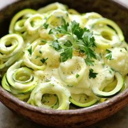 To make Zucchini Noodle Alfredo, you need these main ingredients: - 4 medium zucchinis, spiralized into noodles - 1 tablespoon extra virgin olive oil - 3 cloves garlic, finely minced - 1 cup cauliflower florets, steamed until tender - 1 cup unsweetened almond milk (or any preferred plant-based milk) - 1/4 cup nutritional yeast for cheesy flavor - 2 tablespoons tahini for creaminess - 1 teaspoon fresh lemon juice - Salt and freshly ground black pepper, to taste - Fresh parsley, chopped, for a garnish You can add a few optional ingredients to boost the taste: - A pinch of freshly grated nutmeg - A sprinkle of red pepper flakes for heat - A handful of spinach for extra greens You can switch some ingredients based on your needs: - Use coconut milk instead of almond milk for a richer flavor. - Swap cauliflower with silken tofu for a different texture. - Try using regular pasta if you prefer traditional noodles. - Add cooked chicken or shrimp for protein. For the complete experience, check the Full Recipe. To make zucchini noodles, start with fresh zucchinis. Grab four medium zucchinis. I like to spiralize them for a fun shape. You can find spiralizers easily. If you do not have one, a julienne peeler works too. Once your zucchinis are spiralized, heat 1 tablespoon of extra virgin olive oil in a large skillet over medium heat. Add 3 cloves of minced garlic and let it cook for about a minute. The garlic should smell great but not burn. Next, toss in the zucchini noodles. Cook them for 2 to 3 minutes. Stir gently to avoid breaking them. You want them to soften a bit while keeping their shape. After that, set the zucchini noodles aside. Now, it’s time to make the creamy sauce. In a high-speed blender, combine 1 cup of steamed cauliflower florets, 1 cup of unsweetened almond milk, and 1/4 cup of nutritional yeast. Add 2 tablespoons of tahini for creaminess. Do not forget 1 teaspoon of fresh lemon juice. Season with salt and black pepper to taste. If you like, add a pinch of nutmeg for an extra kick. Blend the mixture on high for 1 to 2 minutes. You want it to become smooth and creamy. This sauce is not only tasty but also healthy. Pour the creamy sauce over the zucchini noodles in the skillet. Toss everything gently over low heat. You want the noodles to get coated evenly with the sauce. Warm them through for about 1 to 2 minutes. Once everything is ready, taste it! Adjust the flavor with more salt, pepper, or lemon juice if needed. To serve, place the Zucchini Noodle Alfredo Delight in bowls. Garnish with fresh chopped parsley for color. Enjoy this creamy and comforting meal! For the complete recipe, check out the Full Recipe. To make great zucchini noodles, select firm zucchinis. Look for ones that feel heavy and have smooth skin. Spiralize them just before cooking for the best texture. If they sit too long, they can get watery. When cooking, don't overdo it. Sauté for just 2-3 minutes. This keeps them slightly crisp, which adds a nice bite to your dish. The secret to a creamy Alfredo sauce lies in the blend. Use steamed cauliflower, almond milk, and tahini. Blend them until smooth. Nutritional yeast adds a cheesy flavor without dairy. For even creamier sauce, add a bit more tahini or almond milk. If you like a tangy note, a splash of lemon juice works wonders. Serve the dish hot for the best taste. A sprinkle of fresh parsley on top adds color and flavor. For an extra pop, add a pinch of nutmeg. Pair your Zucchini Noodle Alfredo with a side salad for a fresh touch. If you want protein, grilled chicken or chickpeas make great additions. Check out the Full Recipe for Zucchini Noodle Alfredo Delight for more details! {{image_4}} You can boost the protein in Zucchini Noodle Alfredo easily. Try adding grilled chicken or shrimp. For a plant-based option, consider chickpeas or lentils. Tofu is another great choice. Cook your protein separately, then mix it in with the noodles and sauce for a complete meal. This makes your dish filling and satisfying. While the creamy sauce is amazing, you can switch things up! Try adding basil pesto for a fresh twist. A splash of coconut milk can add sweetness and depth. You can also mix in a bit of sun-dried tomato paste for a rich flavor. Experiment with spices like smoked paprika or crushed red pepper to give your dish a kick. Zucchini noodles are just the start! Add bell peppers, spinach, or mushrooms for added nutrition. You can sauté these veggies with the garlic before adding the noodles. Carrots or broccoli can also work well. This way, you create a colorful dish full of flavor and good-for-you ingredients. The more, the merrier in this comforting meal! For the full recipe, check out the Zucchini Noodle Alfredo Delight 🥒. To keep your Zucchini Noodle Alfredo fresh, place leftovers in an airtight container. Make sure to let the dish cool down before sealing to prevent moisture build-up. Store it in the fridge for up to three days. If you want to enjoy it later, proper storage is key. When reheating, I suggest using the stovetop. Place the noodles in a skillet over low heat. Add a splash of almond milk to keep it creamy. Stir gently until warmed through. Avoid high heat, as it may make the noodles soggy. This way, you keep the taste and texture just right. If you want to freeze Zucchini Noodle Alfredo, follow these steps. First, cool the dish completely. Then, transfer it into freezer-safe bags or containers. This meal can last up to three months in the freezer. When ready to eat, thaw it overnight in the fridge. Reheat gently on the stovetop for the best results. Yes, Zucchini Noodle Alfredo is healthy. Zucchini is low in calories and high in fiber. It adds nutrients without extra carbs. The creamy sauce uses cauliflower and almond milk, which are lighter than traditional cream. This dish is a great way to enjoy comfort food while staying healthy. You can use regular pasta if you prefer. However, zucchini noodles add freshness and fewer carbs. Plus, they soak up the sauce well. If you want a lighter meal, zucchini noodles are a great choice. This recipe is already vegan-friendly! It uses almond milk and nutritional yeast for creaminess and flavor. Just ensure the tahini you use is pure and not mixed with non-vegan ingredients. You can enjoy this dish without any animal products. You can serve this dish with a simple salad for a fresh touch. Garlic bread or crusty rolls also pair well. For added protein, consider grilled chicken or shrimp on the side. They complement the rich flavors of the Alfredo sauce nicely. For the full recipe, check out Zucchini Noodle Alfredo Delight. It includes all the steps to create this creamy dish with ease. Enjoy cooking! Zucchini Noodle Alfredo is a tasty dish that packs flavor and nutrition. We explored the key ingredients, easy steps, and helpful tips for success. From adding protein to making it vegan, you can customize this meal to fit your needs. Store leftovers correctly to enjoy them later. With this knowledge, you can create your own healthy version of Alfredo any time. Enjoy your cooking journey!