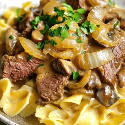 To make classic beef stroganoff, you need the following items: - 1 lb beef sirloin, sliced into thin strips - 1 medium onion, thinly sliced - 2 cloves garlic, minced - 1 cup mushrooms, sliced (either cremini or button varieties) - 1 cup beef broth - 1 cup sour cream - 2 tablespoons all-purpose flour - 2 tablespoons olive oil - 1 tablespoon Worcestershire sauce - Salt and freshly ground black pepper to taste - Fresh parsley, finely chopped (for garnish) - Cooked egg noodles or rice (for serving) You can add extra flavor with these seasonings: - A pinch of smoked paprika for warmth - A dash of mustard for a tangy bite - A few sprigs of thyme for an earthy touch - A splash of white wine for depth To make your dish look appealing, try these garnishes: - A sprinkle of fresh parsley adds color - A dollop of sour cream on top for creaminess - A few slices of pickled cucumber for crunch - Freshly cracked black pepper for a finishing touch These ingredients and tips will help you create a rich and hearty beef stroganoff. For the full recipe, check out the details above. Start by gathering all your ingredients. This makes cooking easier. You will need: - 1 lb beef sirloin, sliced into thin strips - 1 medium onion, thinly sliced - 2 cloves garlic, minced - 1 cup mushrooms, sliced - 1 cup beef broth - 1 cup sour cream - 2 tablespoons all-purpose flour - 2 tablespoons olive oil - 1 tablespoon Worcestershire sauce - Salt and freshly ground black pepper to taste - Fresh parsley, finely chopped (for garnish) - Cooked egg noodles or rice (for serving) Make sure to slice the beef and onions thin. This helps them cook quickly. Mince the garlic and slice the mushrooms, too. This prep saves time later. Heat olive oil in a large skillet over medium-high heat. Add the sliced onions and sauté for about 3-4 minutes. They should become soft and clear. Next, add the minced garlic and stir for one minute. This brings out the garlic's flavor. Now, add the beef strips to the skillet. Season with salt and pepper. Cook the beef until it turns brown on all sides. This should take about 4-5 minutes. The browning adds great flavor. Add the sliced mushrooms next. Stir them for 3-4 minutes until they soften. Sprinkle the flour over this mixture. Stir well to coat everything. This is key for a thick sauce later. Slowly pour in the beef broth while stirring. This prevents lumps. Let the mixture simmer for about 5 minutes. It should thicken a bit. Then, reduce the heat to low. Add Worcestershire sauce and sour cream. Stir gently until it blends well. Avoid boiling the sauce, as that can ruin the texture. Taste and adjust the seasoning if needed. To serve, place cooked egg noodles or rice on plates. Spoon the creamy stroganoff over the noodles or rice. For a nice touch, sprinkle finely chopped parsley on top. This adds color and a fresh taste. Enjoy your flavorful meal! For more detailed steps, refer to the Full Recipe. To get the sauce just right, use flour. It thickens the sauce and gives it body. After adding flour, stir well to coat all the meat and mushrooms. When you add the broth, do it slowly while stirring. This prevents lumps and helps create a smooth sauce. If the sauce is too thick, add a splash of broth or water. For a creamier taste, mix in more sour cream at the end. For a tasty stroganoff, choose beef sirloin or tenderloin. These cuts are tender and flavorful. Slice the beef thinly against the grain to keep it juicy. If you want a richer taste, consider using ribeye. It has more fat, which adds depth to the dish. Avoid tough cuts like chuck, as they don’t work well in this recipe. Herbs can take your stroganoff to the next level. Fresh parsley is a must for garnish. It adds color and a fresh taste. You can also use thyme or dill for extra flavor. Just chop them finely and add them to the sauce near the end. This keeps their taste vibrant. If you want a kick, try adding a pinch of paprika or a dash of mustard. These little tweaks can make a big difference. For the full recipe, check out the details above. {{image_4}} You can enjoy a tasty vegetarian version of beef stroganoff. Use mushrooms as the main ingredient. They add a meaty texture. For this dish, I recommend cremini or portobello mushrooms. Slice them thickly for a hearty bite. Cook the mushrooms just like you would the beef. Use vegetable broth instead of beef broth. Mix in your favorite plant-based sour cream for creaminess. This way, you keep the rich flavor without meat. If you want to change the sauce, consider using soy sauce or tamari. These add a nice umami flavor. You can make a dairy-free sauce by using coconut cream or cashew cream. Blend soaked cashews with water to create a smooth base. For a tangy twist, add a bit of lemon juice. This keeps the sauce rich while being dairy-free. Check the Full Recipe for more ideas on sauces. Want to spice things up? Try adding some smoked paprika for a smoky flavor. You can also toss in a pinch of cayenne pepper for heat. Fresh herbs like thyme or rosemary can bring a fresh taste. For a unique twist, add caramelized onions or sun-dried tomatoes. These ingredients add depth to your dish. Experimenting with different flavors keeps each meal exciting. To keep your Beef Stroganoff fresh, let it cool first. Place it in an airtight container. Store it in the fridge for up to three days. This keeps the flavors intact while preventing spoilage. When you are ready to enjoy your Beef Stroganoff again, reheat it on the stove. Use low heat and stir often to avoid burning. You can also add a splash of beef broth or water. This helps keep the sauce creamy and prevents it from drying out. If you want to freeze it, use a freezer-safe container. Beef Stroganoff can stay good for up to three months in the freezer. Thaw it overnight in the fridge before reheating. This method helps maintain its rich flavor and texture. Enjoy your meal later without losing taste and quality! For the full recipe, check out the original instructions. Beef Stroganoff comes from Russia. It dates back to the 19th century. The dish is named after the Stroganov family, who were rich landowners. They loved to cook and eat well. Originally, it had beef, onions, and sour cream. Today, it includes mushrooms and more flavors. Yes, you can make Beef Stroganoff ahead of time. Prepare it a day before you serve it. Store it in the fridge in an airtight container. When ready to eat, heat it gently on the stove. You may need to add a splash of broth or sour cream to keep it creamy. The best beef for Beef Stroganoff is sirloin. It is tender and cooks quickly. You can also use tenderloin or flank steak. Cut the beef into thin strips. This helps it cook evenly and stay moist. To make Beef Stroganoff gluten-free, replace the all-purpose flour. Use cornstarch or gluten-free flour instead. Mix it with a little water to create a slurry. Add this to your dish to thicken the sauce. Check that your broth and Worcestershire sauce are gluten-free as well. For the complete recipe, check out the Full Recipe. This blog post covered the key steps to making Beef Stroganoff. We explored ingredients, cooking methods, and tips for flavor. I shared ways to customize recipes, including vegetarian options. Remember to store leftovers properly for the best taste later. In conclusion, whether you prefer classic styles or new twists, this dish is versatile. I hope you feel ready to make a great Beef Stroganoff! Enjoy cooking!