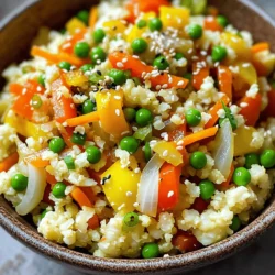 - 1 medium head of cauliflower - 2 tablespoons vegetable oil - 1 small onion - 1 bell pepper (any color) - 1 cup carrots - 1 cup green peas - 2 tablespoons soy sauce - 1 tablespoon sesame oil - Salt and pepper To make a great stir-fry, use fresh ingredients. Cauliflower is the star of this dish. When chopped, it becomes rice-like. This makes it light and healthy. You can mix it with colorful vegetables. I like using onion, bell pepper, carrots, and green peas. These add texture and bright flavors. Seasonings are key for taste. Soy sauce adds umami, while sesame oil gives a nutty flavor. Salt and pepper round out the dish. They bring all the flavors together. - Green onions - Sesame seeds Garnishes can elevate your stir-fry. Green onions add a fresh crunch. Sprinkle them on top right before serving. Sesame seeds add a lovely finish. They give a nice visual appeal and a little crunch. Don’t skip these! - Food processor - Large skillet or wok You need a few tools to make this stir-fry. A food processor helps you turn cauliflower into rice. A large skillet or wok is best for cooking. They allow for even heat and space for all the ingredients. If you have these, you are ready to start cooking! For the full recipe, check out the Crispy Cauliflower Rice Stir-Fry. To start, take one medium head of cauliflower and cut it into florets. Place the florets into a food processor. Pulse them until they look like rice. Be careful here; if you pulse too much, you will make a puree. You want fluffy, rice-like bits. Once you finish, set it aside. Next, heat 2 tablespoons of vegetable oil in a large skillet over medium-high heat. Wait until the oil shimmers, which means it’s hot enough. Add the finely diced onion and minced garlic to the skillet. Sauté these for about 2 minutes until the onion is soft and clear. Then, stir in the diced bell pepper and julienned carrots. Cook these for another 3 to 4 minutes. You want them soft but still a bit crunchy. Now it’s time to add the cauliflower rice and 1 cup of green peas to the skillet. Mix everything well to combine. Pour in 2 tablespoons of soy sauce and 1 tablespoon of sesame oil. Stir again and let it cook for about 5 to 7 minutes. The cauliflower rice should be tender but not mushy. Taste and add salt and pepper to suit your liking. Finally, remove the pan from the heat. Stir in chopped green onions for freshness. You can now enjoy this tasty cauliflower rice stir-fry! For the full recipe, check the details above. To make great cauliflower rice, start with fresh cauliflower. Look for a head that is firm and free of brown spots. A good cauliflower will give you the best texture and taste. When you process the florets, pulse them until they look like rice. This keeps them from turning mushy. If you over-process, you might get a puree. That’s not what we want for this dish. For the best flavor, use vegetable oil or sesame oil. Vegetable oil withstands high heat well. Heat the oil until it shimmers before adding other ingredients. This helps to sear the vegetables and keep them crunchy. Stir-fry in small batches if your skillet is crowded. This allows even cooking and better browning. Want to spice things up? Add some chili flakes or ginger. These can bring a nice kick to your stir-fry. You can also try different sauces. Instead of soy sauce, you can use tamari for gluten-free options. Coconut aminos or teriyaki sauce work well too. Experiment with these to find your favorite blend. For the full recipe, check out the link above. {{image_4}} Adding proteins to your cauliflower rice stir-fry makes it filling and hearty. You can use tofu for a plant-based option. Choose firm tofu for the best texture. Cut it into cubes and sauté it until golden. This adds great flavor and protein. If you prefer meat, chicken or shrimp work well too. For chicken, use boneless thighs or breasts. Cut them into small pieces and cook until golden brown. For shrimp, peel and devein them. Add shrimp when the vegetables are almost done. Cook until they turn pink. For a vegetarian or vegan dish, ensure your sauces are gluten-free. Use tamari instead of regular soy sauce. This keeps the dish safe for those with gluten allergies. You can also add more veggies for texture and taste. Consider adding broccoli, snap peas, or zucchini. These options add color and crunch to your meal. They also boost the nutrition in this tasty stir-fry. Get creative with international flavors in your stir-fry. To make an Asian-inspired dish, add ginger or hoisin sauce. These ingredients give a sweet and savory taste. You can also try different spices. For a spicy kick, toss in some chili flakes or sriracha. For a Mediterranean twist, use oregano and feta cheese. Each variation adds a unique touch to this simple recipe. Check out the Full Recipe for more ideas! To store your cauliflower rice stir-fry, let it cool first. Then, place it in an airtight container. This keeps it fresh. You should refrigerate it right away. The stir-fry stays good for about 3 to 4 days. If you notice any off smell or discoloration, it’s best to toss it. Reheating stir-fry can be easy. The best method is to use a skillet. Heat it over medium heat. Add a splash of water to help steam the dish. Stir it often to heat it evenly. Avoid the microwave if you can. It can make your stir-fry soggy. You can freeze cauliflower rice stir-fry if you have extra. First, let it cool completely. Then, use a freezer-safe container or a zip-top bag. Remove as much air as you can. This prevents freezer burn. It can last up to 2 months in the freezer. When you're ready to eat, thaw it overnight in the fridge. Reheat using the skillet method for the best results. You can use several options if you want to swap cauliflower rice. Here are some great choices: - Broccoli rice: Just process broccoli florets like cauliflower. - Shredded zucchini: Squeeze out excess water for best results. - Riced turnips: This adds a unique flavor and is low in carbs. These options keep your dish low in carbs and high in flavor. Yes! You can prepare this dish in advance. Here are some tips: - Cook the veggies: Sauté the vegetables and cauliflower rice, then cool them. - Store properly: Keep in an airtight container in the fridge. - Best time to cook: Try to eat it within 3 days for the best taste. You can reheat it on the stove or in the microwave when ready to serve. Yes, this recipe can be gluten-free. Here’s how to ensure it stays that way: - Use tamari instead of soy sauce for a gluten-free option. - Check labels on your sauces to avoid hidden gluten. You can enjoy a tasty meal without gluten worries! This blog post showed you how to make tasty cauliflower rice stir-fry. We covered the main ingredients, like cauliflower and veggies, and shared easy step-by-step instructions. Tips helped you perfect your dish, while variations offered fun ideas to change things up. Remember to store leftovers properly and reheat them without making them soggy. With this guide, you can enjoy a healthy, flavorful meal anytime. Experiment with the tips, and have fun in the kitchen!