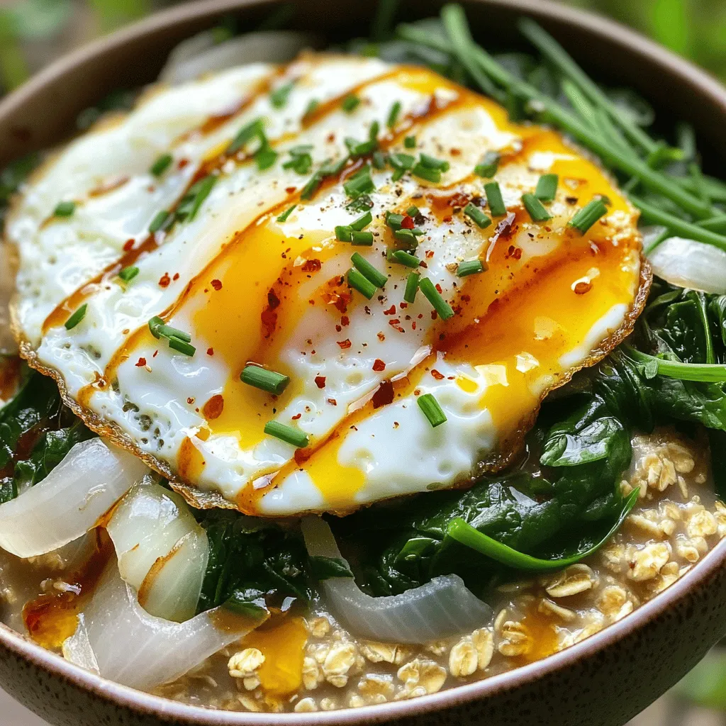 - 1 cup rolled oats - 2 cups vegetable broth (or water) - 1 tablespoon olive oil - 1 small onion, finely diced - 2 cloves garlic, minced - 1 teaspoon soy sauce - 1 cup fresh spinach, chopped - 2 large eggs - Optional toppings: - Crushed red pepper flakes - Fresh herbs (like chives or parsley) For this savory oatmeal with egg, I start with rolled oats. They give a hearty base. Using vegetable broth or water adds flavor and moisture. A splash of olive oil brings richness to the dish. Next, I enhance the flavor with diced onion and minced garlic. These ingredients make the oatmeal aromatic and tasty. A little soy sauce adds a savory kick. For freshness, I toss in chopped spinach. It not only brightens the dish but also packs in nutrients. Finally, I crown my savory oatmeal with perfectly fried eggs. They add protein and a creamy texture. Sprinkling on crushed red pepper flakes or fresh herbs can elevate the dish even more. Whether you want a bit of heat or a pop of color, these toppings make it special. For the complete recipe, check out the [Full Recipe]. 1. First, take a medium saucepan. Pour in 2 cups of vegetable broth or water. Heat it over medium heat until it boils. 2. When the broth is boiling, add 1 cup of rolled oats. Stir well, then lower the heat to a gentle simmer. Cook for about 5 minutes. Stir occasionally until the oats are tender and creamy. 1. While the oatmeal cooks, grab a separate skillet. Pour in 1 tablespoon of olive oil and heat it over medium heat. 2. Add 1 small diced onion to the skillet. Sauté for 3-4 minutes until it turns translucent and lightly golden. 3. Next, add 2 minced garlic cloves and cook for 1 more minute. The garlic should smell great. 4. Now, toss in 1 cup of chopped spinach. Stir it in and cook for about 2-3 minutes until it wilts and looks vibrant. 5. Drizzle in 1 teaspoon of soy sauce. Season the mix with salt and freshly cracked black pepper to taste. Remove it from heat and set aside. 1. In another small non-stick pan, fry 2 large eggs. Cook them to your desired doneness. For a classic touch, try sunny-side up or over-easy. 2. Once the oatmeal is ready, mix in the sautéed onion, garlic, and spinach. Stir until everything is combined well. 3. Spoon the savory oatmeal into two bowls. Top each bowl with a perfectly fried egg. 4. If you like some heat, sprinkle crushed red pepper flakes on the eggs. Finish by adding fresh herbs for extra color and flavor. For a full recipe, check out the detailed guide to make this dish perfectly every time! Simmering time is key for creamy oatmeal. I recommend cooking rolled oats for about five minutes. This gives them time to soften and absorb liquid. If you want a creamier texture, add more broth or water while cooking. Adjusting your liquid is easy. Just add a little at a time until you reach your desired consistency. Spices and herbs can elevate your savory oatmeal. I love using garlic powder and black pepper for a warm touch. Fresh herbs like chives or parsley brighten the dish. If you crave more depth, try adding a dash of smoked paprika. For alternative sauces, soy sauce is a classic choice. You can also use tamari for a gluten-free option. Sriracha adds a fun kick if you like heat! Serving your oatmeal well makes it more appealing. Use a deep bowl to show off the layers. A slice of lemon on the side adds a burst of color and zest. Garnish with fresh herbs for a pop of green. You can even drizzle a bit of extra olive oil on top for shine. These little touches make a big difference in how your meal looks and feels. {{image_4}} You can switch up the base of your savory oatmeal. Quinoa works well as a grain alternative. It cooks quickly and adds protein. Barley is another choice that gives a chewy texture. For those avoiding gluten, try using gluten-free oats. They provide a similar taste while keeping your meal safe. If you're looking to boost protein, consider adding tofu. It's a great vegetarian option that absorbs flavors well. You can sauté it with the veggies for extra taste. For meat lovers, crispy bacon or sausage can elevate your dish. These add a savory crunch that pairs well with the creamy oats. Want to spice things up? Add chilies or hot sauce to make your oatmeal fiery. You can mix in sriracha or red pepper flakes for an extra kick. If you prefer something sweet, try topping your oatmeal with a drizzle of honey or maple syrup. This twist makes it a delightful breakfast or brunch option. Experiment with these variations to find your perfect bowl of savory oatmeal. Enjoy the process and let your taste buds guide you! For the complete recipe, check out the [Full Recipe]. To keep your savory oatmeal fresh, store it in an airtight container. Place it in the fridge within two hours after cooking. This helps to keep harmful bacteria at bay. Your savory oatmeal should stay good for up to four days. When you’re ready to eat, reheat it on the stove. Add a splash of broth or water to help it warm evenly. Stir it often to avoid sticking. You can also use the microwave, but check every 30 seconds to make sure it heats through. You can make a big batch of savory oatmeal for meal prep. Cook it as usual and divide it into portions. Store each portion in a sealed container. This makes it easy to grab and go during busy mornings. If you want to freeze it, let the oatmeal cool completely first. Then, place it in freezer-safe bags or containers. It will last for about three months in the freezer. When you're ready to eat, thaw it in the fridge overnight before reheating. Your savory oatmeal with egg will stay fresh in the fridge for about four days. If you freeze it, you can enjoy it for up to three months. Watch for signs of spoilage. If the oatmeal smells sour or has an off color, it’s best to toss it. Always trust your senses; they guide you well in the kitchen. To make this dish healthier, you can reduce the olive oil used in the recipe. Try using just half a tablespoon or none at all. You can also substitute the eggs with egg whites for a lower fat option. This keeps the meal light while still being tasty. Yes, you can use instant oats. However, they cook faster and have a softer texture. You should reduce the cooking time to about 1-2 minutes. Instant oats will be less chewy than rolled oats but will still work in this recipe. There are many tasty toppings you can add to your savory oatmeal. Consider these options: - Avocado slices for creaminess - Cherry tomatoes for a burst of flavor - Feta cheese for a salty kick - Sautéed mushrooms for umami depth - Cooked bacon or sausage for extra protein Feel free to mix and match these toppings for a unique twist! For the full recipe, check out the details above. This article covered how to make savory oatmeal with egg. We explored main ingredients like oats, broth, and oil, as well as flavor enhancers such as onion and garlic. Cooking steps guide you through oatmeal, vegetables, and eggs. Tips help perfect texture and flavor. We discussed variations with different grains and proteins. Finally, we shared storage info to keep your meal fresh. Now, you can create your own tasty bowls, mixing flavors to fit your taste. Enjoy your cooking adventure!