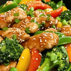 - Chicken breast - Honey - Soy sauce - Garlic and ginger - Vegetables (bell pepper, broccoli, snap peas) I love using chicken breast for this dish because it cooks quickly and stays juicy. Honey adds a sweet touch that balances the saltiness of soy sauce. Garlic and ginger bring bold flavors that make this meal truly special. I like to mix in colorful vegetables like bell pepper, broccoli, and snap peas. They add crunch and nutrients, making my stir-fry tasty and healthy. - Sesame seeds - Green onions For a fun finish, I sprinkle on sesame seeds and green onions. This adds a nice texture and fresh flavor. You can skip them, but I think they make the dish pop! - Vegetable oil - Salt and pepper Having the right cooking essentials is key. I use vegetable oil for frying since it has a high smoke point. Don’t forget to season with salt and pepper to boost the flavors. For the complete recipe, check out the Full Recipe. First, we need to marinate the chicken. In a medium bowl, mix honey, soy sauce, minced garlic, and grated ginger. This mix creates a sweet and savory sauce. Add the chicken strips to the bowl and toss them well to coat. Cover the bowl and let the chicken marinate for at least 15 minutes. This step helps the chicken soak up all the flavors. Next, heat the oil in a large skillet or wok over medium-high heat. Make sure the oil is hot but not smoking. This temperature helps the chicken cook evenly. Add the marinated chicken to the skillet. Stir-fry the chicken for about 5 to 7 minutes. Keep stirring frequently until the chicken turns golden brown and is fully cooked. A sprinkle of salt and pepper adds flavor. Now it's time to add the vegetables. Toss in the sliced bell pepper, broccoli florets, and snap peas. Stir-fry them with the chicken for another 3 to 4 minutes. This keeps the veggies vibrant and crunchy. You want them to be tender but still crisp. This way, you enjoy the full flavor and nutrients. For the complete cooking steps, check the Full Recipe. To ensure your chicken is cooked through, cut it into thin strips. This helps the chicken cook quickly and evenly. Always stir-fry it until it turns golden brown with no pink inside. Use a meat thermometer if you're unsure; chicken should reach 165°F (75°C). When you adjust cooking times for different vegetables, remember that each type has its own cooking time. For example, bell peppers cook fast, while broccoli takes a bit longer. Add the quick-cooking veggies later in the process. This way, they stay crisp and full of color. To add more flavor, think about spices like black pepper or red pepper flakes. A pinch of crushed red pepper can give the dish a nice kick. You might also try adding a splash of rice vinegar for extra tang. Incorporating other sauces can create new flavors. Try adding teriyaki sauce for a sweet twist, or a dash of oyster sauce for umami. You can mix and match to find the perfect balance for your taste. Pair your honey garlic chicken stir-fry with fluffy jasmine rice or whole grain quinoa. Both options soak up the sauce nicely and balance the flavors. For a fun presentation, serve the stir-fry in a large bowl. Top it with extra sesame seeds and chopped green onions. It makes the dish look vibrant and inviting. Consider adding lime wedges on the side for an extra burst of freshness. You can find the full recipe for this dish to explore more delicious ideas. {{image_4}} You can swap chicken for other proteins. Beef or tofu works well in this dish. If using beef, slice it thinly for quick cooking. For tofu, choose firm or extra-firm tofu for a better texture. When cooking beef, stir-fry for about 4-5 minutes until it browns. If using tofu, cook it for around 5-7 minutes until golden. Adjust the cooking time based on the protein you choose. Feel free to mix up the vegetables in your stir-fry. Carrots, snap peas, and mushrooms add great flavor. You can also try snow peas or zucchini for a fresh twist. Seasonal veggies are great too. In spring, add asparagus or peas. In fall, consider using butternut squash or Brussels sprouts. This keeps your dish vibrant and full of nutrients. Want some heat? Add chili sauce to your honey garlic sauce. This gives your meal a spicy kick. Just a teaspoon or two can make a big difference. If you want a low-calorie option, skip the sugar. The honey adds sweetness, so you can reduce the amount for a lighter dish. For a tangy twist, try adding a splash of rice vinegar. For the full recipe, check out the complete guide on Honey Garlic Chicken Stir-Fry. To store leftover stir-fry, let it cool first. Place it in a clean, airtight container. This helps keep it fresh. I recommend using glass or plastic containers with tight lids. Store in the fridge for up to three days. When reheating, use the stove or microwave. The stove helps maintain texture. Heat in a pan over medium heat. Stir often for even warming. If using a microwave, cover the dish to keep moisture. Heat in short bursts, checking often. You can freeze the stir-fry for longer storage. Use a freezer-safe container or bag. Remove as much air as you can to prevent freezer burn. It lasts up to three months in the freezer. To thaw, place it in the fridge overnight before reheating. You can also use the microwave on defrost mode for quick thawing. Then, reheat it on the stove for best results. Enjoy your meal later with all the great flavors intact! For the full recipe, check the details above. The best way to cook chicken for stir-fry is to slice it thinly. Thin strips cook quickly and evenly. Use a hot skillet or wok with oil to sear the chicken. This method gives you a nice brown color, which adds flavor. Always stir the chicken to avoid burning. Cook it for about 5-7 minutes until it's no longer pink. Yes, you can make honey garlic chicken stir-fry ahead of time. It’s great for meal prep. Cook the chicken and vegetables, then store them in an airtight container. You can refrigerate it for up to three days. When ready to eat, just reheat in a skillet or microwave. Add a splash of water to keep it moist. Making homemade honey garlic sauce is simple. Mix these ingredients in a bowl: - 2 tablespoons honey - 3 tablespoons soy sauce - 3 cloves garlic, minced - 1 tablespoon fresh ginger, grated Combine everything well. You can adjust the sweetness by adding more honey. This sauce is great for stir-fry, including the honey garlic chicken stir-fry. For the full recipe, check out the details above. This blog post covered how to make a tasty honey garlic chicken stir-fry. We discussed the main ingredients like chicken, honey, and fresh veggies. I shared step-by-step cooking instructions and useful tips to enhance flavor and presentation. In summary, you now have a fun and easy recipe that you can customize. Try different proteins, veggies, or sauces to make it your own. Enjoy cooking and sharing this dish with friends and family!