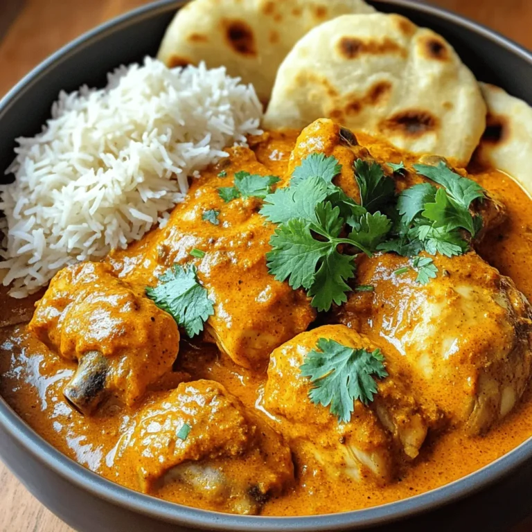 - 1.5 lbs boneless, skinless chicken thighs, cut into bite-sized pieces - 1 medium onion, finely chopped - 4 cloves garlic, minced - 1 tablespoon fresh ginger, grated - 2 tablespoons garam masala - 1 tablespoon ground cumin - 1 tablespoon ground coriander - 1 teaspoon turmeric powder - 1 teaspoon paprika - 1 can (15 oz) crushed tomatoes - 1 cup coconut milk - 2 tablespoons plain yogurt - 2 tablespoons olive oil - Salt and pepper to taste In this dish, chicken thighs steal the show. They stay juicy and tender during cooking. The aromatics, like onion, garlic, and ginger, give the dish a fragrant base. The spices—garam masala, cumin, coriander, turmeric, and paprika—create that classic tikka masala flavor you crave. The liquids, crushed tomatoes, and coconut milk, bring everything together, making a creamy, rich sauce. Finally, the yogurt adds extra creaminess at the end, enhancing the dish's richness. - Fresh cilantro, chopped - Lemon wedges Garnishes play a big role too. Fresh cilantro adds a bright taste and color. A squeeze of lemon juice gives a nice zing. These little touches make your dish pop. - Cooked basmati rice - Warm naan bread To serve, I recommend pairing your Chicken Tikka Masala with fluffy basmati rice or warm naan bread. Both options are perfect for soaking up that delicious sauce. You can find the Full Recipe for complete cooking details and tips. - Combine 1.5 lbs of chicken thighs, 1 chopped onion, 4 cloves of minced garlic, and 1 tablespoon of grated ginger in a large bowl. - Use your hands or a spoon to mix everything thoroughly. This step ensures the chicken is well-coated with the onion, garlic, and ginger. - In a separate bowl, combine 2 tablespoons of garam masala, 1 tablespoon of ground cumin, 1 tablespoon of ground coriander, 1 teaspoon of turmeric powder, and 1 teaspoon of paprika. - Make sure the spices are evenly mixed. This spice blend brings out the rich flavors in your dish. - Carefully transfer the chicken mixture into the slow cooker. - Pour in 1 can of crushed tomatoes and 1 cup of coconut milk, then stir everything together. - Drizzle 2 tablespoons of olive oil on top, then secure the lid on the slow cooker. - Select your cooking time: cook on low for 6-8 hours or on high for 3-4 hours. This slow cooking allows all the flavors to meld beautifully. - About 30 minutes before serving, mix in 2 tablespoons of plain yogurt for creaminess. - Taste the dish and adjust any seasoning if needed. - Garnish with fresh cilantro before serving with warm naan or basmati rice. For the full recipe, check out the detailed instructions to enjoy this flavorful dish. Marinating chicken is key for rich taste. It allows spices to soak in deeply. When you marinate, the chicken becomes more tender. For this dish, even a short marinating time can boost flavor. You can add yogurt for extra creaminess and tang. Adjust the spices to match your taste. If you prefer heat, add more garam masala or a pinch of cayenne. Start small, and taste as you go. The sauce should be thick and creamy. If it is too runny, you can thicken it. Cook it longer with the lid off for some time. Adding yogurt at the end helps create the desired richness. Make sure to stir it in gently. It will blend perfectly, giving a velvety finish. This step is crucial for that classic tikka masala feel. Timing is vital for tender chicken. For the best results, cook on low for 6-8 hours. This long cooking time allows flavors to develop. If you are short on time, high for 3-4 hours works too. To know when it’s done, check the chicken. It should be tender and easily shred with a fork. Always use a meat thermometer to ensure it reaches 165°F. This way, you can be sure it’s fully cooked and safe to eat. {{image_4}} You can use chicken breast or thighs for this dish. Chicken thighs add more flavor and stay juicy. If you prefer chicken breast, it works too. For a vegetarian option, try tofu or paneer. These proteins soak up the rich sauce well. Adding veggies makes the dish even better. Spinach and bell peppers add color and nutrition. You can mix them in when cooking. Experimenting with spices is fun too. Cardamom adds warmth, while cinnamon brings sweetness. You can adjust these spices to fit your taste. If you need a dairy-free version, use coconut yogurt instead of plain yogurt. It keeps the creaminess without dairy. For gluten-free options, serve with rice or gluten-free naan. Be sure to check all labels for hidden gluten. Following these tips allows everyone to enjoy this dish. Check out the Full Recipe for more ideas! To store leftovers of Chicken Tikka Masala, let it cool down. Place it in an airtight container. This helps keep it fresh and tasty. I recommend glass containers. They do not hold odors and are easy to clean. To freeze Chicken Tikka Masala, first, allow it to cool. Then, pour it into freezer-safe bags or containers. Remove as much air as possible to prevent freezer burn. To reheat, thaw it in the fridge overnight. Then, heat it on the stovetop or microwave until it’s hot. This keeps the flavors rich and delicious. In the fridge, Chicken Tikka Masala lasts about 3 to 4 days. If you freeze it, it lasts up to 3 months. When reusing leftovers, check for any changes in smell or color. You can also repurpose it by adding it to wraps or rice bowls for a quick meal. You can serve Chicken Tikka Masala with several delicious sides. The traditional pairings include: - Cooked basmati rice - Warm naan bread These sides soak up the rich sauce. They also balance the spices in the dish. You can also add side dishes that complement the flavors, such as: - Cucumber raita: This cool yogurt dip calms the heat. - Roasted vegetables: Carrots and bell peppers add a nice crunch. - A simple green salad: This adds freshness and lightness. Yes, you can make this recipe in advance. Here are some tips for meal prep and storage: - Prepare the chicken mixture and spices a day ahead. Store them in the fridge, covered. - Cook the dish in the slow cooker as usual. Let it cool before storing leftovers. To reheat for best quality: - Use a pot on the stove over low heat. Stir often to avoid sticking. - You can also microwave it in short bursts. Just cover it to keep moisture in. To make your Chicken Tikka Masala spicier, try these suggestions: - Add more garam masala or chili powder. Start with a little and taste as you go. - You can also add fresh chopped green chilies for a direct heat. For spice alternatives, consider: - Jalapeños: They add heat without changing the flavor much. - Red pepper flakes: They give a nice kick and are easy to add. Yes, Chicken Tikka Masala can be gluten-free. Here’s how: - Use gluten-free ingredients like coconut milk and spices. Most spices do not contain gluten, but check the labels. - Ensure that any yogurt you use is gluten-free as well. To guarantee a complete gluten-free dish, serve it with gluten-free sides. Options include rice or gluten-free naan. Enjoy your meal without worry! In this blog post, we explored how to make Chicken Tikka Masala with simple steps. We covered the main ingredients and optional garnishes that enhance flavor. You learned how to prepare the chicken mixture, create a spice blend, and slow cook for tender results. Tips on adjusting flavors and storage ensure your meal is perfect. You can even adapt the recipe to fit different diets. Enjoy your culinary journey with Chicken Tikka Masala, and don't be afraid to experiment! Your taste buds will thank you.
