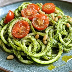 - 4 medium zucchinis - 1 cup fresh basil leaves - 1/4 cup pine nuts, toasted - 1/4 cup grated Parmesan cheese - 2 cloves garlic, minced - 1/4 cup extra virgin olive oil - Salt and pepper to taste - 1 cup cherry tomatoes, halved (for garnish) - Optional: Red pepper flakes (for an extra kick) To make zucchini noodles with pesto, you need fresh ingredients. The zucchinis give you that perfect noodle texture. Fresh basil adds vibrant flavor. Toasted pine nuts give a nice crunch. Grated Parmesan cheese adds richness. Garlic gives it that warm, aromatic touch. Extra virgin olive oil helps blend everything into a smooth sauce. Don't forget the salt and pepper to bring out the flavors. For garnishing, I like using halved cherry tomatoes. They add color and freshness to your dish. If you enjoy heat, add red pepper flakes for a spicy kick. This recipe is not just about the ingredients; it's about how they come together. With each bite, you'll taste the care and love you put into it. You can find the full recipe to guide you through this delicious journey. To start, you need to spiralize the zucchini. This makes long, fun noodle-like strands. Use a spiralizer, which is the easiest tool for this job. If you don’t have one, no worries! You can slice the zucchini lengthwise into thin strips. Then, cut those strips into smaller noodle-sized pieces. Set your zucchini noodles aside, ready to be cooked. Next, we will make the pesto. In a food processor, combine fresh basil leaves, toasted pine nuts, grated Parmesan cheese, and minced garlic. Blend this mixture until it becomes evenly chopped, but keep some texture. This gives your pesto great flavor. While the food processor runs, slowly add extra virgin olive oil. This helps create a smooth sauce. Finally, taste your pesto and season it with salt and pepper. If you want some heat, mix in red pepper flakes for an extra kick. Now, let’s cook the zucchini noodles. Heat a large skillet over medium heat. Add the zucchini noodles and sauté them for about 2-3 minutes. Stir gently until they become soft but still a bit crisp. You want them al dente, so watch the time closely. After cooking, take the skillet off the heat. Quickly add the freshly made pesto to the noodles. Toss them well until every noodle is coated in that vibrant sauce. For the full recipe, check out the details above. Enjoy your delicious creation! To get the best texture, cook the zucchini noodles for just 2-3 minutes. This brief cook time keeps them al dente, meaning they stay firm and do not turn mushy. Stir them gently while cooking to ensure even heat. Excess moisture can ruin the dish. To prevent this, use a spiralizer to create thin noodles. If you use a knife, slice them thinly. After cutting, let them sit on a paper towel for a few minutes. This will help absorb any extra water. You can make your pesto special by adding nuts like walnuts or almonds. These add a nice crunch and depth of flavor. Spices like black pepper or red pepper flakes can also give your pesto a kick. For a perfect meal, pair your pesto with cherry tomatoes or grilled chicken. The sweetness of the tomatoes balances the pesto's richness. You can also add spinach or arugula for extra greens. For the full recipe, check out the Zesty Zucchini Noodles with Pesto. {{image_4}} You can add protein to your zucchini noodles for a heartier meal. Here are some tasty options: - Chicken: Grilled or shredded chicken works well. It adds great flavor. - Shrimp: Sauté shrimp until pink and toss them in with the noodles. - Tofu: For a plant-based choice, try crispy tofu cubes. They soak up the pesto nicely. Adding seasonal veggies can boost the taste and color of your dish. Here are some ideas: - Bell Peppers: Slice them thin and add for crunch and sweetness. - Spinach: Toss in fresh spinach at the end. It wilts quickly and adds nutrients. - Carrots: Shred or spiralize carrots for a touch of sweetness. If you want to try something different, here are some pesto alternatives: - Sun-Dried Tomato Pesto: Rich and tangy, this option adds a unique flavor. - Spinach Pesto: Swap basil for spinach for a milder taste and a vibrant green color. - Nut-Free Pesto: Skip the nuts and use seeds like sunflower seeds for a tasty option. Feel free to mix and match these ideas to create a dish that you love. For the full recipe, check out Zesty Zucchini Noodles with Pesto. To keep your zucchini noodles and pesto fresh, store them separately. Place leftovers in airtight containers. Zucchini noodles can last about 3 days in the fridge. Pesto stays good for about a week. If you notice any darkening, that’s normal for pesto. Just give it a good stir before using. Freezing is a great option if you want to save some zucchini noodles or pesto. For zucchini noodles, place them in a single layer on a baking sheet. Freeze them for a few hours until firm, then transfer to a zip-top bag. They can keep for up to 3 months. For pesto, pour it into ice cube trays. Freeze until solid, then pop the cubes into a bag. This way, you can use just what you need. Reheating zucchini noodles needs care, as they can get mushy. I recommend using a skillet over medium heat. Add a splash of water and cook the noodles for a few minutes until warm. For pesto, gently warm it in a small pan. Avoid boiling, as high heat can change the flavor. Always taste and adjust seasoning before serving. Enjoy your meal! Yes, you can use store-bought pesto. It saves time and still tastes great. Look for brands with fresh ingredients. You want a good balance of flavor without too many additives. If you want a quick meal, store-bought is a perfect choice. Zucchini noodles last about 3 to 5 days in the fridge. Keep them in an airtight container. It helps to keep them fresh longer. If you notice any moisture, you can pat them dry with a paper towel. This keeps them from getting soggy. If you need a substitute for pine nuts, use walnuts or sunflower seeds. Both options add good flavor to your pesto. You can also try cashews for a creamier texture. Each nut gives a unique twist, so feel free to experiment! You've learned how to make delicious zucchini noodles topped with fresh pesto. We covered the main ingredients, steps for prep, and tips to enhance your dish. Remember, perfecting the texture of zucchini noodles is key. Don't hesitate to experiment with protein add-ins or seasonal veggies for even more flavor. Store your leftovers properly and enjoy them later. I hope you feel inspired to try this dish today!