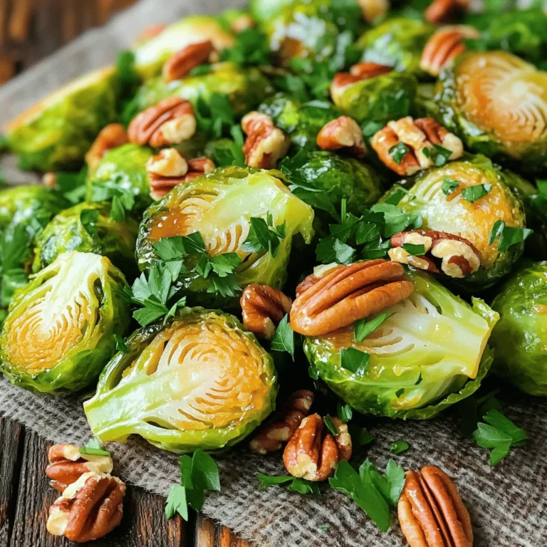 - 1 pound Brussels sprouts, trimmed and cut in half - Fresh parsley, chopped, for garnish (optional) - 3 tablespoons extra virgin olive oil - 2 tablespoons pure maple syrup - 1 tablespoon Dijon mustard - 1 teaspoon garlic powder - 1 teaspoon sea salt - 1/2 teaspoon freshly ground black pepper - 1/4 cup pecans, roughly chopped (for added crunch) When making Maple Dijon Roasted Brussels Sprouts, start with fresh Brussels sprouts. Choose sprouts that are bright green and firm. Trim them well and cut them in half to help them cook evenly. Next, gather your pantry staples. Extra virgin olive oil adds richness. Pure maple syrup brings sweetness. Dijon mustard adds a nice tang. Garlic powder, sea salt, and black pepper enhance all these flavors. If you want a crunch, consider adding pecans. They give a great texture contrast. You can also sprinkle fresh parsley on top after roasting for a pop of color. For the full recipe, check out the details provided above. - Preheat oven to 400°F (200°C). - Prepare a baking sheet with parchment paper. In a large bowl, combine: - 3 tablespoons extra virgin olive oil - 2 tablespoons pure maple syrup - 1 tablespoon Dijon mustard - 1 teaspoon garlic powder - 1 teaspoon sea salt - 1/2 teaspoon freshly ground black pepper Whisk these ingredients together. You want a smooth, thick sauce that coats well. Toss the halved Brussels sprouts in the maple Dijon mixture. Make sure each sprout is coated. Spread them out evenly on the baking sheet. If you want a crunch, sprinkle 1/4 cup of chopped pecans on top before roasting. Place the baking sheet in your preheated oven. Roast for 25-30 minutes. Stir halfway through. This helps them roast evenly and get that nice golden color. They are done when they look caramelized and are fork-tender. Want to know a secret? The sweet and tangy flavor of the maple syrup pairs perfectly with the savory mustard. You can find the full recipe in the earlier part of this article. Enjoy your tasty creation! To get the best Brussels sprouts, make sure they have space on the baking sheet. If they are too close, they will steam instead of roast. Even spacing allows them to brown nicely. You can tell they are done when they turn golden brown and are fork-tender. A little bit of caramelization adds great flavor. Want to spice things up? You can add a pinch of smoked paprika or a dash of cayenne for heat. These spices work well with the maple and Dijon flavors. For garnishing, fresh parsley adds a pop of color and freshness. You could also sprinkle some grated Parmesan cheese on top for a savory touch. Use a sturdy baking sheet for even heating. A rimmed baking sheet helps keep everything in place while roasting. For mixing, a large bowl makes it easy to toss the Brussels sprouts. A spatula is great for serving them up without breaking them. You can find these items in most kitchens or at local stores. {{image_4}} You can make your Brussels sprouts even more exciting! Try adding smoked paprika for a smoky flavor. If you like heat, sprinkle in some cayenne pepper. For a sweet twist, use balsamic vinegar. This adds a nice tangy note that pairs well with the maple syrup. If you want a change from Brussels sprouts, try cauliflower or green beans. Both options roast well and absorb flavors nicely. You can also swap pecans for walnuts or almonds for a different crunch. Each nut brings its unique taste to the dish. For a vegan version, replace the honey with maple syrup. This keeps the dish sweet without any animal products. If you need it gluten-free, check your Dijon mustard. Most brands are gluten-free, but it’s good to double-check. For low-carb options, you can use fewer Brussels sprouts and add more nuts. This makes a filling dish without too many carbs. For the full recipe, check out the complete details above. To store leftover Maple Dijon Roasted Brussels sprouts, let them cool. Place them in an airtight container. This keeps them fresh and tasty. You can use glass or plastic containers with lids. They work well for storage. When you reheat Brussels sprouts, you want them crisp, not mushy. The best way is to use an oven. Preheat it to 350°F (175°C). Spread the sprouts on a baking sheet. Heat them for about 10-15 minutes. This method helps keep their flavor and texture. You can freeze Brussels sprouts, but they need some care. First, blanch them in boiling water for two minutes. Then, cool them quickly in ice water. Drain well and place them in freezer bags. Remove as much air as possible before sealing. When it's time to use them, thaw in the fridge overnight. This keeps their quality. For additional recipes, check the Full Recipe for more details. Trimming Brussels sprouts is easy. Start with fresh sprouts. Remove any yellow or damaged leaves. Cut off the stem end. Then, slice each sprout in half. This helps them cook evenly and get crispy in the oven. Yes, you can make this dish vegan! Replace the honey or maple syrup with agave syrup. Use a vegan mustard if you can find it. This keeps the flavor while fitting a vegan diet. Soggy Brussels sprouts often come from excess moisture. To avoid this, ensure they are dry before roasting. Give them space on the baking sheet. Overcrowding traps steam. Stir them halfway through cooking for even roasting. Cooked Brussels sprouts can last about 3 to 5 days in the fridge. Store them in an airtight container. This keeps them fresh and tasty for your next meal. For longer storage, consider freezing them. For the full recipe, check out the Maple Dijon Roasted Brussels Sprouts section. This blog post provided a complete guide for making Maple Dijon Roasted Brussels Sprouts. We covered fresh ingredients, pantry staples, and some fun add-ins. The step-by-step instructions made cooking easy, while tips and tricks helped you achieve the perfect roast. You also learned about variations and how to store leftovers properly. By trying different flavors and adjustments, you can make this dish your own. Enjoy your delicious, healthy Brussels sprouts and share them with others!