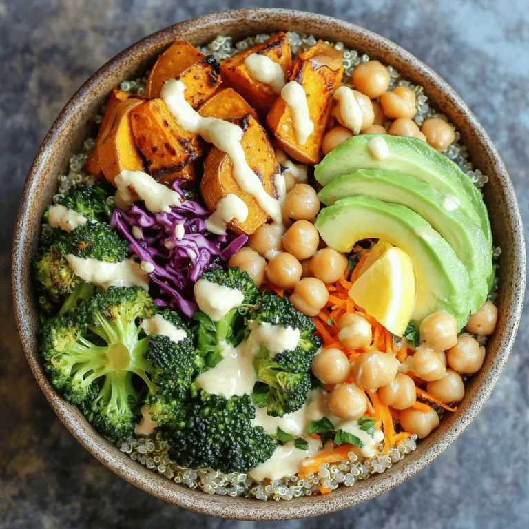 To make a delicious Vegan Buddha Bowl, you need: - 1 cup quinoa, thoroughly rinsed - 2 cups vegetable broth - 1 cup chickpeas, either canned (drained and rinsed) or cooked - 1 medium sweet potato, peeled and diced into ½-inch cubes - 1 cup broccoli florets, fresh - 1 ripe avocado, sliced - 1 cup red cabbage, finely shredded - 1 large carrot, grated - 2 tablespoons olive oil (divided) - 1 teaspoon smoked paprika - Salt and freshly ground pepper to taste - Fresh lemon juice, for drizzling (about half a lemon) - 2 tablespoons tahini - Additional water to thin tahini, if needed These ingredients create a colorful and filling meal. Each item adds unique taste and texture. You can make your Buddha Bowl even better by adding: - Roasted nuts or seeds for crunch - Fresh herbs like parsley or cilantro for brightness - Pickled vegetables for tang - Diced bell peppers or cucumbers for freshness - Hot sauce for heat Try mixing and matching these add-ins. They help personalize your bowl and boost flavor. Each key ingredient offers great nutrition: - Quinoa: High in protein and fiber. It helps keep you full. - Chickpeas: Packed with protein and vitamins. They support muscle health. - Sweet Potatoes: Full of beta-carotene and fiber. They are good for vision. - Broccoli: Rich in vitamins C and K. It boosts your immune system. - Avocado: Provides healthy fats and fiber. It supports heart health. These ingredients work together to create a balanced meal. Enjoy the flavors while nourishing your body. For the full recipe, check out the detailed instructions. To make the quinoa, start by rinsing 1 cup of quinoa under cold water. This step removes any bitter taste. In a medium saucepan, mix the rinsed quinoa with 2 cups of vegetable broth. Bring the mix to a boil over high heat. Once it boils, lower the heat to a gentle simmer, and cover the pan with a lid. Let it cook for about 15 minutes until all the liquid is absorbed. Fluff the quinoa with a fork and let it rest, covered, for an extra 5 minutes. This makes it light and fluffy. Next, you will roast the sweet potatoes. Preheat your oven to 400°F (200°C). Take one medium sweet potato, peel it, and cut it into ½-inch cubes. On a parchment-lined baking tray, mix the sweet potato with 1 tablespoon of olive oil, 1 teaspoon of smoked paprika, salt, and pepper. Toss to coat the cubes evenly. Spread them out in a single layer. Roast for about 25 minutes, turning halfway, until they are tender and slightly caramelized. This step brings out their natural sweetness. Now, let’s prepare the broccoli. Bring a pot of salted water to a rolling boil. Add 1 cup of fresh broccoli florets to the pot. Blanch the broccoli for 1 to 2 minutes until it turns bright green and is tender-crisp. After that, quickly transfer the broccoli to a bowl of ice water. This stops the cooking and keeps the color vibrant. Let it sit for a few minutes, then drain and set it aside. This method keeps the broccoli fresh and crunchy. For the full recipe with all the steps, check the Full Recipe. To make fluffy quinoa, rinse it well before cooking. This removes the bitter coating. Use two cups of vegetable broth for one cup of quinoa. Bring it to a boil, then lower the heat. Cover it and let it simmer for about 15 minutes. Once done, fluff it with a fork. Let it sit for another five minutes off the heat. To make a tasty tahini dressing, mix two tablespoons of tahini with a little water. This makes it smooth and creamy. Add a pinch of salt to boost the flavor. Fresh lemon juice adds brightness. You can adjust the thickness by adding more water. This dressing brings the whole bowl together. A balanced meal should have a good mix of grains, veggies, and protein. For each bowl, use about half a cup of quinoa. Add one cup each of roasted sweet potato and chickpeas. Include a handful of broccoli and some fresh avocado. This gives you a well-rounded and filling meal. You can adjust the sizes based on your hunger. Enjoy your vibrant vegan Buddha bowl! {{image_4}} You can switch up your grain base for fun. Quinoa is great, but try brown rice or farro. Both give a nice chewy texture. If you want something lighter, use cauliflower rice. It brings a fresh taste and fewer carbs. Each grain adds its own flavor and nutrients. Seasonal veggies can keep your Buddha bowl exciting. In spring, use asparagus or snap peas for a crisp bite. In summer, add ripe tomatoes or zucchini for sweetness. Fall brings pumpkin and kale. Winter is perfect for hearty root vegetables like beets and turnips. Tailoring your bowl to the season makes it fresh and vibrant. Chickpeas are a great source of protein, but you have options. Try black beans for a different flavor profile. Tofu adds a nice texture and absorbs flavors well. For those who eat nuts, add almonds or walnuts for a crunchy twist. You can even use tempeh for a nutty taste and extra protein. This allows everyone to enjoy a Buddha bowl that suits their needs. To store leftovers, let the Buddha bowl cool first. Place the bowl in an airtight container. This helps keep your meal fresh. Store it in the fridge for up to three days. If you want to keep it longer, consider freezing the components. You can freeze quinoa and roasted sweet potatoes. Just remember to label your containers with dates. Meal prep can save time and make healthy eating easy. Cook a big batch of quinoa and roasted sweet potatoes at the start of the week. Store them in separate containers. This way, you can mix and match your meals. For added flavor, chop veggies in advance. Keep your tahini dressing in another small container. This keeps everything fresh and ready to use. When you’re ready to eat, reheat your Buddha bowl in the microwave. Heat it for about 1-2 minutes. If you want to keep the veggies crisp, heat the quinoa and sweet potatoes separately. Add fresh avocado and dressing after reheating. This keeps the flavors bright and fresh. Enjoy your meal like it was just made! A Vegan Buddha Bowl is a colorful and healthy meal. It features grains, veggies, and protein. You can customize it with your favorite ingredients. The bowl is often topped with a tasty dressing. This dish looks beautiful and tastes great. It is perfect for lunch or dinner. Yes, you can make this recipe gluten-free. Use gluten-free grains like quinoa or brown rice. Check that your tahini is gluten-free too. Most fresh vegetables and chickpeas are gluten-free. Always read labels to be sure. A Buddha bowl can last in the fridge for about three days. Store it in an airtight container. Keep the dressing separate until ready to eat. This way, your bowl stays fresh and tasty. Absolutely! You can add more protein options. Try tempeh, tofu, or lentils. You can also sprinkle some nuts or seeds on top. These options make your bowl even more filling. You can swap chickpeas for other beans. Black beans or kidney beans work well. You can also use lentils for a different taste. Each choice adds its own flavor and texture. Yes, a Vegan Buddha Bowl can support weight loss. It is full of nutrients and fiber. This helps you feel full longer. Plus, it is low in calories when you choose healthy ingredients. To boost flavor, add spices and herbs. Garlic powder, cumin, or fresh herbs work great. You can also use a zesty dressing. A squeeze of lemon brightens up the whole dish. Yes, you can easily meal prep this dish. Make a big batch and store it. Divide it into containers for easy lunches. Just add the dressing when you are ready to eat. You can use many different veggies in a Buddha bowl. Try bell peppers, spinach, or kale. Seasonal vegetables like zucchini or squash are great too. Mix and match for variety. Store tahini dressing in a sealed jar. Keep it in the fridge for about a week. If it thickens, just add a bit of water to thin it out. - 1 cup quinoa, thoroughly rinsed - 2 cups vegetable broth - 1 cup chickpeas, either canned (drained and rinsed) or cooked - 1 medium sweet potato, peeled and diced into ½-inch cubes - 1 cup broccoli florets, fresh - 1 ripe avocado, sliced - 1 cup red cabbage, finely shredded - 1 large carrot, grated - 2 tablespoons olive oil (divided) - 1 teaspoon smoked paprika - Salt and freshly ground pepper to taste - Fresh lemon juice, for drizzling (about half a lemon) - 2 tablespoons tahini - Additional water to thin tahini, if needed 1. Preheat the Oven: Start by preheating your oven to 400°F (200°C). This step is key to roasting the sweet potatoes perfectly. 2. Prepare the Sweet Potato: On a parchment-lined baking tray, add diced sweet potato. Mix in 1 tablespoon of olive oil, smoked paprika, a pinch of salt, and freshly ground pepper. Toss everything well. Spread the sweet potato in a single layer. Roast for about 25 minutes, turning halfway, until tender and caramelized. 3. Cook the Quinoa: In a medium saucepan, combine rinsed quinoa and vegetable broth. Bring to a vigorous boil. Reduce heat to low, cover, and let it simmer for 15 minutes. Once the liquid is absorbed, fluff the quinoa with a fork and let it sit for another 5 minutes. 4. Blanch the Broccoli: Boil salted water in a pot. Add broccoli florets and blanch for 1-2 minutes until bright green and tender-crisp. Quickly transfer to ice water to stop cooking. After a few minutes, drain and set aside. 5. Prepare the Bowl Ingredients: In a large serving bowl, layer ingredients. Start with quinoa, then add roasted sweet potatoes, blanched broccoli, chickpeas, avocado slices, shredded red cabbage, and grated carrot. 6. Make the Tahini Dressing: In a small bowl, mix tahini with a splash of water to make it smooth. Stir until creamy. Add more water if needed and season with salt. 7. Assemble the Bowl: Drizzle fresh lemon juice over the ingredients. Add tahini dressing on top for extra flavor. 8. Serve: Enjoy your Buddha bowl fresh. You can also divide it into containers for meal prep. - Prep Time: 15 minutes - Total Time: 50 minutes - Servings: 2 For a beautiful presentation, arrange the ingredients neatly. Garnish with microgreens or sesame seeds for a pop of color! In this post, we explored how to make a great Vegan Buddha Bowl. We covered essential ingredients, steps to prepare key components, and tips for a tasty meal. You can customize your bowl with different grains and seasonal veggies. Remember to focus on portion sizes for balance. Proper storage keeps leftovers fresh and tasty. With these ideas, you can create a vibrant meal for any diet. Enjoy your cooking adventure and savor the flavors!
