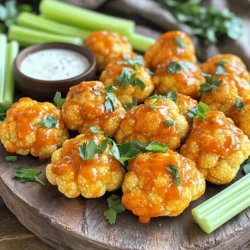 To make Buffalo Cauliflower Bites, you need simple ingredients. Here’s what you’ll need: - 1 medium head of cauliflower, cut into bite-sized florets - 1 cup all-purpose flour - 1 cup almond milk (or any preferred plant-based milk) - 1 teaspoon garlic powder - 1 teaspoon onion powder - 1 teaspoon smoked paprika - 1/2 teaspoon salt - 1/2 teaspoon black pepper - 1 cup buffalo sauce - 2 tablespoons melted vegan butter (optional for added richness) - Fresh parsley, finely chopped for garnish - Celery sticks and ranch dressing for serving These ingredients come together to create a spicy, tasty treat. They provide flavor and texture that everyone loves. You can add extras to make your bites unique. Here are some options: - A pinch of cayenne pepper for more heat - A tablespoon of nutritional yeast for a cheesy flavor - Chopped green onions for a fresh twist - Ground flaxseed mixed with water as a binding agent Feel free to mix and match these ingredients based on your taste. If you have dietary needs, don't worry! You can easily adjust this recipe. Here are some swaps: - Use gluten-free flour instead of all-purpose flour - Replace almond milk with coconut or soy milk - Choose a gluten-free buffalo sauce These substitutions keep the flavors while making the dish friendly for your diet. Enjoy creating your Buffalo Cauliflower Bites! For the full recipe, check out the detailed steps above. Start by preheating your oven to 450°F (230°C). This high heat helps make the bites crispy. While the oven heats, prepare a baking sheet by lining it with parchment paper. This step makes cleanup easy and keeps the bites from sticking. In a large bowl, mix together 1 cup of flour, 1 teaspoon of garlic powder, 1 teaspoon of onion powder, 1 teaspoon of smoked paprika, 1/2 teaspoon of salt, and 1/2 teaspoon of black pepper. These spices give great flavor. Slowly add 1 cup of almond milk to the mix. Whisk it until smooth. Next, take each cauliflower floret and dip it into the batter. Make sure each piece gets a good coat. Place the coated florets on the lined baking sheet, making sure they do not touch. This helps them cook evenly. Now, it’s time to bake. Place the baking sheet in the preheated oven. Let the cauliflower bake for about 20-25 minutes. Check them halfway and flip the florets. This step ensures they bake evenly and become golden brown. As they bake, you can prepare the buffalo sauce. In a bowl, mix 1 cup of buffalo sauce with 2 tablespoons of melted vegan butter. The butter adds a nice richness, but it’s optional if you want to keep it simple. Once the cauliflower is crispy, take them out of the oven. Immediately toss the hot florets in the buffalo sauce until each piece is coated. After that, return the coated cauliflower to the baking sheet. Bake them for an extra 10 minutes. This final bake will make them even crispier and enhance the flavor. After the last bake, let the bites cool for a moment. Transfer them to a serving dish and garnish with fresh parsley. This adds a nice touch of color. Enjoy your spicy buffalo cauliflower bites! For the full recipe, refer to [Full Recipe]. To get the best coating on your cauliflower, start with dry florets. Pat them down with a towel to remove moisture. This helps the batter stick well. Dip each floret into the batter fully. Ensure every side is coated. This way, each bite bursts with flavor. Want to take your Buffalo cauliflower bites up a notch? Consider adding spices like cayenne pepper for extra heat. You can also mix in some nutritional yeast for a cheesy flavor. Don't forget to adjust the garlic and onion powder to suit your taste. Experiment with these additions to find your perfect balance. Achieving that perfect crispiness is key. Make sure to space out the florets on the baking sheet. They should not touch each other; this allows the air to circulate. Flip the florets halfway through baking to cook them evenly. For an extra crunch, bake them a little longer during the second round after tossing with buffalo sauce. {{image_4}} To turn up the heat, add more spice to your Buffalo cauliflower bites. You can mix in cayenne pepper or a hot sauce of your choice into the buffalo sauce. Try using a spicy garlic sauce for a unique twist. You can even sprinkle chili flakes over the bites before baking. This will give them an extra kick that heat lovers will enjoy. You can easily change the flavor of your bites. Consider adding different spices to your batter. For an Italian twist, mix in dried oregano and basil. For a smoky flavor, use chipotle powder instead of smoked paprika. You can also toss in some grated Parmesan cheese to the batter for a cheesy touch. These simple changes can create many taste profiles that suit your mood. If you want a healthier option, try air frying your cauliflower. Air frying gives a crispy texture without all the oil. Set your air fryer to 400°F (200°C). Cook them for about 15-20 minutes, shaking the basket halfway through. You can also grill the cauliflower for a smoky flavor. Just brush them with oil and grill until tender. Both methods keep the bites delicious while adding variety to your cooking. To store your Buffalo Cauliflower Bites, let them cool first. Place them in an airtight container. Keep the container in the fridge. They will stay fresh for about 3 days. If you want to keep them longer, freezing is a great option. When you're ready to enjoy your leftovers, preheat your oven to 350°F (175°C). Place the cauliflower bites on a baking sheet. Bake for about 10-15 minutes. This will help them regain their crispiness. You can also use an air fryer at 350°F for 5-7 minutes for quick reheating. To freeze Buffalo Cauliflower Bites, arrange them on a baking sheet in a single layer. Freeze them for 1-2 hours until they are solid. Then, transfer them to a freezer-safe bag. They can last up to 3 months in the freezer. When you’re ready to eat, bake them straight from frozen. Just add a few extra minutes to the baking time. Enjoy! To make Buffalo Cauliflower Bites gluten-free, use gluten-free flour. Almond flour or chickpea flour works well. Just swap it for regular flour in the recipe. The rest of the ingredients are naturally gluten-free, so you can enjoy them with no worries. Buffalo Cauliflower Bites taste great with many dipping sauces. Classic ranch dressing is a favorite, as it cools the heat. Blue cheese dressing adds a rich flavor. You can also try vegan sour cream or a yogurt dip for a lighter option. Yes, you can prepare these bites ahead of time. You can coat the cauliflower and store it in the fridge for a few hours. When you are ready to bake, just follow the cooking steps. This makes it easy for parties or game day snacks. Buffalo Cauliflower Bites are a healthier snack choice. Each serving has about 120 calories. They are low in carbs and high in fiber. You can enjoy them guilt-free while getting some vitamins and minerals from cauliflower. To change the spice level, adjust the amount of buffalo sauce. For a milder flavor, use less sauce or mix in a little honey. If you crave more heat, add cayenne pepper or hot sauce to the batter. This allows you to find your perfect level of spice. We explored the best ingredients, steps, and tips for making Buffalo Cauliflower Bites. You can customize them to fit your tastes and dietary needs. Remember, you can enjoy them spicy or mild, and they’re perfect as a snack or a side dish. If you follow the right steps, your bites will be crispy and full of flavor. Now, use these ideas to create your own delicious version! Enjoy cooking and sharing with your friends and family.