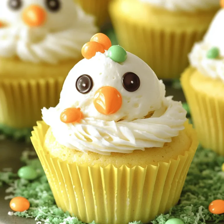 To make delightful Easter Chicks Cupcakes, you'll need to gather your ingredients. Here’s what you will need: - 1 ¾ cups all-purpose flour - 1 cup granulated sugar - ½ cup unsalted butter, softened - ½ cup whole milk - 3 large eggs, at room temperature - 2 teaspoons baking powder - 1 teaspoon pure vanilla extract - ½ teaspoon salt - Yellow food coloring - For the Buttercream Frosting: - 1 cup unsalted butter, softened - 4 cups powdered sugar - 2 tablespoons milk - 1 teaspoon pure vanilla extract - Orange candy melts (for making beaks) - Mini chocolate chips (for eyes) - Optional: Green coconut flakes (for grass decoration) These ingredients are simple, but they come together to create something magical. The yellow food coloring is key for that cute chick look. The butter in both the cake and frosting adds richness. The candy melts and mini chocolate chips create fun features that bring these cupcakes to life. For the full recipe, follow the steps closely to ensure success. Each element is important, so gather everything before you start. Happy baking! - Preheat the oven to 350°F (175°C). - Line your cupcake tin with yellow liners for a cheerful look. - In a bowl, whisk together flour, baking powder, and salt. - In another bowl, cream the butter and sugar until fluffy. - Add eggs, milk, and vanilla, mixing until smooth. - Gradually mix the dry ingredients into the wet mixture. - Add yellow food coloring to brighten the batter. - Fill each liner with batter about two-thirds full. - Bake for 18-20 minutes, checking with a toothpick for doneness. - Transfer cupcakes to a wire rack to cool completely. - While they cool, prepare the buttercream frosting. - Cut orange candy melts into small triangles for beaks. - Press the candy melts into the frosting for beaks. - Use mini chocolate chips for eyes by gently pressing them in. - Optionally, add coconut flakes around the base for grass. These steps guide you through making delightful Easter Chicks Cupcakes. For the full recipe, refer to the detailed instructions provided earlier. Enjoy your baking adventure! To make great cupcakes, start with the right mix. Avoid overmixing the batter. This keeps the cupcakes light and fluffy. To achieve this, mix until just combined. The batter should be a little lumpy, and that’s okay! For a perfect cupcake texture, use room temperature ingredients. Eggs and milk blend better when they are not cold. This helps your cupcakes rise evenly. Once baked, cooling is key. Transfer the cupcakes to a wire rack after five minutes. Let them cool completely before frosting. This ensures the frosting stays smooth and does not melt. To get a smooth buttercream, beat the softened butter first. Ensure it is creamy with no lumps. Gradually add powdered sugar, mixing well. Alternate adding milk for a fluffy texture. Use a piping bag for decoration. A large round tip works best for a swirl effect. This gives your cupcakes a lovely and fun look. Get creative with the chick features! Use orange candy melts for beaks. Cut small triangles and press them into the frosting. For eyes, use mini chocolate chips. They fit perfectly and look cute. Try different toppings! You can add colored sprinkles or edible glitter for fun. Use green coconut flakes to mimic grass around the base. This adds a festive touch. You can find the full recipe [here]. {{image_4}} You can make Easter Chicks Cupcakes in different flavors. Here are two fun ideas: - Chocolate Easter Chicks Cupcakes: Swap the all-purpose flour for cocoa powder. This gives the cupcake a rich chocolate flavor. Use the same steps from the vanilla recipe. You can still decorate them like chicks! - Lemon-flavored cupcakes: Add lemon zest and lemon juice to the batter. This gives a fresh, tangy taste. It pairs well with the buttercream frosting. Just imagine the bright yellow chicks with a zesty twist! Want to make these cupcakes for special diets? Here are some ideas: - Gluten-free alternatives: Use a gluten-free flour blend instead of all-purpose flour. This will keep the cupcakes soft and tasty. - Dairy-free options: Replace the butter with coconut oil or a dairy-free butter substitute. Use almond milk or oat milk in place of regular milk. This way, everyone can enjoy these treats! You can get creative with how you decorate your cupcakes. Here are some fun options: - Different animal themes: Instead of chicks, try bunnies or other animals. Use different colors and shapes for their features. - Seasonal variations: Change the theme based on the season. For Halloween, make spooky cupcakes with ghostly decorations. For spring, use pastel colors and flowers. These variations make every cupcake unique and fun! You can follow the Full Recipe for the base cupcake instructions and then mix and match these ideas. To keep your Easter Chicks Cupcakes fresh, store them in an airtight container. This helps prevent them from drying out. The best temperature for storing is at room temperature. Avoid placing them in direct sunlight or heat, as this can ruin the frosting. If you want to save some cupcakes for later, freezing works well. First, let the cupcakes cool completely. Then, wrap each cupcake in plastic wrap. Place them in a freezer-safe bag or container. When you want to enjoy one, thaw it in the fridge overnight. For the best taste, eat them within three months. Easter Chicks Cupcakes last about three days at room temperature. If stored in the fridge, they can last up to a week. Signs of spoilage include a dry texture or off smell. If you see mold, it's time to toss them out. Enjoy your treats while they are fresh for the best taste! To make Easter Chicks Cupcakes, start by preheating your oven to 350°F (175°C). Line a cupcake tin with yellow liners for a fun touch. Mix flour, baking powder, and salt in a bowl. In another bowl, cream butter and sugar until light. Add eggs, milk, and vanilla. Slowly mix the dry ingredients into the wet ones, adding yellow food coloring until you like the shade. Fill the liners two-thirds full with batter, then bake for 18-20 minutes. Cool the cupcakes on a wire rack. Frost them with buttercream and add decorations for cute chicks. You can find the Full Recipe for detailed steps. Yes, you can use store-bought decorations if you're short on time. Look for yellow frosting or cute edible eyes. You can find candy melts, sprinkles, and cupcake toppers at most stores. Using these saves time and still makes your cupcakes look great. Feel free to mix and match store-bought items with your homemade touches. If you need a butter substitute for frosting, try using vegetable shortening or coconut oil. You can also use vegan butter for a dairy-free option. These alternatives will still give you a creamy texture. Just keep in mind that they may change the taste slightly. Adjust the sugar and vanilla to suit your flavor needs. Cupcakes last about 2-3 days at room temperature. Store them in an airtight container. If you keep them in the fridge, they can last up to a week. Just remember to let them come to room temperature before serving. Always check for signs of spoilage, like a change in smell or texture. Absolutely! You can customize chick colors using different food coloring. Instead of yellow, try using pink, blue, or green hues for a unique look. You can even mix colors to create fun patterns. Just add a few drops of food coloring to your batter and frosting until you get the desired shade. Let your creativity shine! In this blog post, I shared how to make fun Easter Chicks Cupcakes using simple ingredients. You learned the steps for mixing, baking, and decorating these treats. I also covered tips for achieving great texture and various flavor options. Remember, creativity makes your cupcakes unique. Have fun customizing colors and designs. Enjoy making these cupcakes and sharing them with family and friends! Happy baking!