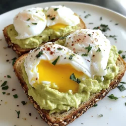 - 2 slices of whole-grain bread - 1 ripe avocado - 2 large eggs - 1 tablespoon fresh lemon juice - Sea salt and freshly cracked black pepper, to taste - 1/4 teaspoon red pepper flakes - 1 tablespoon extra-virgin olive oil - Fresh herbs for garnish (cilantro or parsley) To create a delicious savory avocado toast with a poached egg, you will need a few key ingredients. Start with two slices of whole-grain bread. This bread gives the toast a hearty base and adds fiber. Next, grab a ripe avocado. The creaminess of the avocado elevates the dish. You'll also need two large eggs for poaching. For flavor, add a tablespoon of fresh lemon juice. This juice enhances the avocado's taste and keeps it bright. Don’t forget sea salt and freshly cracked black pepper to season your mash. If you want a bit of heat, consider including optional red pepper flakes. A drizzle of extra-virgin olive oil adds richness. Lastly, fresh herbs like cilantro or parsley make for a lovely garnish. For the full recipe, check the details below. Start by toasting the two slices of whole-grain bread. Use a toaster or a grill. Toast them until they turn golden brown and crispy. This crispiness adds a great texture to the dish. While the bread toasts, take your ripe avocado. Cut it in half and remove the pit. Scoop the green flesh into a bowl. Add one tablespoon of fresh lemon juice. It helps keep the color bright and adds flavor. Now, mash the avocado with a fork. You can make it as smooth or chunky as you like. Season the mixture with a pinch of sea salt and fresh black pepper. Taste it to adjust the seasoning if needed. Fill a medium-sized saucepan with water. Make sure it covers the eggs by about an inch. Heat the water until it simmers gently; you should see small bubbles. Crack each egg into a small bowl first. This helps keep the egg intact. Once the water simmers, gently slide in each egg. Poach them for about 3-4 minutes for a runny yolk. If you want a firmer yolk, add another minute. Once the bread is toasted and the avocado mash is ready, it’s time to assemble. Spread the avocado mix generously on each slice of toast. Make sure to reach the edges for a full bite. Drizzle some extra-virgin olive oil on top. If you like a bit of heat, sprinkle red pepper flakes over the avocado. Carefully lift the poached eggs from the water with a slotted spoon. Allow excess water to drain. Place one poached egg gently on each slice of toast. Be careful not to break the yolk. Finally, season with a little more salt and pepper. Top with chopped fresh herbs like cilantro or parsley for a pop of color and flavor. Enjoy your savory avocado toast with poached egg right away! For a full recipe, check out [Full Recipe]. To make a great poached egg, start with fresh eggs. Fresh eggs hold their shape better. Use a medium-sized pot and fill it with water, about 3 inches deep. Heat the water until it simmers gently. Don't let it boil. Add a splash of vinegar to help the egg whites stay together. Crack each egg into a small bowl first. This way, you can slide it in gently. Create a swirl in the water with a spoon before adding the egg. This helps the whites wrap around the yolk. Poach for 3 to 4 minutes. For a firmer yolk, add an extra minute. When selecting avocados, look for ones that feel slightly soft when squeezed. They should not be overly mushy. Check the skin color; a dark green or black hue usually indicates ripeness. Avoid any avocados with large dark spots. If they're hard, leave them at room temperature to ripen. You can speed up the process by placing them in a brown paper bag with an apple or banana. This traps ethylene gas and helps them ripen faster. You can add more flavor to your avocado toast with simple toppings. Try adding sliced tomatoes for freshness, or goat cheese for creaminess. A sprinkle of radish slices adds a nice crunch. For a kick, consider adding chili flakes or hot sauce. Fresh herbs like cilantro or parsley bring a burst of color and taste. A drizzle of balsamic glaze can add a sweet touch. Don't be afraid to mix and match! {{image_4}} If you want a vegan version of avocado toast, switch the eggs. Try using tofu instead. You can scramble firm tofu with spices for a tasty topping. Another option is to use chickpea flour to create a savory chickpea scramble. Both choices give a nice texture and flavor without eggs. You can use many types of bread for this dish. Whole-grain bread is popular, but you can also try sourdough or rye. If you need gluten-free options, look for gluten-free bread made from almond or coconut flour. This can still give you a satisfying crunch. To make your toast more exciting, try different toppings. Smoked salmon pairs well with avocado, adding a salty taste. Sliced tomatoes or radishes add a fresh crunch. You can also sprinkle feta cheese or nutritional yeast for an extra layer of flavor. Experiment with your favorite toppings to find your perfect combo. To keep leftover avocado mash fresh, store it in an airtight container. Press plastic wrap directly onto the mash before sealing the lid. This helps reduce air and slow down browning. Use it within one day for the best taste. If you notice dark spots, simply scrape them off and enjoy the rest. Reheating toast can be tricky. To keep it tasty, pop it back in the toaster for a short time. You can also place it in a hot skillet for a few seconds on each side. Avoid using the microwave, as it can make the toast soggy. You can freeze prepared avocado mash, but with some care. Scoop the mash into a freezer-safe bag. Press out as much air as you can. It will stay fresh for about three months. When ready to use, thaw it overnight in the fridge. Give it a good mix before serving. Toasts cannot be frozen, so make those fresh! For the full recipe, check out the details above. You want your poached eggs to be soft and runny. A good way to check is by timing. Set a timer for 3-4 minutes. If you like a firmer yolk, add a minute. Gently poke the egg with a spoon. It should feel slightly firm yet still soft. If it feels hard, it is overcooked. Yes, you can prep parts of this dish in advance. Make the avocado mash and store it in a sealed container. To keep it fresh, add a little lemon juice. However, I recommend poaching the eggs right before serving. They taste best when fresh. Avocado toast is packed with nutrients. Here are some benefits: - Avocado: Full of healthy fats, fiber, and vitamins. It helps your heart and keeps you full. - Eggs: Great source of protein, vitamins, and minerals. They support muscle health. - Whole-grain bread: Provides fiber and energy, good for digestion. Overall, this dish is a balanced meal full of good stuff. To make this dish gluten-free, choose gluten-free bread. Many brands offer tasty options. Look for whole-grain or seed-based bread for added nutrients. You can also use lettuce wraps for a low-carb choice. Just be sure to check labels for gluten-free certifications. Avocado toast is simple yet packed with flavor. You learned about key ingredients like whole-grain bread, ripe avocados, and poached eggs. I shared tips for perfect poaching and selecting ripe avocados. Variations allow for dietary needs, from vegan to gluten-free. Remember to store leftovers wisely to keep them fresh. By following these steps and tips, you can craft a delicious meal tailored to your taste. Enjoy your cooking journey with this healthy dish!