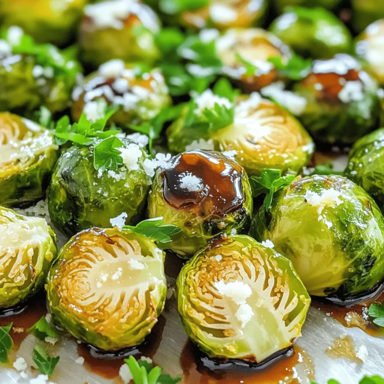 - 1 lb Brussels sprouts - 3 tablespoons balsamic vinegar - 2 tablespoons honey - 2 tablespoons olive oil - 2 cloves garlic, minced - Salt and black pepper - ¼ cup grated Parmesan cheese - 1 tablespoon chopped fresh parsley for garnish - Baking sheet - Mixing bowl - Small saucepan Using fresh Brussels sprouts makes a big difference in flavor. When buying them, look for firm, bright green sprouts. Try to avoid any that are yellow or wilted. You can choose to use optional ingredients, like cheese and parsley. The cheese adds a rich taste, while parsley gives a fresh look. Make sure you have the right tools ready. A baking sheet helps the sprouts roast evenly. A mixing bowl is great for tossing the sprouts with oil and seasoning. The saucepan is for making the glaze. For the full recipe, check out the Balsamic Bliss Brussels Sprouts. Enjoy cooking! - Preheat the oven to 400°F (200°C). - Halve the Brussels sprouts and prepare the seasoning mix. First, you want to get your oven nice and hot. Preheating helps the Brussels sprouts roast evenly. Next, take your Brussels sprouts and cut them in half. This helps them cook faster and allows the edges to get crispy. In a large mixing bowl, add the halved sprouts along with olive oil, minced garlic, salt, and black pepper. Toss everything together until the sprouts are well-coated. - Transfer seasoned sprouts to a baking sheet. - Roast for 20-25 minutes, stirring halfway. Now, spread the seasoned Brussels sprouts on a baking sheet. Make sure they are in a single layer for even cooking. Place them in the preheated oven and roast for 20 to 25 minutes. Halfway through, take them out and give them a good stir. This step helps them brown nicely on all sides. You want them to be golden brown and fork-tender when they’re done. - Combine balsamic vinegar and honey in a saucepan. - Simmer until thickened, about 3-5 minutes. While the sprouts roast, let’s make the balsamic glaze. In a small saucepan, add balsamic vinegar and honey. Set the heat to low and stir the mixture. Let it simmer for about 3 to 5 minutes. You want it to thicken and become syrupy. This glaze will add a sweet and tangy flavor that pairs perfectly with the sprouts. - Drizzle glaze over roasted sprouts. - Optionally add Parmesan cheese and return to oven. Once the Brussels sprouts are done, drizzle that lovely glaze over them. Toss the sprouts gently to coat them well. If you want an extra touch, sprinkle some grated Parmesan cheese on top. It adds a savory flavor that really enhances the dish. If you choose to add cheese, pop them back in the oven for an additional 2 to 3 minutes until the cheese melts. For the final touch, sprinkle some fresh parsley for color and flavor. Enjoy this savory delight! - Ensure even spacing on the baking sheet: Give the sprouts room. If they are too close, they will steam instead of roast. This step helps them brown nicely. - Stir halfway through roasting for better browning: Turn the sprouts during cooking. This helps them get golden on all sides and ensures they cook evenly. - How to achieve the perfect glaze thickness: When you make the glaze, let it simmer until it thickens. You want it to coat the sprouts well. If it is too thin, it won’t stick. - Adjusting sweetness with more or less honey: If you like it sweeter, add a bit more honey. If you want it less sweet, cut back on the honey. Taste as you go to find your perfect balance. - Ideal pairings with main dishes: These Brussels sprouts work well with chicken, beef, or fish. They also taste great beside pasta dishes. - Creative serving ideas for presentation: Serve the sprouts in a nice bowl. Drizzle extra balsamic glaze on top. Add a sprinkle of parsley for a pop of color. This makes the dish look just as good as it tastes! {{image_4}} You can make your Balsamic Glazed Brussels Sprouts even better. Try adding spices like red pepper flakes for heat. A pinch of smoked paprika gives a nice depth. Fresh herbs like thyme or rosemary add freshness and aroma. You can also swap honey for maple syrup or agave for a different sweetness. Each choice changes the taste and keeps things fun. To make this dish plant-based, skip the Parmesan cheese. Nutritional yeast can provide a cheesy flavor without dairy. You can also use vegan cheese if you prefer. This keeps your dish creamy and savory while being fully vegan-friendly. It’s a great way to enjoy Brussels sprouts without animal products. Every season brings its own veggies. In spring, add asparagus or peas for a bright touch. Summer is great for corn or tomatoes, which add sweetness. Fall brings butternut squash, which pairs nicely with the glaze. In winter, try adding roasted carrots or beets. Adjust spices as seasons change. For example, warm spices like cinnamon work well in colder months. This keeps your dish fresh and exciting all year long. To store leftover Brussels sprouts, use an airtight container. Glass containers work best as they keep the flavor locked in. You can store them in the refrigerator for up to four days. If you want to keep them longer, freezing is a great option. Place them in a freezer-safe bag, and they can last for up to three months. When reheating, aim to keep the sprouts crispy. The best method is to use the oven. Preheat it to 350°F (175°C) and spread the sprouts on a baking sheet. Heat for about 10-15 minutes until warm. For the glaze, warm it in a small pan, stirring until it is runny again. Drizzle it over the sprouts after reheating to restore that delicious flavor. Balsamic glazed Brussels sprouts can last in the fridge for four days. If you notice any off smells, sliminess, or discoloration, it’s best to discard them. Always trust your senses. If in doubt, throw it out. This will keep you safe and healthy. Yes, you can use frozen Brussels sprouts. They are convenient and save time. However, fresh sprouts taste better. Frozen sprouts may lose some crunch. If you choose frozen, thaw them first. Drain excess water to avoid sogginess. To thicken the glaze, cook it longer. Simmer the balsamic vinegar and honey more than 5 minutes. Stir often and watch closely. You can also add a bit of cornstarch mixed with water. This will help it thicken quickly. These Brussels sprouts go well with many dishes. They pair nicely with roasted chicken or pork. Serve them alongside quinoa or rice for a full meal. You can also add them to a salad for extra flavor. To lower calories, reduce or skip the honey. Use less olive oil, too. You can replace honey with unsweetened applesauce. This keeps the sweetness without added calories. Choose a low-fat cheese or skip it for a lighter dish. You can use maple syrup or agave syrup instead of honey. Both options add sweetness. Another choice is to use date syrup for a richer flavor. Adjust the amount to suit your taste. In this post, we explored a delicious recipe for balsamic glazed Brussels sprouts. We covered the main and optional ingredients needed, step-by-step instructions, and tips for perfect roasting. You learned how to store leftovers and creative variations to try. Enjoy cooking this dish, as it is fun and full of flavor. With the right steps, you will impress everyone at your table. Embrace the tasty possibilities with Brussels sprouts!