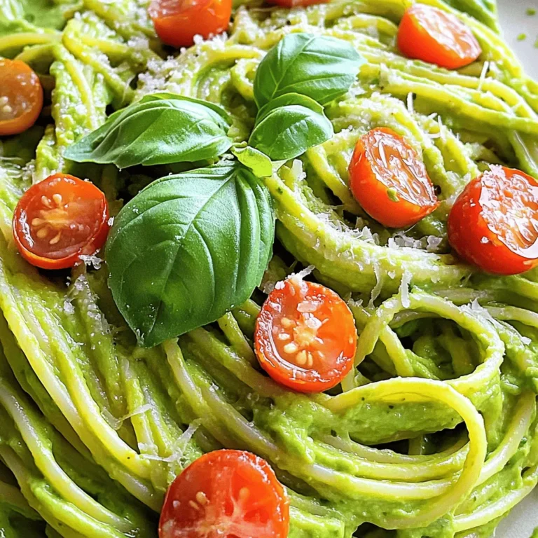 - 3 ripe avocados - 3 cloves garlic, minced - 1/4 cup fresh basil leaves, packed - 1/4 cup fresh lemon juice - 1/3 cup extra virgin olive oil - Salt and freshly ground black pepper, to taste - 300g spaghetti or your preferred pasta To make creamy avocado pasta, use ripe avocados for the best flavor. The garlic adds a nice kick. Fresh basil brings a fragrant touch, while lemon juice adds brightness. Extra virgin olive oil helps make the sauce smooth and rich. Finally, salt and pepper enhance all the tastes. - 1/2 cup cherry tomatoes, halved - 1/4 cup grated Parmesan cheese (optional) - Crushed red pepper flakes, for garnish (optional) You can add cherry tomatoes for a pop of color and freshness. If you like cheese, sprinkle some Parmesan on top. For a spicy twist, use crushed red pepper flakes. These add-ins let you customize the dish to your taste. For the full recipe, check out the Creamy Avocado Pasta section. To cook spaghetti or your preferred pasta, start by bringing salted water to a boil in a large pot. Add the pasta and let it cook according to the package instructions. I always aim for al dente, which means the pasta should be firm when you bite it. This usually takes about 8 to 10 minutes. Keep an eye on it! Once it's done, save 1 cup of that pasta water before draining the spaghetti. This water is useful later. For the creamy sauce, gather these ingredients: - 3 ripe avocados - 3 cloves garlic, minced - 1/4 cup fresh basil leaves, packed - 1/4 cup fresh lemon juice - 1/3 cup extra virgin olive oil - Salt and freshly ground black pepper, to taste In a food processor, combine the avocados, garlic, basil, lemon juice, and olive oil. Blend until smooth and creamy. If you want a thinner sauce, add some of the reserved pasta water a little at a time. Keep blending until you reach your desired thickness. Now it's time to bring it all together! In the same pot you used for cooking the pasta, add the warm spaghetti. Pour the creamy avocado sauce on top and toss gently. Make sure every strand of pasta gets coated. If the sauce feels too thick, add more of that reserved pasta water. Don’t forget to fold in some halved cherry tomatoes. They add a pop of color and sweetness to your dish. Enjoy your creamy avocado pasta! For the complete recipe, check out the Full Recipe. To make a smooth avocado sauce, choose ripe avocados. They should feel soft but not mushy. Cut them in half and scoop out the flesh into your blender. For blending, I recommend using a high-powered blender or a food processor. These tools create a silky-smooth texture that makes your sauce truly delightful. If your sauce is too thick, add some reserved pasta water slowly until you get the right creaminess. Seasoning is key to a great avocado pasta. Start by adding salt and freshly ground black pepper to your sauce. This step brightens the flavor. You can also try adding lemon zest for a fresh kick. For extra flavor, consider adding herbs like parsley or dill. A pinch of crushed red pepper flakes can add some heat if you enjoy a little spice. These tips will help you create a dish that bursts with flavor. For the complete recipe, check out the Full Recipe. {{image_4}} You can switch out some ingredients to fit your needs. If you want a creamy texture without dairy, use silken tofu or cashew cream instead of Parmesan cheese. These options keep your dish rich and smooth. They also add different flavors. For low-carb pasta, try zoodles (zucchini noodles) or spaghetti squash. These choices lower the carbs and fit a keto diet. They still give you a fun and tasty meal. To spice things up, add crushed red pepper flakes or a pinch of cayenne pepper. This gives the dish a nice kick. If you like heat, start with a little. You can always add more if you want. You can also add protein like grilled chicken or shrimp. This makes the meal heartier and more filling. Just cook the protein separately and mix it in with the pasta. This way, every bite is delicious and satisfying. For the full recipe and more ideas, check out the Creamy Avocado Pasta. To store creamy avocado pasta, place it in an airtight container. This keeps the dish fresh and tasty. Make sure to refrigerate it within two hours of cooking. The pasta can last in the fridge for about 2-3 days. After that, the avocados may brown and lose their creamy texture. When you're ready to eat your leftovers, you have a few good options. You can use the microwave or a stovetop. If using a microwave, heat it in short bursts. Stir between each burst to ensure even heating. For stovetop reheating, use a non-stick pan over low heat. Add a splash of olive oil or reserved pasta water to keep the sauce creamy. This helps adjust the consistency, so it doesn't get too thick. Enjoy your meal! If you need a substitute for avocados, try using ripe bananas or silken tofu. Both options give a creamy texture. However, the flavors will change. Bananas add sweetness, while tofu adds a neutral taste. You can also use cashew cream for a rich, nutty flavor. Yes, you can make the avocado sauce ahead of time! Store it in the fridge. To keep it fresh, add lemon juice. This will help prevent browning. Cover it tightly with plastic wrap or in an airtight container. Use it within 1-2 days for the best flavor. Absolutely! Creamy avocado pasta is great for meal prep. Cook a larger batch and divide it into portions. Store in airtight containers in the fridge. It will stay fresh for 3-4 days. Just remember to add cherry tomatoes just before eating for the best taste. To check if your pasta is al dente, taste a piece. It should be firm but not hard. You can also check the package instructions. Usually, it takes about 8-10 minutes to cook. When you drain the pasta, reserve some water for the sauce. This helps with texture. For the full recipe, visit the Creamy Avocado Pasta section above. Creamy avocado pasta is easy to make with fresh ingredients and simple steps. You blend ripe avocados, garlic, and lemon juice for a tasty sauce. Remember, you can add tomatoes or cheese for extra flavor. Store leftovers in the fridge for a few days, and heat them gently. I encourage you to try this recipe tonight. Enjoy the creamy goodness and impress your family!