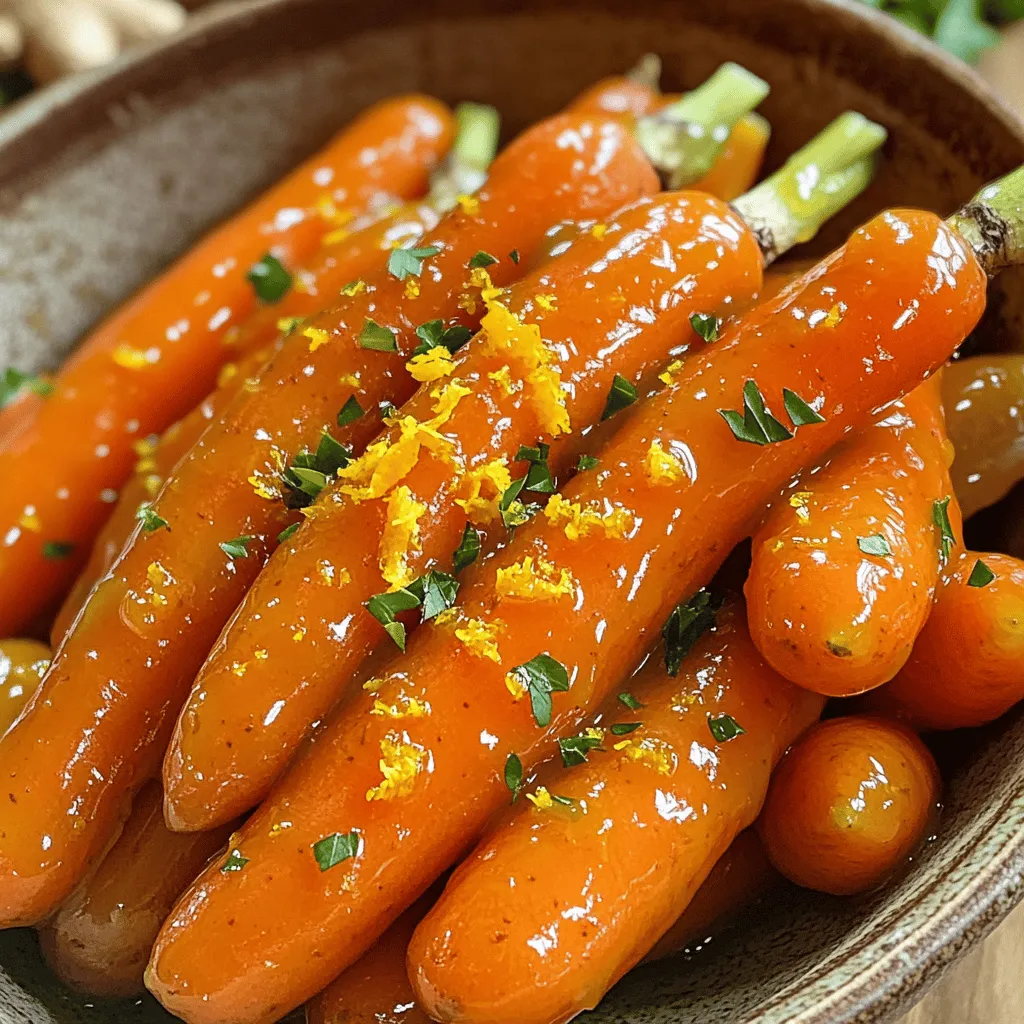 To make orange glazed carrots, you need: - 1 lb baby carrots, peeled - 1/4 cup freshly squeezed orange juice - 2 tablespoons honey - 1 tablespoon unsalted butter - Zest of 1 orange - 1 teaspoon fresh ginger, finely grated - Salt and pepper to taste - Fresh parsley, chopped, for garnish These ingredients blend well to create a sweet and tangy flavor. You can swap some ingredients if needed: - Use maple syrup instead of honey for a vegan option. - Any type of carrot works. Just cut them into even pieces. - If you don't have fresh ginger, try ground ginger. Use less, about 1/4 teaspoon. These alternatives still give you great taste. When picking your carrots, look for: - Bright color and firm texture. - Avoid carrots that feel soft or have dark spots. For the orange juice, fresh is best. It gives a better flavor than bottled juice. Always choose organic if possible. This reduces chemical exposure and enhances taste. Start by filling a medium saucepan with water. Bring it to a strong boil. Add the peeled baby carrots to the boiling water. Cook them for about 5-7 minutes. You want them tender but still a bit crunchy. After cooking, drain the carrots and set them aside. In the same saucepan, lower the heat to medium. Add the unsalted butter and let it melt fully. Next, pour in the freshly squeezed orange juice. Add the honey, grated ginger, and orange zest. Stir the mixture well with a wooden spoon or spatula. Allow the glaze to simmer for about 2-3 minutes. This helps it thicken and enhances the flavor. Now, add the drained baby carrots back into the saucepan. Toss the carrots in the orange glaze to coat them well. Allow the carrots to cook in the glaze for 3-4 minutes. Stir occasionally to keep them from sticking. Once they are heated through, season with salt and pepper to taste. Remove the saucepan from heat. Finally, transfer the glazed carrots to a serving dish. Sprinkle chopped fresh parsley on top for color and flavor. These steps will make your orange glazed carrots shine on the table. For the complete recipe, visit the Full Recipe section. To cook carrots just right, start with fresh baby carrots. Use a medium saucepan and fill it with water. Bring the water to a rolling boil. Add the peeled baby carrots and cook for about 5-7 minutes. You want them tender but still slightly crunchy. Drain them well after cooking. This keeps them from becoming mushy, which is a common mistake. To boost flavor, consider adding a pinch of cumin or cinnamon. These spices work well with the sweet orange glaze. A dash of red pepper flakes can add a nice kick too. If you enjoy herbs, fresh thyme or dill can complement the carrots nicely. These simple tweaks can elevate your dish and make it more unique. Avoid overcooking your carrots. They should stay bright and vibrant, not dull and mushy. Another mistake is skipping the seasoning. Salt and pepper enhance flavors significantly, so don’t forget them. Lastly, be careful not to rush the glaze. Let it simmer long enough to thicken. This step is key to achieving that perfect, sticky finish that makes orange glazed carrots shine. For the full recipe, refer to the details above. {{image_4}} You can switch up the sweetness in your orange glazed carrots. Honey is a classic choice, but you might try maple syrup. Just use the same amount. Agave nectar works too. If you want a sugar-free option, use stevia. Experiment to find your favorite! Feel free to mix in other veggies. Green beans or peas add color and flavor. You can also use diced sweet potatoes. Cook them along with the carrots for a tasty blend. Just adjust the cooking time for each vegetable to keep everything tender. Fresh herbs can elevate your dish. Try adding thyme or rosemary for a new twist. They pair well with the orange glaze. You can also use fresh dill for a bright flavor. Just sprinkle in some chopped herbs right before serving for the best taste! To store leftover orange glazed carrots, let them cool first. Place them in an airtight container. This keeps them fresh. Store them in the fridge for up to 3 days. For best taste, eat them within this time. If you want to keep them longer, consider freezing. When you are ready to eat your leftovers, reheating is easy. You can use a microwave or a stovetop. For the microwave, place the carrots in a bowl. Cover it with a damp paper towel. Heat for 1-2 minutes. Stir halfway through. For the stovetop, add a little water to a pan. Heat on medium until warm. Stir often to prevent sticking. Freezing glazed carrots is a great way to save them. First, let them cool completely. Spread them out on a baking sheet in a single layer. Freeze for about 1-2 hours. This stops them from sticking together. Once frozen, transfer them to a freezer-safe bag. Use them within 2-3 months for the best taste. When ready to use, thaw in the fridge overnight before reheating. Yes, you can use regular carrots. Just cut them into smaller pieces. Aim for uniform sizes, so they cook evenly. This keeps your dish looking nice and tasting great. Baby carrots are sweet and tender, but regular ones work well too. To thicken the glaze, cook it longer. Let it simmer for a few extra minutes. You can also add a little cornstarch mixed with water. This helps create a nice, thick sauce. Just remember to stir it well to avoid lumps. Orange glazed carrots pair well with many dishes. They complement roasted chicken or pork nicely. You can also serve them with grains like rice or quinoa. For a full meal, add a fresh salad for crunch and color. Check out the Full Recipe for more ideas! In this blog post, we explored how to make delicious orange glazed carrots. We discussed the key ingredients you need, along with tasty alternatives. You learned step-by-step instructions to prep your carrots and create a flavorful glaze. We shared tips to enhance flavor and avoid common mistakes. Remember, you can customize your dish with different sweeteners or veggies. Store leftovers safely and reheat them for the best results. Enjoy cooking and tasting this simple, vibrant dish. With practice, you'll master orange glazed carrots that impress everyone!
