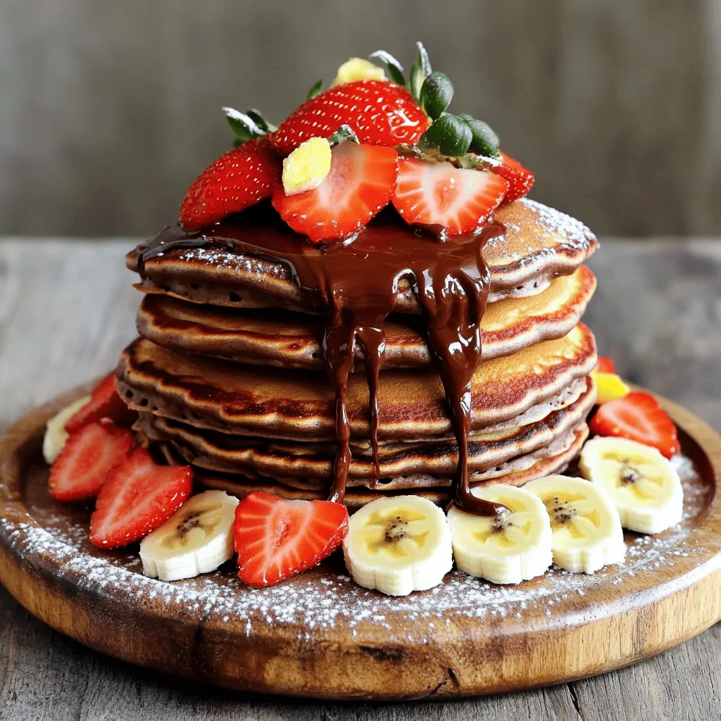 To make delicious Chocolate Hazelnut Spread Pancakes, gather these simple ingredients: - 1 cup all-purpose flour - 2 tablespoons granulated sugar - 2 teaspoons baking powder - 1/2 teaspoon fine salt - 1 cup milk (any variety, or a dairy-free alternative) - 1 large egg, beaten - 2 tablespoons unsalted butter, melted - 1/2 cup Chocolate Hazelnut spread (like Nutella) - 1/4 cup chopped hazelnuts (optional) - Fresh strawberries or banana slices for garnish These ingredients come together to create a sweet and rich pancake that everyone will love. The chocolate hazelnut spread adds a delightful flavor. You can even add chopped hazelnuts for extra crunch. Fresh fruits like strawberries or bananas will brighten up the plate. This recipe is sure to impress! - First, combine 1 cup of all-purpose flour, 2 tablespoons of granulated sugar, 2 teaspoons of baking powder, and 1/2 teaspoon of fine salt in a large bowl. Mix well with a whisk. - In a separate bowl, mix together 1 cup of milk, 1 large beaten egg, and 2 tablespoons of melted unsalted butter. Whisk until smooth. - Next, pour the wet mixture into the dry ingredients. Stir gently with a spatula until just combined. Remember, a few lumps are okay. - Heat your skillet over medium heat. Add a small bit of butter to it. Let the butter melt completely. - For each pancake, pour about 1/4 cup of batter onto the heated skillet. If you like, sprinkle some chopped hazelnuts on top. - Cook for 2-3 minutes until bubbles form on the surface. Flip the pancakes and cook for another 1-2 minutes until golden brown. - Once cooked, stack the pancakes on a plate and drizzle with extra chocolate hazelnut spread. - Add fresh fruit slices like strawberries or bananas for a tasty garnish. - For a fun presentation, create a tower with the pancakes and arrange the fruit around it. Enjoy every bite! For the complete method, check out the Full Recipe above. - Importance of not overmixing: Overmixing the batter can lead to tough pancakes. Stir just until the dry and wet ingredients blend. A few lumps are okay. This keeps the pancakes fluffy and light. - Achieving the right skillet temperature: The right heat is key. Preheat your skillet on medium. You want it hot enough to sizzle but not smoke. A drop of water should dance and evaporate quickly when it’s ready. - Using butter for non-stick cooking: Always use butter to grease your skillet. It adds flavor and prevents sticking. Let the butter melt fully before adding the batter. This gives you that nice golden color. - Choosing the best chocolate hazelnut spread: Pick a high-quality chocolate hazelnut spread. Look for one with a rich cocoa flavor and creamy texture. This will make your pancakes taste amazing. - Amount of spread to use for optimum taste: Use about half a cup of spread in your batter. This gives a nice chocolatey taste without being too sweet. You can also add more on top when serving. - Custom toppings suggestions: Get creative with toppings! Fresh strawberries or banana slices add a nice touch. Try sprinkling chopped hazelnuts for crunch. You can also drizzle more chocolate hazelnut spread for extra yum. For the complete recipe, check out the [Full Recipe]. {{image_4}} To make your pancakes fit different diets, try these easy swaps: - Gluten-free alternatives for flour: Use almond flour or coconut flour. They work well and keep pancakes fluffy. - Dairy-free milk options: Almond milk, soy milk, or oat milk are great choices. They add creaminess without dairy. - Egg substitutes for vegan versions: Use flaxseed meal or mashed banana. Replace one egg with 1 tablespoon of flaxseed mixed with 2.5 tablespoons of water. Want to make your pancakes even more fun? Here are some delicious ideas: - Adding chocolate chips for extra richness: Mix in a handful of chocolate chips to the batter. They melt and create pockets of chocolate joy. - Infusing batter with vanilla or almond extract: Just a teaspoon can change the whole taste. It adds a warm, inviting flavor. - Different nut toppings: Try pecans, walnuts, or even more hazelnuts. They give a nice crunch and flavor. Check out the Full Recipe for more details on making these delightful pancakes! After making chocolate hazelnut spread pancakes, you might have extras. To keep them fresh, store leftovers in the fridge. Place pancakes in an airtight container. They stay good for about 2-3 days. If you want to save them longer, freeze them. Stack the pancakes with parchment paper between each layer. Then, put them in a freezer bag. This method helps prevent sticking. Frozen pancakes can last for about 1-2 months. When you're ready to enjoy your pancakes again, reheating them is easy. You can use a microwave, skillet, or oven. For the microwave, place pancakes on a plate and cover them with a damp paper towel. Heat for about 20-30 seconds. If using a skillet, warm a little butter over medium heat. Add pancakes and heat for about 1-2 minutes on each side. This keeps them fluffy. The oven is great for larger batches. Preheat it to 350°F (175°C) and place pancakes on a baking sheet. Warm for about 10 minutes. Each method helps bring back that fresh taste. Enjoy your pancakes with more chocolate hazelnut spread or your favorite toppings! Can I use whole wheat flour instead? Yes, you can use whole wheat flour. It will make the pancakes denser. Start with half whole wheat and half all-purpose for a lighter texture. How do I make pancakes fluffier? Add an extra egg or use buttermilk instead of regular milk. Both options help create air pockets. Also, don’t overmix the batter; a few lumps are okay. What is the best way to measure flour? Use a spoon to scoop flour into a measuring cup. Then level it off with a knife. This method prevents packing too much flour, ensuring accurate measurements. Can I use a different nut butter instead? Yes, you can use almond butter or peanut butter. Each choice gives the pancakes a unique flavor. Just make sure the texture is similar. What can I substitute for sugar? You can use honey, maple syrup, or coconut sugar. Each option adds different sweetness and flavor to the pancakes. Adjust the amount based on your taste. How long should I cook pancakes on each side? Cook pancakes for about 2-3 minutes on the first side. Flip them when bubbles form. Then, cook for 1-2 minutes on the other side until golden brown. What indicates a pancake is fully cooked? A fully cooked pancake will be golden brown and spring back when pressed lightly. The center should not be gooey or wet. This blog post showed you how to make delicious chocolate hazelnut pancakes. We covered the right ingredients and step-by-step instructions for cooking. I shared tips for perfecting your pancakes and ways to make them unique. We also discussed how to store leftovers and answered common questions. In conclusion, experimenting with your pancake recipe can lead to new favorites. Enjoy making and sharing these tasty treats!