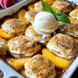 - 6 ripe peaches, peeled and sliced - 1/2 cup granulated sugar - 1 tablespoon freshly squeezed lemon juice - 1 teaspoon ground cinnamon - 1 teaspoon pure vanilla extract - 1 cup all-purpose flour - 1 tablespoon baking powder - 1/2 teaspoon fine salt - 1/4 cup unsalted butter, softened to room temperature - 3/4 cup whole milk - 1/2 cup packed brown sugar (for topping) - 1 teaspoon ground nutmeg (for topping) You can use dairy alternatives if needed. Try coconut oil or vegan butter for the butter. Almond milk or soy milk works well in place of whole milk. If you want a gluten-free option, substitute all-purpose flour with almond flour or a gluten-free blend. Adjust the sugar if you prefer less sweetness. Use honey or maple syrup as natural sweeteners. Start by washing your peaches. Peel and slice them into thin wedges. In a large bowl, mix the sliced peaches with: - 1/2 cup granulated sugar - 1 tablespoon freshly squeezed lemon juice - 1 teaspoon ground cinnamon - 1 teaspoon pure vanilla extract Gently toss until all the peach slices are coated. This step brings out the sweet, juicy flavor. Next, transfer the peach mixture into a well-greased 9x13-inch baking dish. Spread it evenly across the dish. In a separate bowl, whisk together: - 1 cup all-purpose flour - 1 tablespoon baking powder - 1/2 teaspoon fine salt Mix these dry ingredients well. Now, add in: - 1/4 cup unsalted butter, softened to room temperature Using a fork or pastry cutter, combine the butter with the flour mix until it looks crumbly. Gradually pour in: - 3/4 cup whole milk Stir gently until a soft dough forms. This dough will create a lovely biscuit topping. Spoon dollops of the biscuit dough over the peaches. Cover most of the fruit, but leave some exposed. This allows the peaches to bubble up while baking. In a small bowl, mix: - 1/2 cup packed brown sugar - 1 teaspoon ground nutmeg Sprinkle this topping evenly over the biscuit layer. Now, place the baking dish in your preheated oven at 375°F (190°C). Bake for about 30-35 minutes. Look for a golden brown topping and a clean toothpick when inserted into the biscuits. Enjoy the warm, sweet aroma as it bakes! To ensure even baking, spread the biscuit dough in a uniform layer. Avoid clumps that can lead to uneven cooking. Also, place your baking dish in the center of the oven. This helps the heat circulate well around the cobbler. To check doneness for biscuits, insert a toothpick into the center. If it comes out clean, the biscuits are done. The top should be golden brown and firm to the touch. You can add citrus flavors like orange or lime zest to the peach mixture. This will brighten the dish and add a refreshing twist. You can also mix in berries like blueberries or raspberries for a fun flavor combo. For a unique taste, consider adding fresh herbs like mint or basil. These herbs pair well with sweet peaches and add a surprising depth of flavor. Serve your peach cobbler warm with a scoop of vanilla ice cream on top. The cold ice cream melts and creates a creamy layer over the warm peaches. You can also garnish with a sprig of fresh mint for a pop of color. Use a shallow dish to display the cobbler’s golden topping. This makes it visually appealing and easy for guests to serve themselves. {{image_4}} You can switch up the fruit in your cobbler. Use seasonal fruits like blueberries, blackberries, or apples. Each fruit adds its own taste. Mixing fruits can create unique flavors. Try peaches with berries for a sweet and tart kick. Or blend peaches with apples for a warm, cozy feel. Experimenting with fruits keeps the dish fresh and exciting. Biscuit toppings can also change. For a twist, add almond extract to the biscuit mix. It gives a lovely nutty flavor. Want a healthier option? Use whole wheat flour or oats in your biscuits. These swaps add fiber and keep the taste great. You could even use yogurt instead of butter for a lighter touch. You can enjoy this peach cobbler gluten-free. Use almond or coconut flour in place of regular flour. They hold up well and taste delicious. For a vegan version, swap butter for coconut oil and use almond milk. Flax eggs are a great egg substitute in biscuits. These changes let everyone enjoy this tasty treat. For more ideas, check out the Full Recipe to explore these variations! To store your peach cobbler, let it cool first. Cover it with plastic wrap or foil. Place it in the fridge. It will stay fresh for about 3 to 5 days. The taste will be best within the first few days. You can reheat your cobbler in the oven or microwave. For the oven, preheat to 350°F (175°C). Place the cobbler in an oven-safe dish. Cover it loosely with foil to keep the topping crispy. Heat for about 15-20 minutes. In the microwave, heat in short bursts of 30 seconds. Check often to avoid sogginess. You can freeze peach cobbler both before and after baking. If freezing before, assemble the cobbler, then wrap it well. Use plastic wrap and foil to prevent freezer burn. It can stay in the freezer for 2-3 months. To thaw, move it to the fridge overnight before baking. If you've baked it, let it cool before freezing. Thaw it in the fridge, then reheat as needed. Enjoy your delicious peach cobbler for longer with these tips! For the full recipe, check the Full Recipe section. Yes, you can use frozen peaches in your cobbler. Here are some best practices: - Thaw the peaches before using them. - Drain any excess liquid to prevent a soggy cobbler. - You may need to adjust the sugar since frozen fruit can be sweeter. Using frozen peaches can save time and still give you great flavor. To check if the cobbler is done, look for these signs: - The biscuit topping should be golden brown. - A toothpick inserted into the biscuits should come out clean. - The peach filling should bubble around the edges. These signs mean your cobbler is ready to enjoy. Peach cobbler pairs well with many treats. Here are some ideas: - Serve it warm with a scoop of vanilla ice cream. - Pair it with whipped cream for added sweetness. - A glass of sweet tea or lemonade complements the flavors well. These pairings can elevate your dessert experience. For the [Full Recipe], check out the main section! You can create a delicious peach cobbler using simple ingredients and straightforward steps. We explored peach preparation, making the biscuit topping, and baking tips. Substitutions for dairy and gluten help you meet your needs. Also, unique variations let you customize flavors. Focus on proper storage for lasting taste, and enjoy your cobbler warm or cold. Remember, experimenting with ingredients makes cooking fun and rewarding. Your perfect peach cobbler is just a recipe away! Enjoy sharing the joy of this classic dessert with family and friends.