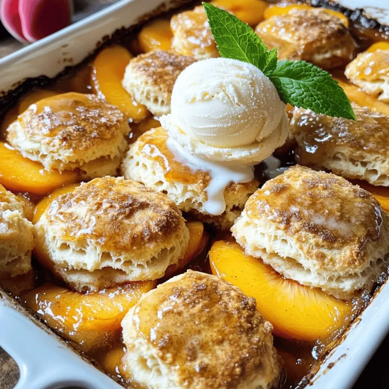 - 6 ripe peaches, peeled and sliced - 1/2 cup granulated sugar - 1 tablespoon freshly squeezed lemon juice - 1 teaspoon ground cinnamon - 1 teaspoon pure vanilla extract - 1 cup all-purpose flour - 1 tablespoon baking powder - 1/2 teaspoon fine salt - 1/4 cup unsalted butter, softened to room temperature - 3/4 cup whole milk - 1/2 cup packed brown sugar (for topping) - 1 teaspoon ground nutmeg (for topping) You can use dairy alternatives if needed. Try coconut oil or vegan butter for the butter. Almond milk or soy milk works well in place of whole milk. If you want a gluten-free option, substitute all-purpose flour with almond flour or a gluten-free blend. Adjust the sugar if you prefer less sweetness. Use honey or maple syrup as natural sweeteners. Start by washing your peaches. Peel and slice them into thin wedges. In a large bowl, mix the sliced peaches with: - 1/2 cup granulated sugar - 1 tablespoon freshly squeezed lemon juice - 1 teaspoon ground cinnamon - 1 teaspoon pure vanilla extract Gently toss until all the peach slices are coated. This step brings out the sweet, juicy flavor. Next, transfer the peach mixture into a well-greased 9x13-inch baking dish. Spread it evenly across the dish. In a separate bowl, whisk together: - 1 cup all-purpose flour - 1 tablespoon baking powder - 1/2 teaspoon fine salt Mix these dry ingredients well. Now, add in: - 1/4 cup unsalted butter, softened to room temperature Using a fork or pastry cutter, combine the butter with the flour mix until it looks crumbly. Gradually pour in: - 3/4 cup whole milk Stir gently until a soft dough forms. This dough will create a lovely biscuit topping. Spoon dollops of the biscuit dough over the peaches. Cover most of the fruit, but leave some exposed. This allows the peaches to bubble up while baking. In a small bowl, mix: - 1/2 cup packed brown sugar - 1 teaspoon ground nutmeg Sprinkle this topping evenly over the biscuit layer. Now, place the baking dish in your preheated oven at 375°F (190°C). Bake for about 30-35 minutes. Look for a golden brown topping and a clean toothpick when inserted into the biscuits. Enjoy the warm, sweet aroma as it bakes! To ensure even baking, spread the biscuit dough in a uniform layer. Avoid clumps that can lead to uneven cooking. Also, place your baking dish in the center of the oven. This helps the heat circulate well around the cobbler. To check doneness for biscuits, insert a toothpick into the center. If it comes out clean, the biscuits are done. The top should be golden brown and firm to the touch. You can add citrus flavors like orange or lime zest to the peach mixture. This will brighten the dish and add a refreshing twist. You can also mix in berries like blueberries or raspberries for a fun flavor combo. For a unique taste, consider adding fresh herbs like mint or basil. These herbs pair well with sweet peaches and add a surprising depth of flavor. Serve your peach cobbler warm with a scoop of vanilla ice cream on top. The cold ice cream melts and creates a creamy layer over the warm peaches. You can also garnish with a sprig of fresh mint for a pop of color. Use a shallow dish to display the cobbler’s golden topping. This makes it visually appealing and easy for guests to serve themselves. {{image_4}} You can switch up the fruit in your cobbler. Use seasonal fruits like blueberries, blackberries, or apples. Each fruit adds its own taste. Mixing fruits can create unique flavors. Try peaches with berries for a sweet and tart kick. Or blend peaches with apples for a warm, cozy feel. Experimenting with fruits keeps the dish fresh and exciting. Biscuit toppings can also change. For a twist, add almond extract to the biscuit mix. It gives a lovely nutty flavor. Want a healthier option? Use whole wheat flour or oats in your biscuits. These swaps add fiber and keep the taste great. You could even use yogurt instead of butter for a lighter touch. You can enjoy this peach cobbler gluten-free. Use almond or coconut flour in place of regular flour. They hold up well and taste delicious. For a vegan version, swap butter for coconut oil and use almond milk. Flax eggs are a great egg substitute in biscuits. These changes let everyone enjoy this tasty treat. For more ideas, check out the Full Recipe to explore these variations! To store your peach cobbler, let it cool first. Cover it with plastic wrap or foil. Place it in the fridge. It will stay fresh for about 3 to 5 days. The taste will be best within the first few days. You can reheat your cobbler in the oven or microwave. For the oven, preheat to 350°F (175°C). Place the cobbler in an oven-safe dish. Cover it loosely with foil to keep the topping crispy. Heat for about 15-20 minutes. In the microwave, heat in short bursts of 30 seconds. Check often to avoid sogginess. You can freeze peach cobbler both before and after baking. If freezing before, assemble the cobbler, then wrap it well. Use plastic wrap and foil to prevent freezer burn. It can stay in the freezer for 2-3 months. To thaw, move it to the fridge overnight before baking. If you've baked it, let it cool before freezing. Thaw it in the fridge, then reheat as needed. Enjoy your delicious peach cobbler for longer with these tips! For the full recipe, check the Full Recipe section. Yes, you can use frozen peaches in your cobbler. Here are some best practices: - Thaw the peaches before using them. - Drain any excess liquid to prevent a soggy cobbler. - You may need to adjust the sugar since frozen fruit can be sweeter. Using frozen peaches can save time and still give you great flavor. To check if the cobbler is done, look for these signs: - The biscuit topping should be golden brown. - A toothpick inserted into the biscuits should come out clean. - The peach filling should bubble around the edges. These signs mean your cobbler is ready to enjoy. Peach cobbler pairs well with many treats. Here are some ideas: - Serve it warm with a scoop of vanilla ice cream. - Pair it with whipped cream for added sweetness. - A glass of sweet tea or lemonade complements the flavors well. These pairings can elevate your dessert experience. For the [Full Recipe], check out the main section! You can create a delicious peach cobbler using simple ingredients and straightforward steps. We explored peach preparation, making the biscuit topping, and baking tips. Substitutions for dairy and gluten help you meet your needs. Also, unique variations let you customize flavors. Focus on proper storage for lasting taste, and enjoy your cobbler warm or cold. Remember, experimenting with ingredients makes cooking fun and rewarding. Your perfect peach cobbler is just a recipe away! Enjoy sharing the joy of this classic dessert with family and friends.