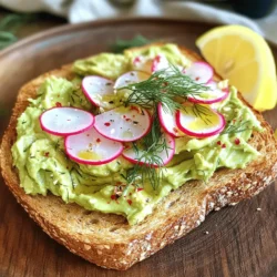 - 2 slices of whole grain or sourdough bread - 1 ripe avocado - 4-6 radishes, thinly sliced - 1 tablespoon extra virgin olive oil - 1 teaspoon fresh lemon juice - Sea salt and freshly cracked black pepper - 1 tablespoon fresh dill, finely chopped - Crushed red pepper flakes The key to a great avocado toast lies in selecting fresh, quality ingredients. For the bread, I often use whole grain or sourdough for that hearty base. It delivers a satisfying crunch and keeps me full longer. A ripe avocado is essential; it should feel slightly soft when you press it gently. This ensures a creamy texture. Radishes add a lovely bite and a pop of color. I usually slice them thinly to keep their crunch. The extra virgin olive oil brings richness, while fresh lemon juice adds brightness. A dash of sea salt and cracked pepper enhances all the flavors beautifully. For those who want more, fresh dill gives a nice herbal note, and crushed red pepper flakes can add a spicy kick. Adjust these to suit your taste! You can find the full recipe that guides you through every step of making this delightful dish. To start, choose your bread. Whole grain or sourdough works best. You can toast the bread in two ways. First, use a toaster until it turns golden brown. Or, heat a skillet over medium and toast it for about 3-4 minutes on each side. This gives you that perfect crunch. Keep an eye on it, so it doesn't burn. While your bread toasts, grab a ripe avocado. Cut it in half with a knife. Carefully remove the pit. Then scoop the creamy flesh into a mixing bowl. Add lemon juice, olive oil, sea salt, and black pepper. Use a fork to mash the avocado to your liking. You can make it smooth or leave it a bit chunky for some texture. Once the bread is toasted, you're ready to assemble! Spread a generous layer of mashed avocado on each slice. Make sure to cover it evenly. Next, take those thinly sliced radishes and place them on top. Aim for even coverage so that every bite has a bit of crunch. If you want, sprinkle some fresh dill and crushed red pepper flakes for extra flavor. Enjoy your creation warm for the best taste! For the full recipe, refer back to the top of this section. How to choose a ripe avocado: Look for avocados that feel slightly soft when you press them gently. The skin should be dark green or almost black. Avoid any with large dents or dark spots. Ripe avocados give you that creamy texture you want for your toast. Avoiding browning after preparation: To keep your avocado green, add lemon juice right after mashing. This acid slows down browning. You can also store any leftover avocado in an airtight container. Press plastic wrap directly onto the avocado's surface to reduce exposure to air. Suggestions for plating: Serve your Avocado Toast on a nice plate. A wooden board or a simple white plate can work great. Make sure the colors pop! Place the toast in the center and leave some space around it. Garnishing ideas to enhance appeal: Add a sprig of fresh dill on top. A slice of lemon next to the toast adds color and gives a fresh vibe. You can sprinkle a bit of sea salt or some crushed red pepper flakes to add flair. Ideas for additional toppings: Try adding soft cheese like feta or goat cheese for creaminess. Sliced cherry tomatoes or a poached egg can also bring great flavor and texture. For a spicy kick, jalapeño slices work well. Seasoning combinations to try: Experiment with different spices! A pinch of smoked paprika or garlic powder can elevate the taste. Fresh herbs like cilantro or basil can add a unique twist that complements the avocado and radish nicely. {{image_4}} You can use many types of bread for avocado toast. Here are some tasty choices: - Gluten-free alternatives: If you need gluten-free, try rice cakes or gluten-free bread. These options still give you a nice crunch. - Artisan bread suggestions: Look for hearty options like sourdough or whole grain. They add flavor and texture to your toast. Toppings can make your avocado toast fun and unique. Here are some ideas: - Cheese options: Feta or goat cheese adds creaminess. Sprinkle some on top for extra taste. - Other vegetable add-ons: Consider adding sliced cucumbers or cherry tomatoes. They bring freshness and color to your meal. You can change the flavors of your toast with different toppings. Here are some options: - Spicy variations using different seasonings: Try adding crushed red pepper flakes or chili powder. This gives your toast a nice kick. - Sweet toppings for a dessert twist: For something sweet, drizzle honey or add sliced strawberries. This makes a great snack or breakfast treat. Try these variations to make your avocado toast with radish exciting and new. For the full recipe, check out the details above. To keep your avocado toast fresh, store each component separately. Avocado browns quickly, so use it right away or store it with lemon juice. Place any leftover avocado in an airtight container. Cover it tightly with plastic wrap to keep air out. You can also add a layer of water on top, but be careful when using it. For the radishes, keep them in a damp paper towel. This keeps them crisp for longer. Store bread in a bread box or a paper bag to keep it from getting soggy. When you want to eat your toast again, re-toast it instead of microwaving. Toasting brings back the crunch. Use a toaster or a skillet over medium heat. Heat for about 2-3 minutes until it’s warm and crispy again. You can add fresh toppings if needed. This will make your meal taste fresh again. To save time, prep your ingredients in advance. You can slice radishes and store them in the fridge for up to three days. Mash avocado and store it with lemon juice to keep it bright. Toast your bread just before serving for the best crunch. This way, you can quickly assemble your avocado toast when you are ready to eat. Everything will be fresh and delicious, just like the first time! You can find the full recipe above for more details. To make avocado toast with radish, start by toasting your bread until golden. While that toasts, slice your ripe avocado in half and scoop the flesh into a bowl. Add lemon juice, olive oil, salt, and pepper. Mash the avocado to your liking—smooth or chunky. Next, thinly slice the radishes. Once your toast is ready, spread the mashed avocado on each slice, and top with radish slices. For a kick, sprinkle with crushed red pepper flakes. This simple process results in a delicious meal. For a detailed guide, check the Full Recipe. Radishes add a crunchy texture and bright flavor. They are low in calories and high in water. Radishes provide vitamins C and B6, which support your immune system. They also have fiber, which aids digestion. Plus, the natural antioxidants in radishes help fight free radicals. This makes your avocado toast not just tasty but also healthy. Yes, you can easily substitute ingredients in this recipe. If you don’t have whole grain bread, use any bread you like. Instead of olive oil, you can use avocado oil. If you don’t have radishes, try thin slices of cucumber for crunch. You can also swap lemon juice for lime juice for a different flavor. Each swap brings a new taste to your dish. To make this avocado toast vegan, all the ingredients are already plant-based. Use whole grain or sourdough bread, as they are often vegan-friendly. Ensure your olive oil is pure and check for any additives. This simple recipe allows you to enjoy a tasty vegan meal without any extra changes. Avocado toast is easy and fun to make. You can mix flavors and textures with fresh ingredients, like radishes and lemon juice. Choosing the right bread makes a big difference. Remember, toppings can elevate your dish, so get creative! When you store leftovers, keep avocados fresh to enjoy later. This tasty dish is not only simple but also healthy. Now, grab your ingredients and start making your perfect avocado toast!