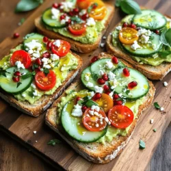 - 2 ripe avocados - 4 slices of whole-grain bread - 1 cup cherry tomatoes, halved - 1 small cucumber, thinly sliced - 1/4 cup feta cheese, crumbled - 1/4 cup pomegranate seeds - 1 tablespoon olive oil - 1 tablespoon lemon juice - Salt and pepper to taste - Fresh herbs (such as basil or cilantro), for garnish To make this dish, you need ripe avocados. They should feel soft but not too mushy. Whole-grain bread gives a hearty base, full of flavor. I love using cherry tomatoes; they add a burst of sweetness. For a cool crunch, cucumber is perfect. Feta cheese gives a salty kick that pairs well with the creamy avocado. Pomegranate seeds provide a nice pop of color and taste. Don't forget the olive oil and lemon juice. They enhance the flavors and keep the avocado fresh. Always season with salt and pepper. Fresh herbs like basil or cilantro add a nice touch at the end. For the full recipe, check out Avocado Toast Delight 🥑. This recipe will guide you through each step for a perfect meal. Toasting your bread is key for a great avocado toast. I recommend using whole-grain bread for its nutty flavor and health benefits. Preheat your toaster or oven to a medium setting. Toast the slices until they are golden brown and crisp. This adds a nice crunch, making each bite more enjoyable. Start by slicing the ripe avocados in half. Remove the pit carefully with a spoon. Scoop the green flesh into a bowl. Use a fork to mash the avocado to your desired creaminess. I like it a bit chunky! Add one tablespoon of olive oil and one tablespoon of lemon juice. These add flavor and keep your avocado fresh. Season with salt and pepper to taste. Mix well until all ingredients blend together. Now, it’s time to spread the avocado mixture. Use a knife or a spatula to apply a generous layer on each slice of toast. Cover every edge to lock in flavor. For the first variation, layer halved cherry tomatoes on two slices. Sprinkle crumbled feta cheese over the tomatoes. This adds a savory kick. For the second variation, top the other two slices with thinly sliced cucumber. Scatter pomegranate seeds over the cucumbers for a sweet crunch. Finish by garnishing all four pieces with fresh herbs like basil or cilantro. These not only look great but also add a fresh taste. Enjoy your tasty meal! For the full recipe, check out Avocado Toast Delight. To make great avocado toast, start by choosing ripe avocados. Look for avocados that are slightly soft when you press them gently. Their skin should be dark green or almost black. Avoid hard avocados, as they are not ready to eat. Next, focus on your bread. Different breads require different toasting methods. If you use whole-grain bread, toast it until golden brown. This creates a sturdy base for your toppings. For softer breads, like sourdough, a quick toast is best to keep it fluffy. Spice up your toast with some extra flavor. Garlic powder adds depth, while red pepper flakes give a nice kick. You can also sprinkle in some smoked paprika for a smokey taste. For toppings, the options are endless. Eggs are perfect for protein. A poached egg on top of your toast creates a creamy sauce. Smoked salmon adds a rich, savory flavor. If you prefer something crispy, add some cooked bacon. How you arrange your toast matters. Start by placing the toast on a clean white plate. This makes the vibrant colors pop. Layer your toppings in a way that looks appealing. For example, place tomatoes in a line or arrange cucumber slices in a fan shape. Don't forget garnishes! Fresh herbs like cilantro or basil add color and aroma. A drizzle of olive oil on top gives a nice shine. You can serve your toast on a rustic wooden board for a cozy look. For fun, scatter some pomegranate seeds around the plate. This adds a burst of color and freshness. For a full recipe to get started, check out the Avocado Toast Delight. {{image_4}} The classic avocado and tomato combo brings a great taste. The creamy avocado pairs well with the juicy tomatoes. This mix is fresh and satisfying. The tomatoes add a burst of flavor and a nice color. The salt enhances the sweetness of the tomatoes. Cucumbers are cool and crisp. They add a nice crunch to your toast. They are low in calories and high in water, which helps keep you hydrated. Pomegranates are sweet and tangy. They pack a punch of antioxidants and vitamins. Together, they make a healthy and tasty topping. Get creative with your avocado toast! Try adding thinly sliced radishes for a peppery bite. Smoked trout gives a rich and savory flavor, perfect for seafood lovers. Chickpeas add protein and a creamy texture. You can mix and match these toppings for fun, tasty meals. To keep cut avocados from browning, store them in an airtight container. You can also squeeze some lemon juice on the flesh. The acid helps slow down the browning process. If you want, place the pit back in the avocado half. This can help reduce air exposure. If you have leftover avocado toast, wrap it tightly in plastic wrap. Store it in the fridge for up to a day. However, the bread may get soggy. For the best taste, eat the toast fresh. - Ripe avocados: Best if used within 1-2 days after cutting. - Whole-grain bread: Stays fresh for about a week at room temperature. - Cherry tomatoes: Good for 5-7 days in the fridge. - Cucumber: Lasts about 1 week in the fridge. - Feta cheese: Keeps well for 5-7 days after opening. - Pomegranate seeds: Use within 3-5 days for best flavor. - Olive oil: Should be used within 6 months for quality. - Lemon juice: Fresh juice lasts for about a week in the fridge. For the full recipe, check out the Avocado Toast Delight 🥑. Common ingredients in avocado toast include ripe avocados, whole-grain bread, and various toppings. You can add cherry tomatoes, cucumbers, feta cheese, or even pomegranate seeds. Olive oil and lemon juice help enhance flavor. Salt and pepper are essential for seasoning. Fresh herbs like basil or cilantro add a beautiful touch. Yes, you can prepare avocado toast ahead of time. To do this, toast the bread and prepare the avocado mixture. Store them separately. Keep the bread in a sealed bag to stay crisp. Place the avocado mixture in an airtight container. When ready to eat, spread the avocado on the toast for a fresh meal. If you want alternatives to bread, consider using sweet potatoes or rice cakes. Sweet potato slices can be roasted or toasted as a base. Rice cakes offer a crunchy option and are gluten-free. These substitutes provide a fun twist while still allowing you to enjoy the avocado goodness. To keep your avocado fresh and green, use lemon juice. The acid in lemon juice slows browning. Store cut avocados with the pit in them, as it helps preserve freshness. Wrap them tightly in plastic wrap. You can also store them with sliced onions, which can reduce browning. Avocado toast is a simple, tasty dish. We covered important ingredients, including ripe avocados, whole-grain bread, and fresh herbs. I shared steps to prepare, assemble, and customize it with different toppings. You can serve it beautifully to impress your guests. Explore these tips to make your avocado toast even better. With the right ingredients and techniques, you’ll create a dish full of flavor. Enjoy every bite, and let your creativity shine!