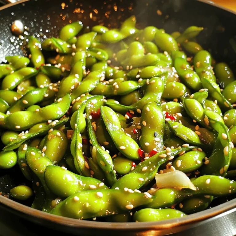 To make spicy garlic edamame, you need the following: - 2 cups edamame in pods (fresh or frozen) - 3 tablespoons olive oil - 4 cloves garlic, minced - 1 tablespoon fresh ginger, minced - 1 teaspoon red pepper flakes (or to taste) - 2 tablespoons soy sauce - 1 tablespoon sesame oil - 1 teaspoon lemon zest - Sea salt, to taste - Sesame seeds, for garnish (optional) Don’t have everything? No problem! Here are some easy swaps: - Olive oil: Use avocado oil or vegetable oil instead. - Soy sauce: Try tamari for a gluten-free option. - Red pepper flakes: Use sriracha or chili paste for more heat. - Lemon zest: Lime zest works well for a different twist. Edamame packs a punch of nutrition. Here’s what makes it great: - High in Protein: Edamame is a complete protein. This helps build and repair muscles. - Rich in Fiber: It aids digestion and keeps you full longer. - Vitamins and Minerals: Edamame contains vitamins A, C, and K, plus iron and calcium. - Low in Calories: A great snack without the guilt. Try this recipe for a tasty snack that’s both fun and healthy! For the full recipe, see above. To start, get your edamame pods ready. If you use frozen edamame, follow the package steps. Cook until tender, then drain. For fresh edamame, rinse them under cold water. Steam them until they are bright green and soft. This step keeps the beans tasty and full of nutrients. Next, grab a large skillet and pour in the olive oil. Heat the oil over medium heat until it shimmers. Add your minced garlic and ginger. Sauté them for about 1-2 minutes. Keep stirring to release their amazing scents. Watch closely; if the garlic burns, it turns bitter and ruins the flavor. Now, it’s time to spice things up! Stir in the red pepper flakes and let them cook for a minute. This brings out the heat. Carefully toss in the cooked edamame, mixing well so every pod gets the garlic and oil. Drizzle the soy sauce and sesame oil over them. Stir to combine everything. Cook for 2-3 more minutes to let the flavors blend. Finally, remove the skillet from the heat and add lemon zest. Taste and adjust with sea salt if needed. Serve them hot in a bowl and, if you like, sprinkle sesame seeds on top for extra crunch. For the full recipe, check out the complete cooking steps. Enjoy your flavorful and zesty snack! To make your spicy garlic edamame shine, cook the edamame just right. If using frozen pods, follow the package directions carefully. Overcooking can make them tough. For fresh edamame, steam them until bright green and tender. This keeps them crisp and tasty. Always remember to drain them well before adding to the skillet. When you heat the olive oil, wait for a shimmer. This shows it's hot enough for the garlic and ginger. Stir the garlic often while cooking. You want it fragrant but not burnt, as burnt garlic tastes bitter. Serving your spicy garlic edamame is part of the fun. I suggest using a bright, decorative bowl. It makes the dish pop on your table. You can also add lemon wedges on the side. This gives guests a chance to add extra zing. For a fun twist, serve it with toothpicks. This makes it easy for guests to grab and enjoy. It’s perfect for parties or movie nights. Spicy garlic edamame pairs well with many dishes. Try it with sushi or rice bowls for a full meal. It also goes great with a cold beer or sake. If you want something lighter, serve it with a fresh salad. You can also mix it with other snacks. Pair it with crispy veggie chips or a spicy dip. This adds variety to your snack spread. For the full recipe, check out the details above! {{image_4}} Want to turn up the heat? You can add extra red pepper flakes to the dish. Start with an extra half teaspoon and taste as you go. If you want it even spicier, use fresh sliced chili peppers. Thai bird’s eye chilies work great. They pack a punch and bring a fresh flavor. This recipe is already vegan and vegetarian friendly. However, you can make it even more exciting. Try adding more veggies like bell peppers or snap peas. These add color and crunch. You can also toss in some tofu for added protein. Just sauté the tofu until it's golden before adding the edamame. Mix it up with different flavors. Instead of soy sauce, try tamari for a gluten-free option. You can also use coconut aminos for a sweeter taste. For a zesty twist, add lime juice instead of lemon zest. You can even add a splash of rice vinegar for tang. Each variation can give your edamame a new life! For the full recipe, check out Sizzling Spicy Garlic Edamame. After you enjoy your spicy garlic edamame, store the leftovers in an airtight container. This keeps them fresh for about three days. If you find them too salty, add a splash of water to help balance the flavor when you reheat them. You can freeze spicy garlic edamame if you want to save some for later. Place the cooled edamame in a freezer-safe bag. Try to remove as much air as possible for best results. They can last up to three months in the freezer. When you’re ready to eat them, just thaw in the fridge overnight. To reheat, you have a few options. You can microwave them for one to two minutes, stirring halfway through. This method works well for quick meals. If you prefer a crispy finish, heat them in a skillet over medium heat for about five minutes. This will help revive the flavors and texture. Just be careful not to overheat, as it may dry them out. For full details on making the dish, check the Full Recipe section. To keep edamame tender, do not overcook them. Fresh edamame should be steamed just until they are bright green and tender. If you use frozen edamame, follow the package instructions closely. Overcooking makes them tough and chewy. Always drain them well after cooking to avoid excess moisture. Yes, you can make Spicy Garlic Edamame in advance. Cook them and let them cool. Store in an airtight container in the fridge for up to three days. When ready to serve, simply reheat in a skillet or microwave. This saves time for busy days or gatherings! Spicy Garlic Edamame pairs well with various dishes. Try serving it with sushi, rice bowls, or grilled meats. It also works great as an appetizer for parties. You can even enjoy it with a cold drink, making it a perfect snack for any occasion. For the full recipe, check out the Sizzling Spicy Garlic Edamame 🧄 recipe above! In this post, we've covered all the key ingredients for Spicy Garlic Edamame and their health benefits. I shared simple steps to prepare and cook this dish. You learned tips for perfecting the recipe and enhancing flavors. We also discussed storage options and answered common questions. Spicy Garlic Edamame is enjoyable and good for you. It's a great snack or side dish. With a few tweaks, you can make it your own. Try these ideas and enjoy the tasty results!