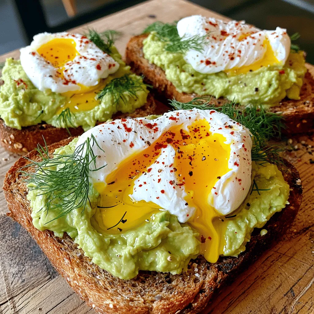 - 2 ripe avocados - 4 slices of whole-grain bread - 2 large eggs - 1 tablespoon fresh lemon juice - 1 teaspoon red pepper flakes (optional) - Salt and freshly ground black pepper to taste - Fresh dill or cilantro, finely chopped for garnish - Extra virgin olive oil, for drizzling In this dish, I use ripe avocados. They should be soft enough to mash but not too mushy. Whole-grain bread adds a hearty base. I prefer it toasted for a nice crunch. The eggs provide protein and richness. Poached eggs bring a lovely runny yolk that enhances the toast. Lemon juice brightens the avocado mix and keeps it fresh. Red pepper flakes add a hint of heat. Adjust the amount to your taste. Seasoning is key; salt and pepper bring out all the flavors. Fresh herbs like dill or cilantro add a pop of color and freshness. Finally, a drizzle of olive oil ties everything together with a rich finish. Using these ingredients, you can create a simple yet tasty dish. Check out the Full Recipe for all the steps needed to make this delightful meal. To toast whole-grain bread, start with fresh slices. You can use a toaster or broiler. If you use a toaster, set it to medium heat. Toast until the bread is golden brown. If you choose the broiler, place the bread on a baking sheet. Broil for 1-2 minutes, watching closely to avoid burning. The goal is a crispy, warm base for your avocado toast. To poach eggs, fill a medium saucepan with water. Heat it until it simmers gently. Avoid a rolling boil; it can break the eggs. Add a splash of vinegar to help the eggs hold their shape. Crack the egg into a small bowl. With a spoon, stir the water to create a whirlpool. Carefully slide the egg into the center. Poach for about 3-4 minutes for a runny yolk. If you want a firmer yolk, cook longer. Repeat this for the second egg. To prepare the avocado spread, cut the avocados in half and remove the pit. Scoop the flesh into a bowl. Use a fork to mash the avocado until it's smooth but still a bit chunky. This texture works best. Add fresh lemon juice for brightness. You can include a pinch of red pepper flakes for heat. Season with salt and pepper to enhance the flavor. For assembly, take your toasted bread slices. Spread a generous layer of the avocado mixture on each slice. Make sure the spread is evenly placed. Next, gently lay a poached egg on top of each slice. Let the yolk peek out for a beautiful look. Finally, drizzle with extra virgin olive oil. Add fresh dill or cilantro for a pop of color. Adjust the seasoning with more salt and pepper if needed. You can find the complete recipe for this delightful dish in the [Full Recipe]. To make a perfect poached egg, avoid these common mistakes: - High heat: Too much heat can break the egg apart. - No vinegar: Adding vinegar helps the egg white stay together. - Crowding the pot: Only poach one or two eggs at a time. If you want to try other cooking methods, consider these options: - Microwave: Crack an egg in a bowl, cover, and microwave for 30 seconds. - Oven: Crack eggs into a muffin tin and bake at 350°F for about 10 minutes. For avocado toast, the best bread choices are: - Whole-grain bread: This adds great flavor and texture. - Sourdough: It has a nice tang and pairs well with avocado. If you need gluten-free options, try: - Gluten-free bread: Many brands offer tasty gluten-free options. - Rice cakes: These are light and crunchy, perfect for topping. To take your avocado toast up a notch, consider these seasoning ideas: - Red pepper flakes: They add a nice kick. - Everything bagel seasoning: This gives a savory twist. If you want to switch things up, here are some fun substitutions: - Add feta cheese for a creamy, salty flavor. - Top with smoked salmon for a gourmet touch. For the full recipe, check out the Avocado Bliss Toast with Poached Egg section. {{image_4}} You can make tasty vegan avocado toast by switching toppings. Try using sliced radishes or cherry tomatoes. These add color and crunch. You can also use nutritional yeast for a cheesy flavor. Another great option is to sprinkle hemp seeds on top. They boost nutrition and add a nice texture. For spreads, consider using hummus or a bean spread. Both pair well with avocado and add protein. To give your avocado toast a global twist, use unique ingredients. For a Mediterranean flair, add feta cheese and olives. Both add a salty kick that pairs well with creamy avocado. For a Mexican spin, top with salsa, jalapeños, and fresh cilantro. This makes your toast bright and zesty. If you want an Asian touch, drizzle with soy sauce or sesame oil. You can even add pickled vegetables for tangy flavor. Incorporate seasonal ingredients for fresh flavors. In spring, add fresh asparagus or peas for bright green colors. In summer, slice ripe tomatoes or peaches on top. Both bring sweetness and juiciness. In fall, consider roasted pumpkin seeds or sweet potato slices. These ingredients add warmth and heartiness. In winter, try using citrus fruits like oranges or grapefruits. Their acidity balances the creamy avocado beautifully. For the full recipe of Avocado Bliss Toast with Poached Egg, check out the detailed instructions above. To keep your avocado spread fresh, use these tips: - Store it in an airtight container. - Add a thin layer of lemon juice on top. - Cover the surface with plastic wrap, pressing it down to remove air. These steps help slow down browning and keep the color bright. When you want to reheat your avocado toast, follow these steps: - Use an oven to keep the bread crispy. - Preheat the oven to 350°F (175°C). - Place the toast on a baking sheet for about 5 minutes. This method keeps your toast crunchy and warm without making it soggy. You can freeze avocado toast, but it's tricky. - The bread can become soggy when thawed. - Instead, freeze only the avocado spread. - Place it in a freezer-safe bag and remove as much air as possible. - To use, thaw in the fridge overnight. This way, you enjoy fresh avocado spread anytime without waste. For the complete dish, see the Full Recipe. To make avocado toast healthier, you can add more toppings. Here are some nutrient-rich options: - Sliced tomatoes for vitamins and flavor - Spinach or arugula for iron and fiber - Chickpeas for protein and crunch - Sliced radishes for a peppery taste - A sprinkle of hemp seeds for omega-3s If you want to skip eggs, try these substitutes: - Silken tofu for a creamy texture - Avocado slices for added creaminess - Vegan egg replacer for a similar taste - Hummus for a protein boost - Cooked quinoa for a hearty bite Reheating avocado toast can be tricky. Here’s how to do it safely: - Remove the poached egg first. - Toast the bread again to keep it crisp. - Add fresh avocado after reheating. - Use a low heat setting to avoid sogginess. To keep your avocado fresh longer, use these techniques: - Add fresh lemon or lime juice to the mash. - Cover the surface with plastic wrap tightly. - Store in an airtight container with a slice of onion. - Refrigerate the avocado if not using right away. This article covered how to make perfect avocado toast. We discussed the key ingredients and detailed instructions for toasting bread, poaching eggs, and preparing the avocado spread. I shared tips for avoiding common mistakes and enhancing flavors. You also learned about unique variations and storage methods. The beauty of avocado toast lies in its versatility. With simple tweaks, it can suit any taste and diet. Enjoy your cooking adventure!
