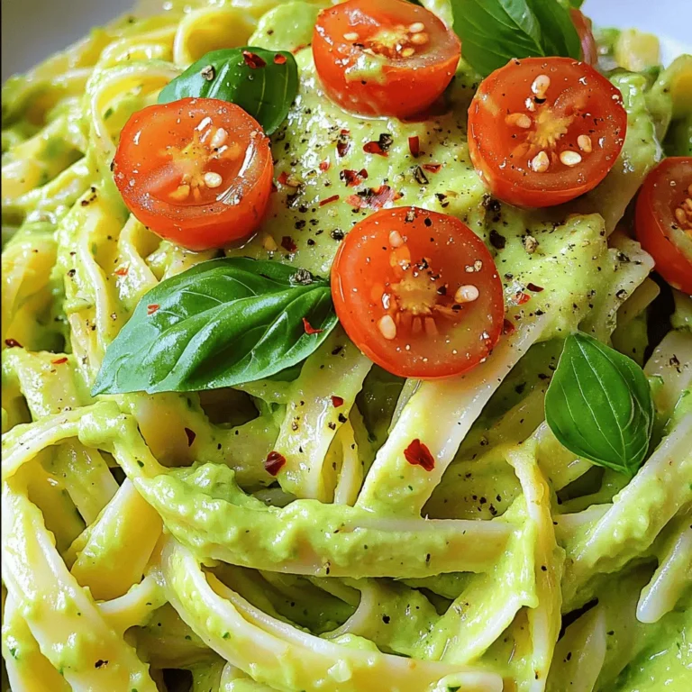This creamy avocado pasta is a quick and tasty meal. It takes just 20 minutes to make. You can enjoy it as a main dish or a side. - 12 oz linguine or spaghetti - 2 ripe avocados, peeled and pitted - 2 cloves garlic, minced - 1/4 cup fresh basil leaves, tightly packed - 2 tablespoons freshly squeezed lemon juice - 3 tablespoons extra virgin olive oil - 1/4 cup grated Parmesan cheese (optional) - Sea salt and freshly ground black pepper, to taste - Cherry tomatoes, halved for garnish - Crushed red pepper flakes (optional for an extra kick) Feel free to make this dish your own! Here are some ideas: - Add grilled chicken or shrimp for protein. - Toss in some spinach or arugula for extra greens. - Mix in some sun-dried tomatoes for a sweet and tangy touch. - Use gluten-free pasta if needed. These add-ins can change the flavor and look of your meal. Enjoy your cooking adventure! Start with a large pot of salted water. Bring it to a boil. Add 12 oz of linguine or spaghetti. Cook it according to the package, which is about 8-10 minutes. You want the pasta al dente, firm but tender. Before you drain, save 1 cup of the water. This starchy water helps later. Once done, drain the pasta and put it in a large mixing bowl. Now, for the sauce! Grab 2 ripe avocados. Peel and pit them, then add them to a blender. Next, add 2 cloves of minced garlic and 1/4 cup of fresh basil leaves. Squeeze in 2 tablespoons of lemon juice. Drizzle in 3 tablespoons of extra virgin olive oil. If you like, add 1/4 cup of grated Parmesan cheese. Blend until smooth. Scrape the sides as needed. Season it with sea salt and black pepper to taste. Pour the creamy avocado sauce over the warm pasta. Mix it well, ensuring every strand gets coated. If the sauce feels thick, add some reserved pasta water. Do this slowly until you reach a cream-like texture. Taste it now! Adjust with more seasoning if needed. Serve the creamy avocado pasta on plates. Top with halved cherry tomatoes for color. If you enjoy a kick, sprinkle on crushed red pepper flakes. Enjoy your meal! Choosing ripe avocados is key for this dish. Look for avocados that feel slightly soft when you gently press them. The skin should be dark green, almost black. If it feels hard, it is not ripe yet. You can also check the stem area. If it comes off easily and is green underneath, the avocado is ready. If it is brown, the fruit may be overripe. There are a few common mistakes I see often. First, don’t overcook the pasta. Aim for al dente, which means it should still be firm. Second, avoid blending the sauce too long. You want a creamy texture, not a mushy one. Lastly, don’t forget to taste your dish. Adjust the salt, pepper, and lemon juice for the best flavor. Presentation matters! To serve this dish nicely, twirl the pasta into nests on each plate. This makes it look elegant. Scatter halved cherry tomatoes around for a splash of color. Add a few fresh basil leaves on top. If you like a little heat, sprinkle crushed red pepper flakes. This makes your creamy avocado pasta not just tasty, but also beautiful to look at. {{image_4}} You can make this pasta dish vegan easily. Just leave out the Parmesan cheese. Instead, use nutritional yeast for a cheesy flavor. You can also add a bit of cashew cream for extra richness. This keeps the dish creamy and tasty without any animal products. If you want more protein, try adding chickpeas or white beans. Both are great choices and blend well with the creamy sauce. For meat lovers, grilled chicken or shrimp can make this a heartier meal. Simply toss your choice of protein in with the pasta and sauce. Seasonal veggies bring fresh flavors and colors to your dish. In spring, add asparagus or peas for a crunchy bite. In summer, consider zucchini or bell peppers for a sweet twist. In fall, roasted butternut squash or spinach can add warmth and depth. Mix and match to fit the season and your taste! For the full recipe, check the Creamy Avocado Pasta Delight section above. To keep your creamy avocado pasta fresh, store it in an airtight container. Place it in the fridge for up to three days. Make sure to let it cool to room temperature before sealing it. This helps prevent moisture buildup. When you want to enjoy your leftovers, you can reheat them gently. Use a microwave-safe bowl and cover it with a damp paper towel. Heat in short bursts, stirring in between. This keeps the pasta moist and warm. You can also reheat it in a skillet over low heat, adding a splash of water to help. If you have extra creamy avocado sauce, freeze it for later. Use an ice cube tray to portion it out. Once frozen, transfer the cubes to a freezer bag. This way, you can thaw only what you need. The sauce can last up to three months in the freezer. When ready to use, thaw in the fridge overnight or use the microwave for quick defrosting. For the full recipe, check out the Creamy Avocado Pasta Delight! To make Creamy Avocado Pasta gluten-free, simply replace regular pasta with gluten-free pasta. Brands like brown rice or quinoa pasta work well. Just cook it according to the package directions. The creamy avocado sauce remains the same and tastes great on gluten-free pasta. Yes, you can prepare the sauce ahead of time. Blend the avocado, garlic, basil, lemon juice, and olive oil. Store the sauce in an airtight container. To keep it fresh, add a little extra lemon juice. This helps prevent browning. When ready to serve, mix the sauce with warm pasta. Creamy Avocado Pasta pairs well with many sides. Here are some great options: - Garlic bread for a crunchy texture - A simple green salad with vinaigrette - Roasted vegetables for added flavor - Grilled shrimp for protein These sides complement the pasta and add variety to your meal. Feel free to mix and match! In this blog post, we explored making creamy avocado pasta step by step. We covered the key ingredients, cooking methods, and helpful tips. You learned how to customize the dish with various options and avoid common mistakes. Remember to store leftovers properly and consider variations for different diets. I hope you feel confident to try this recipe and impress yourself or your guests. Enjoy the fresh flavors and simple steps to create a meal that stands out. Happy cooking!