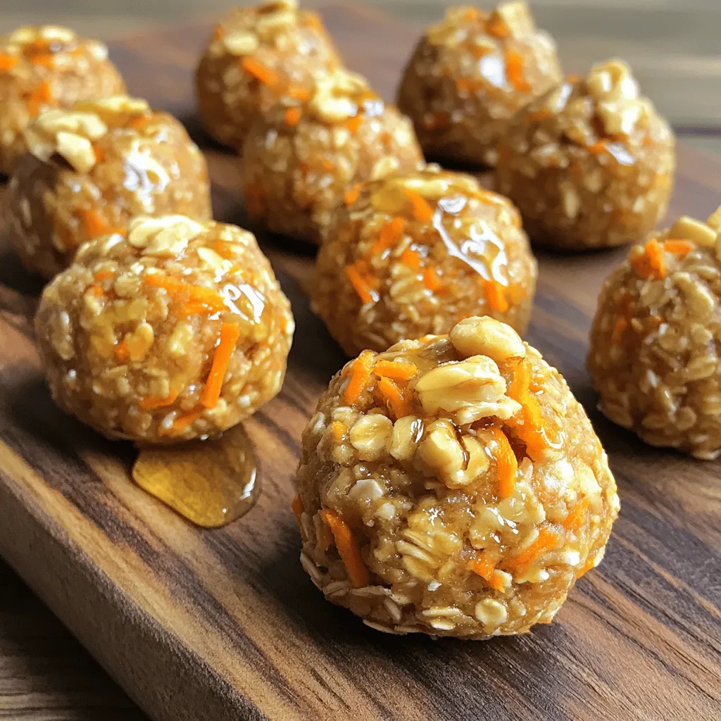 - Rolled oats: Rolled oats provide fiber and energy. They add a chewy texture. - Finely shredded carrots: Shredded carrots give a fresh taste. They also add moisture. - Almond butter: Almond butter is creamy and rich. It is a great source of healthy fats. - Honey vs. maple syrup: Honey is sweet and thick. Maple syrup is lighter and has a unique flavor. Both sweeteners add natural sweetness. - Pure vanilla extract: This adds depth to the flavor. A little goes a long way in enhancing taste. - Ground spices: Cinnamon and nutmeg provide warmth. They make the bites taste like cozy carrot cake. - Nuts: Walnuts are crunchy and full of healthy fats. They add protein and fiber. - Dried fruits: Raisins are sweet and chewy. Cranberries add a tart flavor. Both add extra sweetness and texture. For the full recipe, check out the details above. First, we start with the dry ingredients. In a large bowl, add the rolled oats, finely shredded carrots, and chopped walnuts. Mix these well so every ingredient is evenly spread. This step is key for flavor and texture. Next, we create the wet mixture. In another bowl, whisk together the almond butter, honey (or maple syrup), vanilla extract, ground cinnamon, ground nutmeg, and a pinch of sea salt. Make sure this mixture is smooth. The right consistency is crucial to bind the energy bites together. Now it’s time to mix everything. Pour the wet mixture into the dry ingredients. Stir well until there are no dry patches left. If you see any, give it another good mix! This ensures every bite is packed with flavor. When everything is combined, gently fold in the raisins (or cranberries). If the mix feels too dry, add a spoonful of almond butter. Adjusting the moisture helps in forming perfect energy bites. Chilling is important. Place the energy bites on a baking sheet lined with parchment paper. Make sure they have some space between them. Pop the baking sheet into the fridge for at least 30 minutes. This helps them firm up nicely. For a lovely presentation, serve the energy bites on a rustic wooden board. Add some extra carrot shavings or a sprinkle of cinnamon around the plate. It makes for a beautiful display! For the full recipe, check out the details above. What if the mixture is too dry? If your mix feels crumbly, add a spoonful of almond butter. This extra moisture helps bind the ingredients. You can also add a little honey or maple syrup. Just a small amount can fix the texture. For rolling, your hands may get sticky. To avoid this, wet your hands slightly. It helps the mixture glide easier. You can also coat your hands with a bit of coconut oil. This keeps the energy bites from sticking. Do you have allergies? You can swap almond butter for sunbutter or tahini. These nut-free options work well. For oats, use gluten-free oats if needed. They offer the same texture without gluten. Want to shake things up? Add unsweetened shredded coconut for tropical vibes. Dark chocolate chips are another fun choice. They add a rich flavor without overpowering the carrot taste. To boost protein, add protein powder to the mix. Vanilla or chocolate flavors blend well. Start with a tablespoon and adjust to your taste. If you need gluten-free options for oats, look for certified gluten-free oats. They ensure no cross-contamination. This way, everyone can enjoy these tasty bites without worry. For the Full Recipe, refer back to the main article. {{image_4}} You can change the flavor of your energy bites. One fun option is pumpkin spice energy bites. Just swap in pumpkin puree and add pumpkin spice. This gives your bites a warm, cozy taste, perfect for fall. Another tasty option is chocolate chip carrot energy bites. Add dark chocolate chips to the mix for a sweet twist. The chocolate pairs nicely with the carrots and spices, making it a treat that feels indulgent. If you want a nut-free version, simply replace the almond butter with sunflower seed butter. This makes the bites safe for school snacks. You can also create low-sugar options. Just cut back on the honey or syrup. You can add unsweetened applesauce instead. This keeps the bites moist while lowering the sugar. Spring is a great time to add other veggies. You can mix in finely shredded zucchini for a fresh twist. This keeps the bites light and adds extra nutrients. For a fall-inspired version, use pumpkin and spices like cinnamon and nutmeg. This makes the energy bites perfect for cozy autumn days. You can find the full recipe for these bites in the earlier sections. To keep your carrot cake energy bites fresh, store them in airtight containers. These containers help block air and moisture. This way, the bites stay soft and tasty. You can choose to refrigerate or freeze them. Refrigeration is best for short-term storage. Freezing makes them last longer. Just remember to label your container with the date. These energy bites last about one week in the fridge. If you freeze them, they can last up to three months. Always check for signs of spoilage. Look for a change in color or a weird smell. If they seem dry or hard, it’s time to toss them out. If your bites dry out, don’t worry! You can refresh them. Just let them sit at room temperature for a few minutes. You can also try adding a small amount of nut butter to revive their texture. Enjoy them cold for a refreshing snack or at room temperature for a softer bite. Each way is yummy! Carrot cake energy bites are small snacks that pack big flavor and health. They are made with oats, carrots, and nut butter. These bites are easy to make and full of nutrients. The mix of oats and carrots gives you fiber for digestion. Nut butter adds healthy fats for energy. Plus, they taste like dessert, so they feel like a treat! Yes, you can use different nut butters! Almond butter is popular, but you can try peanut or cashew butter. Each nut butter will change the taste a little. Peanut butter adds a strong flavor, while cashew butter is milder and creamier. Just pick the one you love most! This recipe makes about 12 to 15 energy bites. Each bite is a perfect snack. If you want smaller bites, you can make more. If you prefer bigger bites, you will have fewer. Adjust the size as you like! Yes, these energy bites are great for kids! They are full of good ingredients that help kids grow. The carrots provide vitamins, and the oats give energy. Plus, kids love the sweet taste from honey or maple syrup. These bites are a fun and healthy snack for lunchboxes! You can add protein powder to boost the nutrition! A scoop of protein powder can help make these bites more filling. Look for options like whey or plant-based powders. Start with one tablespoon and mix it in with the wet ingredients. Adjust based on your taste and needs. You can still enjoy the great flavor! For the full recipe, check out the details in the earlier sections! Carrot cake energy bites blend taste and nutrition perfectly. We discussed key ingredients like rolled oats, shredded carrots, and almond butter. Sweeteners and spices add a delightful kick. You learned how to prepare and combine everything for the best texture. Plus, you can customize these bites with add-ins for your favorite flavors. Store them properly, and enjoy them fresh or chilled. Remember, these treats suit kids and can boost protein too. Get creative and enjoy making your own delicious snacks!