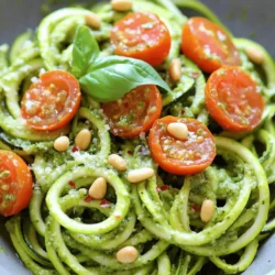 - Zucchini: Use 4 medium zucchinis. Look for firm, shiny skin. Avoid soft or blemished zucchinis. They should be fresh for the best taste. - Basil: Use 1 cup of fresh basil leaves. Fresh basil adds a bright flavor. Dried basil lacks the same punch. - Pine Nuts: You need ½ cup of pine nuts. Toast them for a few minutes to unlock their rich flavor. This step enhances the pesto’s taste. - Olive Oil: Use extra virgin olive oil for the best flavor. It has a fruity taste that complements the dish. - Garlic: Use 1 clove of garlic, minced. Fresh garlic creates a bold taste. Avoid garlic powder for this recipe. - Parmesan Cheese: Use ¼ cup of grated Parmesan cheese. If you want a vegan alternative, use nutritional yeast instead. This works well for dietary needs. - Cherry Tomatoes: Adding 1 cup of halved cherry tomatoes brightens the dish. They add a sweet and juicy burst of flavor. - Red Pepper Flakes: Use ½ teaspoon for a spicy kick. This is optional, but it adds nice heat. - Nutritional Yeast: This is a great dairy-free cheese alternative. Sprinkle it on for added flavor without the dairy. For the full recipe, you can check the instructions provided. To start, you need to make zucchini noodles. You can use a spiralizer, a peeler, or a mandoline. Each tool gives you a different noodle shape. I love the spiralizer for its fun curls. Next, salting the zucchini is key. After slicing, place the noodles in a colander and sprinkle them lightly with salt. This helps pull out extra moisture. Let them sit for about 10 minutes. The result is a firmer noodle that holds sauce better. Now, let’s create the pesto sauce. First, gather your ingredients: fresh basil leaves, toasted pine nuts, minced garlic, and grated Parmesan cheese. In a food processor, add the basil, nuts, garlic, and cheese. Start blending these ingredients. As they mix, slowly drizzle in the olive oil. This method helps achieve a smooth blend. If your pesto is too thick, add more olive oil, one tablespoon at a time. Taste and season with salt and black pepper. Now, we can cook the zucchini noodles. First, rinse them under cold water to remove excess salt. Then, pat them dry with paper towels. Heat a large skillet over medium heat. Add a drizzle of olive oil. Sauté the zucchini noodles for about 2-3 minutes. You want them to soften but still have a crisp bite. Overcooking will make them soggy. To enhance flavor, add a little more olive oil while cooking. This makes the dish richer and more delicious. For the full recipe, check out the complete instructions in the article. Avoiding Sogginess: Key cooking practices To keep your zucchini noodles from getting soggy, it’s vital to salt them before cooking. This step pulls out moisture, ensuring they stay firm. After cutting your zucchini into noodles, sprinkle them with salt and let them sit for about 10 minutes. Rinse and pat them dry before cooking. This simple practice makes a big difference in texture. Keeping them al dente: Timing tips When sautéing your zucchini noodles, aim for a quick cook time. About 2-3 minutes over medium heat is perfect. You want them to be soft but still have a slight bite. Stir gently to avoid breaking the noodles. This method keeps them vibrant and fresh. Customizing Pesto: Substitutions and additions You can make pesto your own by swapping out ingredients. Try using walnuts instead of pine nuts for a different taste. You can also add spinach or arugula to boost nutrition. If you love spice, consider adding jalapeños or a pinch of cayenne pepper to your pesto blend. Serving Suggestions: Pairing with proteins or sides Zucchini noodles with pesto pair well with grilled chicken or shrimp. You can also serve them alongside a fresh salad or crusty bread. These options add more flavor and texture, making your meal more satisfying. Plating Techniques: Making the dish visually appealing To make your dish look great, use a large white plate. This helps the colors pop. Twirl the zucchini noodles into a nest shape in the center of the plate. This adds height and makes it more inviting. Garnishing Ideas: Creative toppings and herbs Top your dish with extra toasted pine nuts and fresh basil leaves. A sprinkle of Parmesan cheese adds a nice touch. For an extra kick, try some red pepper flakes on top. These garnishes not only enhance flavor but also make the dish more eye-catching. {{image_4}} Adding Vegetables: You can switch up the veggies based on the season. In summer, try adding thin slices of bell peppers or fresh corn. In fall, consider using roasted butternut squash or mushrooms for a heartier dish. These additions not only enhance flavor but also give you more color and nutrition. Incorporating Proteins: Adding protein boosts the meal’s heartiness. You can toss in grilled chicken for a filling option or shrimp for a light touch. If you prefer plant-based options, try adding tofu or chickpeas. These choices make the dish more satisfying and balanced. Vegan Pesto: If you're looking for a vegan twist, swap out the Parmesan. Use nutritional yeast instead. You can also switch pine nuts for sunflower seeds or cashews. This keeps the flavor rich while being dairy-free. Herb Mixes: Don’t be afraid to mix herbs for a unique taste. Combine basil with parsley or mint for something fresh. Each herb adds its own flair, making your pesto stand out. Gluten-Free Options: Zucchini noodles are naturally gluten-free. If you want more variety, you can use spiralized carrots or sweet potatoes. These options maintain the fun of noodles while being gluten-free. Low-Carb Alternatives: For a low-carb meal, stick with zucchini noodles. You can pair them with a protein like grilled salmon or sautéed spinach. This keeps the meal light and perfect for those watching their carb intake. For the complete process, check the Full Recipe. To keep your zucchini noodles with pesto fresh, store them in an airtight container. Place them in the fridge. They will stay good for about 3 days. If you want to store them longer, consider freezing. For this, lay the zucchini noodles flat on a baking sheet. Freeze them until solid, then put them in a freezer bag. They can last for up to 2 months in the freezer. When it’s time to enjoy your leftovers, you have options. The microwave is quick and easy. Just heat them for about 1-2 minutes. If you want better texture, use the stovetop. Heat a pan over medium-low heat, add a splash of olive oil, and warm the noodles gently. This method helps avoid mushiness. Stir them often and cook for about 3-5 minutes. Zucchini noodles can last up to 3 days in the fridge. If they smell bad or feel slimy, it's time to toss them. If you freeze them, use within 2 months for the best taste. Always check for signs of spoilage before eating. Keep an eye on color changes or off smells, and discard if you notice these signs. You can make zucchini noodles without a spiralizer using a few simple tools. A julienne peeler works well. It creates thin, noodle-like strands. A mandoline is another great option. Set it to a thin setting and slice the zucchini lengthwise. Both methods give you tasty noodles without needing extra gadgets. Yes, you can use regular pasta. However, the texture and flavor will differ. Zucchini noodles are lighter and soak up sauce well. Regular pasta is more filling and chewy. If you want a healthier dish, stick with zucchini noodles. They add freshness and fiber to your meal. Leftover pesto is a joy to have! Store it in an airtight container. It can last about a week in the fridge. To use it, mix with cooked pasta, spread on sandwiches, or drizzle over veggies. You can even use it as a pizza sauce for a fresh twist. This recipe is perfect for meal prep! You can make the zucchini noodles and pesto ahead of time. Store them separately in airtight containers. When you're ready to eat, just combine and heat. This keeps the noodles fresh and prevents sogginess. To add heat to the dish, try red pepper flakes. You can add ½ teaspoon when mixing in the pesto. For a bolder flavor, chop fresh chili peppers and toss them in. You can also use a spicy pesto sauce for an extra kick. Adjust the heat to your taste! To sum it up, fresh ingredients like zucchini, basil, and pine nuts create the best dishes. Use quality pantry staples like olive oil and garlic for flavor. Follow my steps to make perfect zucchini noodles and pesto. Customize the dish with seasonal veggies or proteins to match your taste. Store leftovers properly to keep them fresh. Enjoy sharing this simple, healthy meal with friends and family!