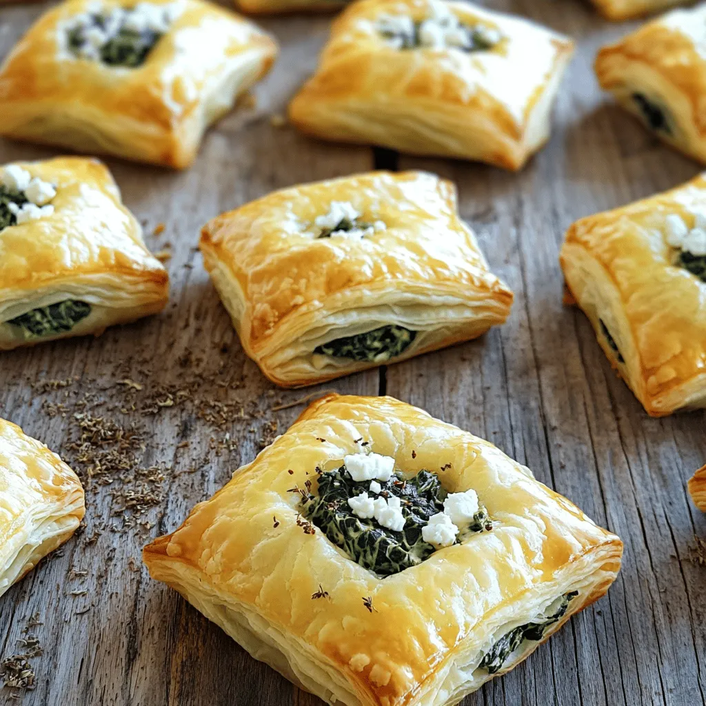 To make savory spinach and feta puff pastry, you need a few simple ingredients. These items create a tasty filling and a flaky pastry. Here’s your complete list of ingredients: - 1 package of puff pastry sheets (2 sheets, thawed) - 2 cups fresh spinach, chopped - 1 cup feta cheese, crumbled - 1/2 cup ricotta cheese - 1/4 cup grated Parmesan cheese - 1 garlic clove, minced - 1/2 teaspoon dried oregano - 1/4 teaspoon black pepper - 1 egg (for egg wash) - 1 tablespoon olive oil - Salt, to taste These ingredients blend well for a delightful meal. Fresh spinach adds a vibrant color and nutrition. Feta cheese gives a salty, tangy kick. Ricotta and Parmesan smooth out the flavors. Garlic and oregano bring warmth and depth. Using puff pastry is key for that flaky, golden crust. You can find it in the freezer section at the store. Remember to thaw it before use for the best results. As you gather your ingredients, think about how you can personalize this dish. For a twist, you could add herbs like dill or basil. Or try different cheeses, like goat cheese or mozzarella. This puff pastry recipe is flexible, so feel free to make it your own. For the full recipe and steps, check the detailed section on the preparation process. 1. Preheat the Oven: Start by preheating your oven to 400°F (200°C). This helps ensure even baking. Prepare a baking sheet by lining it with parchment paper to keep the pastries from sticking. 2. Sauté Garlic: In a large skillet, heat 1 tablespoon of olive oil over medium heat. Add 1 minced garlic clove and sauté for about 30 seconds. Watch for it to turn fragrant and golden, but be careful not to let it burn. 3. Cook Spinach: Stir in 2 cups of chopped fresh spinach. Sauté for 3-5 minutes until the spinach wilts and softens. Once done, remove the skillet from heat and let the mixture cool slightly. 4. Mix the Filling Ingredients: In a mixing bowl, combine the slightly cooled spinach with 1 cup of crumbled feta cheese, 1/2 cup of ricotta cheese, 1/4 cup of grated Parmesan, 1/2 teaspoon of dried oregano, and 1/4 teaspoon of black pepper. Stir everything together until it forms a smooth filling. 1. Roll Out the Puff Pastry: On a floured surface, gently roll out the thawed puff pastry sheets. This smooths out any wrinkles. Cut each sheet into four equal squares. 2. Fill and Seal the Pastry Squares: Place a generous spoonful of the spinach mixture in the center of each puff pastry square. Be careful not to overfill them. Carefully fold each square into a triangle or rectangle shape. Seal the edges by pressing them with a fork. 1. Egg Wash Application: In a small bowl, beat 1 egg. Use a brush to apply this egg wash over the tops of the pastries. This creates a beautiful golden finish during baking. 2. Bake: Place the filled pastries on your prepared baking sheet. Bake them in the preheated oven for 20-25 minutes. Look for them to puff up and turn golden brown. 3. Cooling and Serving Suggestions: Once baked, remove the pastries from the oven. Allow them to cool slightly on a wire rack. Serve them warm on a platter. You can garnish with fresh herbs like parsley or dill for a pop of color. Consider a light lemon yogurt dip for a refreshing touch. For the complete recipe, check out the [Full Recipe]. - Achieving the right golden color: To get that perfect golden hue, apply an egg wash. Beat one egg and brush it over the pastries before baking. This simple step makes your pastries shine and look appetizing. Watch them closely as they bake, so they don’t get too dark. - Avoiding soggy pastry: Soggy pastry can ruin your dish. To prevent this, make sure to sauté the spinach and let it cool before mixing. Excess moisture leads to a soggy bottom. Use parchment paper on your baking sheet to help with airflow and crispiness. - Adding herbs or spices: You can boost flavor by adding herbs like dill or parsley. A pinch of red pepper flakes can add a nice kick. Feel free to experiment! A little lemon zest can also brighten the dish. - Suggestions for dipping sauces: Serve your pastries with a yogurt dip. Mix plain yogurt with lemon juice, garlic, and a sprinkle of salt. You can also serve them with a spicy marinara sauce for a fun twist. - Overfilling the pastries: It’s tempting to load up on filling, but less is more. If you overfill, the filling may ooze out during baking. Stick to a generous spoonful in the center. - Not sealing edges properly: Make sure to seal your pastry edges well. Use a fork to press down firmly. This keeps all that tasty filling inside. If the edges are not sealed, they may open while baking. {{image_4}} You can switch the cheese in this recipe. Try goat cheese for a tangy twist. Cream cheese can also work well if you want a smooth texture. If you lack fresh spinach, use frozen spinach. Just be sure to thaw and drain it well. Frozen spinach can save you time and still taste great. You can shape the pastries in many ways. Try triangles, rectangles, or even circles. Each shape adds a fun touch to your table. For parties, serve these pastries on a large platter. You can garnish with fresh herbs for added color and flavor. Pair with a tangy dip to impress your guests. If you need gluten-free options, look for gluten-free puff pastry. Many brands offer great flavors and textures. For a vegan version, swap the cheeses with plant-based options. Cashew cheese or tofu can make a creamy filling. Use a flax egg in place of the egg wash for a shiny finish. This way, everyone can enjoy the dish! For more details, check the Full Recipe. To keep your savory spinach and feta puff pastry fresh, refrigerate them in an airtight container. This helps maintain their flavor and texture. Make sure to eat them within three days for the best taste. When you're ready to enjoy them again, reheat in the oven at 350°F (175°C) for about 10-15 minutes. This method brings back their crispy texture, unlike microwaving, which can make them soggy. You can freeze these pastries before or after baking. If freezing before baking, place the filled pastries on a baking sheet and freeze until solid. Then, transfer them to a freezer-safe bag. They can last up to three months. When you’re ready to bake, you can cook them straight from the freezer. Just add a few extra minutes to the baking time. If you've baked them first, let them cool completely before freezing. To thaw, leave them in the fridge overnight or use the microwave's defrost setting for a quick option. Enjoy them warm for the best flavor! How to make savory spinach and feta puff pastry? To make savory spinach and feta puff pastry, follow these steps: - Preheat your oven to 400°F (200°C). - Sauté one minced garlic clove in one tablespoon of olive oil for 30 seconds. - Add two cups of chopped fresh spinach and cook for 3-5 minutes until wilted. - In a bowl, mix the spinach with one cup of crumbled feta, half a cup of ricotta, and a quarter cup of grated Parmesan. - Roll out two thawed puff pastry sheets and cut them into squares. - Place filling in the center of each square, fold, and seal. - Brush with one beaten egg and bake for 20-25 minutes. You can find the full recipe above. What can I serve with spinach and feta puff pastries? You can serve these pastries with a light lemon yogurt dip for added flavor. A fresh salad with tomatoes and cucumbers pairs well, too. For a heartier meal, consider serving them with a warm soup, such as tomato or butternut squash. How many calories are in each pastry? Each savory spinach and feta puff pastry contains about 200 calories. This number can vary slightly based on the specific brands of ingredients used. What are the benefits of the ingredients used? Spinach is rich in iron and vitamins A and C. Feta cheese adds calcium and protein. Ricotta cheese provides a creamy texture while being lower in fat. Together, these ingredients create a tasty dish that is both nutritious and satisfying. What is the total cooking time? The total cooking time for this recipe is about 40 minutes. This includes 15 minutes of prep time and 25 minutes of baking time. How many servings does the recipe yield? This recipe yields about eight servings. Perfect for a small gathering or a family meal! This blog post covered making delicious spinach and cheese puff pastries. We discussed ingredients and how to prepare them step-by-step. I shared tips to perfect your pastries and avoid common mistakes. You also learned about variations and adjustments for dietary needs. Remember, with fresh ingredients and a bit of care, you can create tasty treats. Enjoy your cooking adventure!