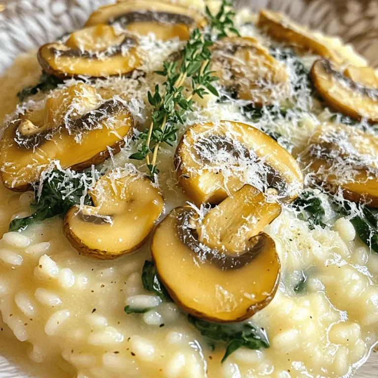 - 1 cup Arborio rice - 4 cups vegetable broth - 8 oz cremini mushrooms, sliced - 1 small onion, finely chopped - 2 cloves garlic, minced - 1 cup fresh spinach, roughly chopped - ½ cup Parmesan cheese, grated - 2 tablespoons olive oil - 2 tablespoons unsalted butter - Salt and pepper to taste - Fresh thyme leaves, for garnish (optional) To make creamy mushroom risotto, you need simple ingredients. Arborio rice is key. It gives the risotto its creamy texture. The vegetable broth adds flavor. For depth, cremini mushrooms work best. They are rich and earthy. Use a small onion for sweetness. Garlic adds a nice punch. Fresh spinach adds color and nutrition. Parmesan cheese makes it creamy and savory. Olive oil and butter create a rich base. Season with salt and pepper to balance flavors. Fresh thyme adds a nice touch, but it's optional. These ingredients combine to create a delicious meal. Each one plays a role in building flavor. You may also find the [Full Recipe] helpful for cooking. 1. Warm the Broth: Start by pouring the vegetable broth into a medium saucepan. Heat it over low heat. Keeping the broth warm helps the rice cook evenly. 2. Sauté the Aromatics: In a large skillet, add the olive oil and 1 tablespoon of butter. Heat this over medium. Once the butter melts, add the finely chopped onion. Cook for 2-3 minutes until it is soft and fragrant. 3. Cook the Mushrooms: Next, add minced garlic and sliced mushrooms to the skillet. Stir and cook for about 5-7 minutes. You want the mushrooms to be tender and golden brown. 1. Toast the Rice: Now, add Arborio rice to the skillet. Stir well to coat each grain. Cook for about 2 minutes. The edges of the rice should look slightly clear. 2. Incorporate the Broth: Begin adding the warm vegetable broth. Use a ladle to add one portion at a time. Stir often until the broth is mostly absorbed before adding more. Keep this up for 18-20 minutes until the rice is creamy and cooked al dente. 3. Add Spinach: When the risotto is nearly done, fold in the roughly chopped fresh spinach. Stir until the spinach wilts and mixes well. 1. Finish with Cheese and Butter: Remove the skillet from heat. Add the last tablespoon of butter and grated Parmesan cheese. Stir until everything is creamy and the cheese melts. 2. Season to Taste: Taste your risotto. Adjust with salt and pepper as needed. 3. Serve: Scoop the creamy mushroom risotto into bowls right away. Garnish with fresh thyme leaves if you like. Enjoy this satisfying dish! For the full recipe, you can refer to the provided details. - Stirring Techniques: Stir the risotto often. This helps release the starch from the rice. More starch means creamier risotto. Use a wooden spoon for best results. - Importance of Warm Broth: Always keep your broth warm. Cold broth will slow down cooking. This makes it hard for the rice to absorb flavors. - Achieving Creamy Consistency: To get that creamy texture, add broth slowly. Let the rice soak up the liquid before adding more. This process takes about 18-20 minutes. - Overcooking Rice: Watch the rice closely. If it cooks too long, it becomes mushy. You want it to be al dente—firm but not hard. - Not Using Enough Broth: Make sure to use enough broth. If you skimp, the rice won't cook properly. The right amount is four cups for one cup of rice. - Skipping Aromatics: Don’t skip the onion and garlic. They build a flavorful base for your risotto. Sauté them until soft and fragrant for the best taste. For the complete recipe, refer to the [Full Recipe]. {{image_4}} You can change your creamy mushroom risotto by adding different elements. Try using different mushrooms. Shiitake and portobello mushrooms add depth and flavor. They bring unique tastes to your dish. Adding proteins can also enhance your risotto. You can mix in cooked chicken or shrimp for a hearty meal. If you're plant-based, tofu works well too. It absorbs flavors and adds a nice texture. Herbs and spices can transform your risotto. Fresh herbs like basil and parsley bring brightness. You can add them right before serving for a fresh touch. Spices can give your dish extra warmth. A pinch of nutmeg adds a cozy feel. Black pepper can elevate the taste and add a slight kick. Cheese is key to a creamy risotto. While Parmesan is classic, you can explore other cheeses too. Goat cheese adds tanginess, while feta offers a crumbly texture. If you want a vegetarian option, try cashew cheese or nutritional yeast. These options keep the creaminess while being dairy-free. For more details on making this dish, check the Full Recipe. For storing leftover creamy mushroom risotto, follow these best practices: - Cool Down: Let the risotto cool to room temperature before storing. - Containers: Use airtight containers to keep air out. Glass or plastic containers work well. - Temperature: Store in the fridge for up to 3 days. Make sure your fridge is at 40°F (4°C) or lower. When you want to enjoy the risotto again, here are methods for reheating: - Stovetop: Place the risotto in a pan. Add a splash of broth or water. Heat on low, stirring often. - Microwave: Put the risotto in a microwave-safe bowl. Add a little broth or water. Heat in short bursts, stirring in between. To maintain creaminess, remember these tips: - Add Liquid: Always add a bit of broth or water while reheating. This helps keep it moist. - Stir Often: Stir the risotto regularly. This keeps it from sticking and helps it heat evenly. For the full recipe, check out the details above! How do you know when risotto is done? You know risotto is done when it is creamy and slightly firm. The rice should be al dente, which means it has a slight bite. Taste a few grains to ensure they are cooked but not mushy. Can I make risotto in advance? Yes, you can make risotto in advance. Cook it fully, then cool it quickly. Store it in the fridge for up to three days. When you reheat, add a little broth to bring back creaminess. What can I serve with creamy mushroom risotto? Creamy mushroom risotto pairs well with grilled chicken or fish. A fresh salad or roasted vegetables make a great side too. You can also enjoy it on its own as a main dish. Is risotto gluten-free? Yes, risotto is gluten-free. The main ingredient, Arborio rice, is naturally gluten-free. Always check your broth and any added ingredients to ensure they are also gluten-free. How to fix overcooked risotto? If risotto is overcooked, you can try adding more broth. This can help to loosen the texture. Stir in a little butter or cheese for added creaminess. Can I freeze creamy mushroom risotto? Freezing creamy mushroom risotto is not ideal. The texture can change when thawed. If you must freeze it, store in an airtight container for up to a month. What type of rice is best for risotto? Arborio rice is the best choice for risotto. It has a high starch content, which gives risotto its creamy texture. You can also use Carnaroli or Vialone Nano rice. How long does risotto last in the fridge? Risotto lasts about three days in the fridge. Store it in a sealed container. Make sure to reheat it properly to enjoy its creamy goodness again. For a detailed guide on making this dish, check out the Full Recipe! This blog post covered how to make creamy mushroom risotto. We looked at essential ingredients and step-by-step cooking methods. I shared tips for perfect risotto and common mistakes to avoid. We also explored fun variations, storage info, and answered frequent questions. In closing, making risotto is easier than you think. With practice, you’ll impress everyone with your delicious meals. Enjoy crafting your own unique version!
