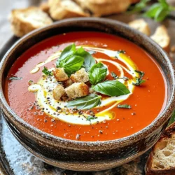 Here is what you need for the creamy tomato basil soup: - 1 tablespoon extra virgin olive oil - 1 medium yellow onion, finely diced - 2 large garlic cloves, minced - 1 can (28 oz) of high-quality crushed tomatoes - 2 cups vegetable broth (low-sodium preferred) - 1 cup heavy cream or coconut cream for a dairy-free option - 1 tablespoon granulated sugar (to balance acidity) - Freshly cracked salt and pepper to taste - 1/4 cup fresh basil leaves, chopped roughly - 1 teaspoon dried oregano - Croutons and extra fresh basil leaves for garnish To make this soup shine, choose fresh and high-quality ingredients. Use ripe tomatoes for the best flavor. I love using fresh basil from my garden. It adds a bright taste. Look for heavy cream with a high fat content. This gives the soup a rich, creamy texture. If you pick vegetable broth, go for low-sodium. It helps control the salt level in your dish. You can easily adapt this recipe to fit dietary needs. For a vegan option, swap heavy cream for coconut cream. It gives a rich flavor without dairy. If you're gluten-free, just make sure your croutons are gluten-free too. You can use fresh herbs like thyme or parsley instead of basil. This keeps the soup fresh and fragrant while meeting different tastes. For a spicy kick, add a pinch of red pepper flakes when cooking. To make this creamy tomato basil soup, start with a big pot. Heat 1 tablespoon of olive oil over medium heat. When it shimmers, add 1 finely diced yellow onion. Stir it for about 5-7 minutes until soft and see-through. Next, add 2 minced garlic cloves. Cook for 1-2 minutes, stirring so it doesn't burn. You want that nice garlic smell! Now, pour in 1 can of crushed tomatoes and 2 cups of vegetable broth. Stir gently to mix everything. Turn up the heat until it simmers. After that, mix in 1 tablespoon of sugar, a pinch of salt, and some freshly cracked pepper. Add 1/4 cup of chopped basil leaves and 1 teaspoon of dried oregano. Let this simmer uncovered for 25 minutes. This helps all the flavors blend together. After simmering, remove the pot from heat. Grab your immersion blender and carefully puree the soup until it’s silky smooth. If you want a chunkier soup, blend it only halfway. Return the pot to low heat and stir in 1 cup of heavy cream. Be careful not to let it boil, as that can curdle the cream. Taste the soup and add more salt or pepper as needed. - Prep Time: 10 minutes - Cook Time: 30 minutes - Total Time: 40 minutes - Servings: 4 This timing makes it easy to fit into a busy day. You can have a warm and hearty meal ready in no time. An immersion blender is a handy tool for soups. It allows you to blend without transferring hot soup to another container. Just place it into the pot and blend until smooth. If you don’t have one, use a regular blender in small batches. Just be careful as the soup is hot! For a fun twist, let the kids help with blending. They will love seeing the soup change texture. Plus, it makes cooking a team activity! For more on this creamy delight, check the full recipe. To boost the flavor of your creamy tomato basil soup, start with fresh ingredients. Fresh basil adds a bright, herbaceous note. Use high-quality crushed tomatoes for the best taste. You can also add a splash of balsamic vinegar to deepen the flavor. If you like a little heat, consider adding a pinch of red pepper flakes. This will give a nice kick without overpowering the dish. One common mistake is overcooking the garlic. It should be fragrant but not burnt, as this can make your soup bitter. Another error is not blending enough. A smooth texture enhances the creaminess. If you want a chunkier soup, blend just half of it. Lastly, don’t skip the sugar; it balances the acidity of tomatoes and makes the flavors pop. Serve your creamy tomato basil soup hot in deep bowls. Pair it with crusty bread or a grilled cheese sandwich for a perfect meal. You can also top the soup with croutons for added crunch. For a fresh touch, add a few extra basil leaves as a garnish. If you want to impress, drizzle a bit of olive oil on top just before serving. This brings a nice finish to the dish. For the full recipe, check the details above! {{image_4}} You can easily make this soup vegan. Instead of heavy cream, use coconut cream. This gives a rich taste without dairy. Also, ensure your vegetable broth is vegan-friendly. Replace sugar with maple syrup for a hint of sweetness. Want to add some heat? Stir in red pepper flakes or diced jalapeños. Start with a small amount and taste as you go. You can also add a splash of hot sauce for more kick. This version brings a fun twist to the classic recipe. Feel free to switch up the herbs. Use thyme or rosemary instead of oregano for a different flavor. Fresh parsley can add a nice touch too. For a zing, add a squeeze of lemon juice right before serving. These small changes can keep the soup fresh and exciting. For the full recipe, check out the details above. To store leftovers, let the soup cool first. Then, place it in an airtight container. Make sure to seal it tightly. The soup will stay fresh in the fridge for about 3 to 4 days. Label the container with the date to keep track. When you’re ready to enjoy the soup again, reheat it gently. Pour it into a pot over low heat. Stir it often to prevent it from sticking. You can also microwave it in a bowl. Heat it in short bursts, stirring in between. This will help keep the cream smooth and tasty. If you want to save the soup for later, freezing is a great option. Pour the cooled soup into freezer-safe bags or containers. Leave some space at the top, as the soup will expand. It will freeze well for up to 3 months. To thaw, place it in the fridge overnight. Then, reheat as usual. For more details, check the Full Recipe. To make creamy tomato basil soup from scratch, first, heat olive oil in a pot. Add diced onion and cook until soft. Then, stir in minced garlic for flavor. Next, pour in crushed tomatoes and vegetable broth. Let it simmer to blend flavors. After simmering, use an immersion blender to puree until smooth. Finally, stir in heavy cream and season to taste. You can serve creamy tomato basil soup with many tasty sides. Fresh, crusty bread pairs well. Grilled cheese sandwiches make a classic match. A light salad can balance the meal. For a fun twist, try adding croutons on top for crunch. Yes, creamy tomato basil soup can be healthy. It contains tomatoes, which are rich in vitamins. Basil adds flavor and nutrients. Using vegetable broth keeps it low in calories. If you choose coconut cream, it's dairy-free. Just watch the heavy cream amount for calorie control. Absolutely! You can make the soup ahead of time. Cook it, then cool it down quickly. Store it in the fridge for up to three days. When ready to eat, just reheat on the stove. Stir in the cream just before serving for the best taste. To find the full recipe for creamy tomato basil soup, check out the detailed section above. It offers all the ingredients and steps you need to create this delicious dish. Enjoy every spoonful! This blog post covered everything you need for creamy tomato basil soup. We explored the right ingredients for quality results and suitable substitutions. The step-by-step cooking process ensures you make it perfectly every time. Tips and tricks helped us enhance flavors and avoid common mistakes. Variations let you adapt the soup to your taste, and storage tips keep leftovers fresh. Overall, this soup is easy to make and delicious. Enjoy your cooking and share this recipe with friends!