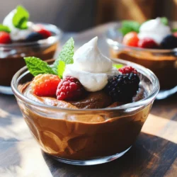 - 2 ripe avocados - 1/2 cup unsweetened cocoa powder - 1/4 cup maple syrup (adjust for desired sweetness) - 1/4 cup almond milk (or any preferred dairy-free milk) - 1 teaspoon vanilla extract - A pinch of fine sea salt - Fresh berries (such as raspberries or strawberries) and mint leaves, for garnish When measuring ingredients, use dry measuring cups for cocoa powder. This helps get the right amount. For liquid ingredients like almond milk, use a liquid measuring cup. It shows you the volume more clearly. If you want a sweeter mousse, taste as you add maple syrup. Start with less, then adjust. You can swap almond milk for coconut or oat milk if you prefer. If you want to change the sweetener, use agave syrup or honey. For a different flavor, try adding a tablespoon of instant coffee. This adds depth to the chocolate taste. To start, grab two ripe avocados. Slice them in half and remove the pit. This step is crucial; be careful not to cut yourself. Use a spoon to scoop out the green flesh into a food processor or blender. Make sure you get every bit. The avocados give the mousse its creamy texture and rich taste. Now, it's time to mix in the other ingredients. Add 1/2 cup of unsweetened cocoa powder to the avocados. Then pour in 1/4 cup of maple syrup. You can adjust this amount later if you want it sweeter. Next, add 1/4 cup of almond milk, which helps blend everything smoothly. Include 1 teaspoon of vanilla extract for extra flavor and a pinch of fine sea salt to balance the sweetness. Blend everything on high speed until it's smooth and creamy. Stop to scrape down the sides if needed. Taste your mousse; if you want it sweeter, add more maple syrup and blend again. Once your mousse is the perfect texture, it's time to serve. Spoon the mousse into individual serving dishes or ramekins. Fill them generously; this dessert is meant to be enjoyed! Cover each dish with plastic wrap or a lid. Place them in the refrigerator for at least 1 hour. This chilling step helps the mousse set and enhances the flavors. Before serving, garnish with fresh berries and mint leaves for a lovely touch. It makes your dessert look beautiful and adds a pop of color. Enjoy your rich and creamy treat! For the full recipe, check the details above. To get the smoothest mousse, blend your ingredients well. Start with ripe avocados. They should feel soft when you press them. If your mousse seems too thick, add a little more almond milk. Blend again until it’s creamy and smooth. A few small lumps are okay, but aim for a silky texture. Taste your mousse before serving. If it needs more sweetness, add maple syrup. Start with a tablespoon, blend, and taste again. You can always add more, but you can’t take it out. This way, you can find the right level of sweetness for your taste buds. Serve your mousse in clear cups or bowls. This shows off the rich, dark color. Add fresh berries or mint leaves on top for a pop of color. You can also sprinkle some cocoa powder for a nice touch. For extra creaminess, a dollop of coconut whipped cream makes a great finish. These little details make your dessert look fancy and fun! For the complete experience, check out the Full Recipe. {{image_4}} You can easily change the flavor of your mousse. Adding a splash of mint extract gives it a fresh taste. Try mixing in a little brewed coffee for a deep, rich flavor. You can also add spices like cinnamon or chili for a twist. Each addition brings a new layer of taste. Experiment to find your favorite! Maple syrup is a great sweetener, but it’s not the only one. You can use agave syrup or honey if you prefer. For a low-calorie option, try stevia or erythritol. Each sweetener has a unique flavor, so choose what suits your taste. Adjust the amount to your liking for the perfect sweetness. This mousse is already dairy-free, making it safe for many diets. If you need a nut-free option, substitute almond milk with oat or coconut milk. Always check labels to ensure there are no hidden allergens. This dessert can fit various dietary needs while still being delicious. You can enjoy the mousse with confidence, knowing it’s adaptable for all! For the full recipe, refer to the section above. To keep your mousse fresh, store it in the fridge. Place the mousse in airtight containers. Cover each container with a lid or plastic wrap. This prevents the mousse from absorbing strong odors. It also keeps it moist. Enjoy the mousse within three days for the best taste. You can freeze this mousse for longer storage. Use freezer-safe containers to avoid freezer burn. Scoop the mousse into individual portions for easy thawing. To enjoy, thaw the mousse in the fridge overnight. It may change texture slightly, but the flavor will remain delightful. This mousse stays fresh in the fridge for up to three days. If you see any changes in color or smell, it’s best to discard it. Use leftover mousse as a topping for pancakes or waffles. You can also mix it into smoothies for a creamy boost. For the full recipe, click here. Yes, this mousse is already vegan! I use ripe avocados and almond milk, which are plant-based. The cocoa powder and maple syrup are also vegan-friendly. You can enjoy this rich dessert without any dairy. I believe this mousse is a great choice for a treat. It uses avocados, which are full of healthy fats. The cocoa powder adds antioxidants, and maple syrup provides natural sweetness. It’s a dessert that feels indulgent but offers nutrition too. You can adjust the sweetness easily! Start with 1/4 cup of maple syrup. If you want it sweeter, add more syrup, one tablespoon at a time. Blend the mousse after each addition. If it’s too sweet, add a bit more cocoa powder to balance it out. Garnishes can make your mousse look fancy! I like to use fresh berries like raspberries or strawberries. Mint leaves add a nice pop of color. You could also try a sprinkle of cocoa powder or a dollop of coconut whipped cream for extra flair. For the full recipe, check out the details above. Enjoy making this creamy treat! In this post, we explored making a delicious avocado mousse. We covered key ingredients, including tips for measurement and substitutions. The step-by-step guide helped you prepare, mix, and chill the mousse perfectly. We shared tips for the best consistency and sweetness adjustments. You also learned about fun variations and important storage tips. Overall, this mousse is easy to make and great for any occasion. Try it out and enjoy this tasty treat!