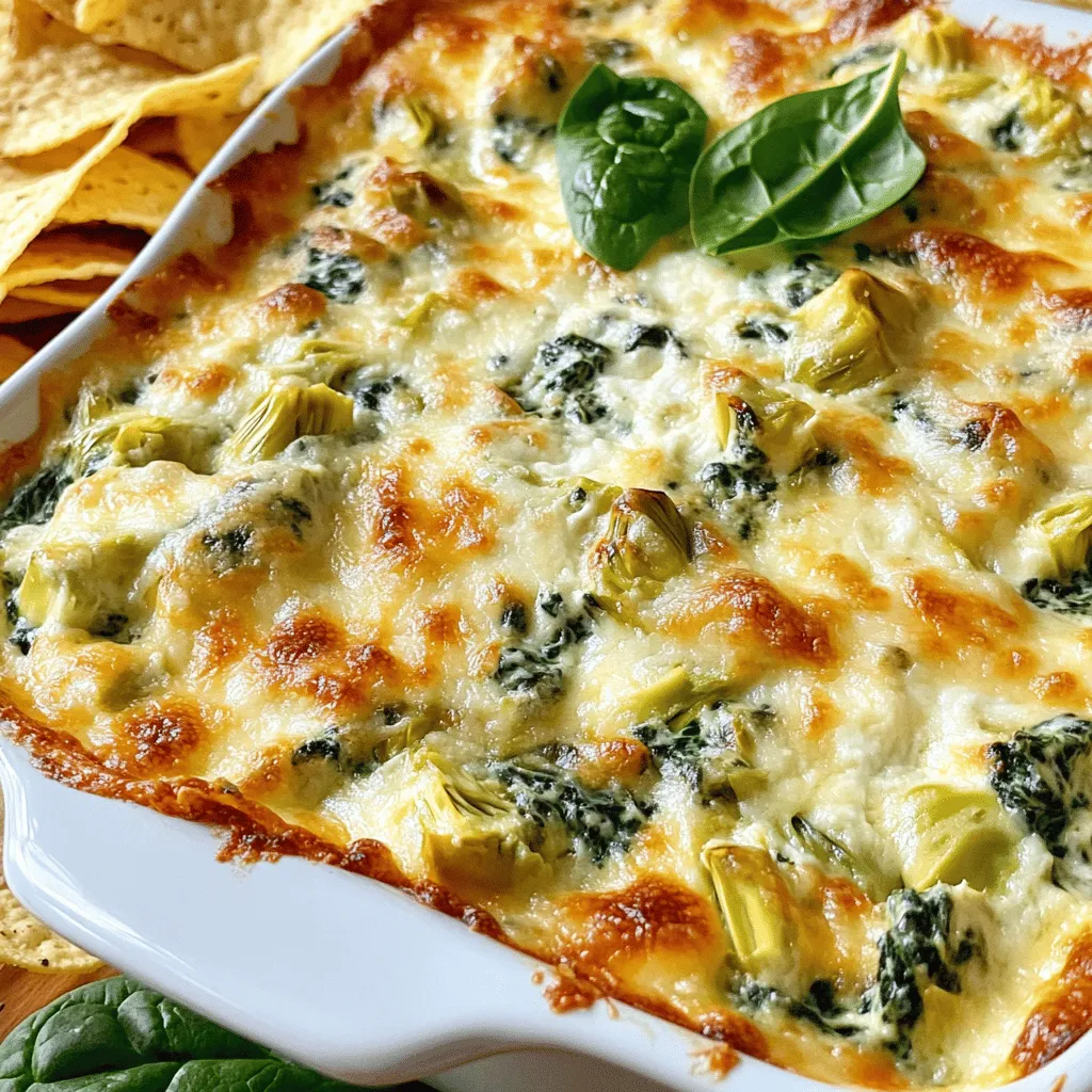 For this easy spinach artichoke dip, you will need: - 1 cup fresh spinach, finely chopped - 1 cup canned artichoke hearts, thoroughly drained and coarsely chopped - 1 cup cream cheese, at room temperature for easy blending - 1/2 cup Greek yogurt for a tangy depth - 1/2 cup shredded mozzarella cheese for that gooey texture - 1/2 cup grated Parmesan cheese for a nutty flavor - 2 cloves garlic, minced - 1 teaspoon lemon juice for brightness - Salt and pepper to taste - Optional: a pinch of crushed red pepper flakes You can change some ingredients if needed. Here are a few ideas: - Use frozen spinach instead of fresh. Just thaw and drain it well. - Swap Greek yogurt for sour cream for a creamier dip. - If you prefer, use vegan cream cheese and nutritional yeast instead of dairy cheeses for a vegan option. - Use fresh herbs like basil or parsley for added flavor instead of garlic. This dip serves about 4-6 people. Each serving contains: - Calories: ~250 - Protein: 10g - Carbohydrates: 8g - Fat: 20g - Fiber: 1g This dip is rich in flavor and nutrients, thanks to the spinach and artichokes. Enjoy this creamy delight guilt-free! For the full recipe, check out the details above. To make this easy spinach artichoke dip, start by gathering your ingredients. You will need fresh spinach, artichoke hearts, cream cheese, Greek yogurt, mozzarella, Parmesan, garlic, lemon juice, salt, and pepper. Preheat your oven to 350°F (175°C). In a large bowl, blend the cream cheese and Greek yogurt. Mix until it’s smooth. Next, fold in the chopped spinach and artichokes. Add the minced garlic, mozzarella, and Parmesan. Squeeze in the lemon juice and season with salt and pepper. If you like spice, add a pinch of crushed red pepper flakes. Stir until all the ingredients are mixed well. Now, pour the mixture into a baking dish. Use a spatula to spread it out evenly. Place the dish in the oven and bake for 25-30 minutes. Look for the dip to be bubbly and the top to turn a light golden color. Once done, take it out of the oven and let it cool for a few minutes. For serving, dish out the warm dip with a colorful array of tortilla chips, pita bread, or fresh veggie sticks. To make it look even better, sprinkle some extra Parmesan on top. Add a few fresh spinach leaves for color. Your easy spinach artichoke dip is now ready to impress! For the full recipe, check the earlier section. You can prepare this dip in advance. Mix all the ingredients and place them in your baking dish. Cover it with plastic wrap and store it in the fridge. This way, you save time when guests arrive. Bake it directly from the fridge, adding a few extra minutes to the cooking time. This dip stays fresh for up to two days in the fridge. To get the best texture, make sure your cream cheese is soft. This helps it blend well with other ingredients. If you want it creamier, add a bit more Greek yogurt. If you prefer a thicker dip, reduce the yogurt. Just remember to mix gently when adding spinach and artichokes. This keeps pieces intact, adding to the dip's fun bite. Serve the dip warm for the best flavor. Pair it with tortilla chips, pita bread, or crunchy veggies. For a fun twist, try adding a sprinkle of extra Parmesan or a few fresh spinach leaves on top. This adds a nice pop of color. You can also offer an array of dippers to please everyone. Some great options are sliced bell peppers, carrots, and toasted bread. Don’t forget, the Full Recipe has all the details you need to create this tasty dish! {{image_4}} To make this dip more luxurious, add crab meat. Crab adds a sweet, rich flavor. Use one cup of fresh crab meat or canned crab. Fold it into your dip mix right before baking. This twist gives your dip a gourmet touch. You can still enjoy the classic flavors while elevating your dish. You can also make a vegan version of this dip. Replace cream cheese with cashew cream or vegan cream cheese. Use plain almond yogurt instead of Greek yogurt. For the cheese, choose vegan mozzarella and Parmesan. This way, you keep the creamy texture and taste. You won’t miss the dairy with these great swaps. If you like heat, spice up your dip. Add a diced jalapeño or a few dashes of hot sauce. You can also mix in crushed red pepper flakes for a kick. For a smoky flavor, include some chipotle powder. Adjust the spice level to match your taste. This fiery version is perfect for those who enjoy bold flavors. For the full recipe, check out the Creamy Spinach Artichoke Delight. After enjoying your creamy spinach artichoke dip, store leftovers in an airtight container. This keeps the dip fresh and tasty. Make sure to let it cool to room temperature first. Then, seal it well. It can last in the fridge for up to three days. If you want to keep it longer, freezing is a great option. To reheat your dip, pop it in the oven. Preheat the oven to 350°F (175°C). Place the dip in an oven-safe dish. Heat it for about 15-20 minutes. Stir it halfway through for even warming. You can also microwave it. Use a microwave-safe bowl and heat it in short bursts. Stir between each burst. This helps avoid hot spots. If you want to freeze your dip, follow these steps for best results. First, let it cool completely. Then, place it in a freezer-safe container. Make sure to leave a little space at the top. This allows for expansion as it freezes. It can last in the freezer for up to two months. When you're ready to enjoy it, let it thaw in the fridge overnight. After that, reheat it using the oven or microwave. This way, you can enjoy your spinach artichoke dip anytime! For the full recipe, refer to the earlier section. Yes, you can make this dip ahead of time. Just prepare the dip, but don’t bake it yet. Cover the dish with plastic wrap and store it in the fridge. When you are ready to enjoy it, take it out and bake it as directed. This helps save time for parties or gatherings. You have many yummy options for serving this dip. Here are some ideas: - Tortilla chips - Pita bread - Sliced baguette - Fresh vegetable sticks like carrots, celery, and bell peppers - Crackers These pair well with the creamy richness of the dip, making for a delightful snack. Leftovers can last in the fridge for about 3 to 5 days. Make sure to store them in an airtight container. When you want to enjoy them again, simply reheat in the oven or microwave. This way, you can savor the delicious flavors even after the party. For the full recipe, check out the details above! This blog covered everything you need to know about making Spinach Artichoke Dip. We talked about ingredients, substitutions, and nutrition. I shared clear steps for prep, baking, and serving. You learned helpful tips for storage and variations to try. In closing, whether you make it classic or spicy, this dip is a crowd-pleaser. Enjoy your cooking and share with friends!