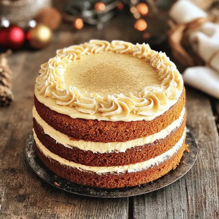 When making eggnog cake, using the right ingredients is key. Here’s what you need: - 2 cups all-purpose flour - 1 ½ teaspoons baking powder - ½ teaspoon baking soda - ½ teaspoon ground nutmeg - ½ teaspoon ground cinnamon - ½ teaspoon salt - 1 cup unsalted butter, softened - 1 ½ cups granulated sugar - 4 large eggs, at room temperature - 1 cup eggnog (store-bought or homemade) - 1 teaspoon pure vanilla extract - 1 cup powdered sugar (for frosting) - 2 tablespoons unsalted butter, softened (for frosting) - 2 tablespoons eggnog (for frosting) - Ground nutmeg for garnish Each ingredient plays a vital role. Flour gives the cake structure. Baking powder and baking soda help it rise. Nutmeg and cinnamon add that warm, festive flavor. Butter and sugar create a sweet, moist base. Eggs bind everything together, while eggnog adds richness. You can use homemade eggnog for a personal touch. Store-bought eggnog works well too. For the frosting, the powdered sugar and butter make a smooth, sweet topping. Top it off with ground nutmeg for a lovely finish. Ready to bake? Check out the Full Recipe for the detailed steps! - Set temperature to 350°F (175°C) - Prepare cake pans Start by preheating your oven to 350°F (175°C). This step is key for even baking. Next, grab two 9-inch round cake pans. Grease them with butter and dust them lightly with flour. This will stop the cake from sticking. - Combine flour and leavening agents - Set aside dry mixture In a medium bowl, combine 2 cups of all-purpose flour, 1 ½ teaspoons of baking powder, ½ teaspoon of baking soda, ½ teaspoon of ground nutmeg, ½ teaspoon of ground cinnamon, and ½ teaspoon of salt. Whisk these ingredients together until they are well mixed. Set this dry mixture aside for later. - Beat until light and fluffy - Add eggs and vanilla In a large bowl, use an electric mixer to cream 1 cup of softened unsalted butter with 1 ½ cups of granulated sugar. Mix on medium speed for about 3-4 minutes. The mixture should look light and fluffy. Then, add 4 large eggs, one at a time. Mix well after each egg. Don’t forget to add 1 teaspoon of pure vanilla extract and mix until combined. - Alternate adding dry and wet ingredients - Mix just until combined Now, it’s time to mix the wet and dry ingredients. Start by adding a portion of the dry mixture to the butter and sugar mix. Then, add 1 cup of eggnog. Alternate between the dry mix and eggnog, mixing on low speed. Stop mixing as soon as everything is combined. Overmixing can ruin the cake's texture. - Fill pans and smooth the top - Timing for baking (25-30 minutes) Take the batter and divide it evenly between the two prepared cake pans. Smooth the tops with a spatula. Place the pans in the preheated oven. Bake for about 25-30 minutes. To check if they’re done, insert a toothpick in the center. It should come out clean or with a few moist crumbs. - Cool and frost the cakes - Garnish with nutmeg After baking, let the cakes cool in the pans for about 10 minutes. Carefully move them to a wire rack to cool completely. While they cool, you can make the frosting. Beat together 1 cup of powdered sugar and 2 tablespoons of softened butter until fluffy. Gradually blend in 2 tablespoons of eggnog until it’s smooth. Once the cakes are cool, place one layer on a serving plate. Spread the eggnog frosting on top, then place the second layer on top. Frost the top and sides of the cake with the remaining frosting. For a festive touch, sprinkle ground nutmeg on the top. Enjoy your eggnog cake! For the complete details, check the Full Recipe. - Avoid overmixing: Mix the batter just until the dry and wet ingredients blend. Overmixing makes the cake tough. - Room temperature ingredients: Use eggs and butter at room temperature. This helps create a smooth batter. - How to get a smooth frosting: Beat the butter until it’s light and fluffy. Gradually add powdered sugar. Blend in eggnog slowly. This step ensures a creamy, smooth texture. - Tips for flavor adjustments: You can add a splash of rum or extra spices to the frosting. This adds a fun twist to the flavor. - Serving suggestions: Serve slices on elegant plates. This adds a festive touch to your table. - Add-ons or pairings: Pair each slice with a small glass of eggnog. It enhances the holiday feel and adds fun. You can find the complete recipe in the Full Recipe section. Enjoy making your eggnog cake! {{image_4}} You can boost the flavor of your eggnog cake with spices. Cinnamon, nutmeg, and cloves work perfectly. These spices enhance the holiday vibe. You can also try other flavorings. Consider adding a splash of rum or bourbon for a grown-up twist. Almond extract adds a nice layer too. Remember, a little goes a long way! If you need gluten-free options, use a gluten-free flour blend. This swap keeps the cake moist and tasty. Just ensure your baking powder is also gluten-free. For vegan substitutes, replace eggs with flaxseed meal or applesauce. You can use plant-based butter and almond milk instead of eggnog. This keeps the flavor rich and delightful. You have many choices for frostings. A cream cheese frosting pairs well with eggnog flavors. Or, try a whipped cream topping for a light touch. Get creative with garnishes! You can sprinkle cocoa powder or add chocolate shavings. Fresh berries or candied nuts can add color and crunch. Each of these options makes your cake a real showstopper. To keep your eggnog cake fresh, store it in an airtight container. This helps keep moisture in and air out. I recommend using a cake dome or a plastic cake container. These options work well to protect the cake from drying out. You can keep the cake at room temperature for up to three days. If you need it to last longer, place the cake in the fridge. It can last about a week in there. If you have leftover cake, freezing is a great option. First, let the cake cool completely. Wrap each layer tightly in plastic wrap. Then, place the wrapped layers in a freezer-safe bag or container. This keeps the cake from getting freezer burn. You can freeze the cake for up to three months. When it’s time to enjoy, take the cake out. Put it in the fridge for several hours or overnight to thaw. If you’re in a hurry, you can let it sit at room temperature for about an hour. This way, your eggnog cake will taste just as good as when you first made it. For more details on the eggnog cake preparation, check out the Full Recipe. To make eggnog cake from scratch, gather fresh ingredients. Start by preheating your oven to 350°F (175°C). Mix flour, baking powder, baking soda, nutmeg, cinnamon, and salt in a bowl. Cream softened butter and sugar in another bowl. Add eggs and mix well. Gradually combine both mixtures while adding eggnog. Pour the batter into prepared pans and bake for about 25-30 minutes. Cool and frost with eggnog frosting. Yes, you can use store-bought eggnog. It saves time and still tastes great. Choose a brand you enjoy for the best flavor. Use the same amount as you would homemade eggnog in the recipe. If you need to replace eggnog, you can use a mix of milk and nutmeg. Combine 1 cup of milk with 1 teaspoon of nutmeg and 1 teaspoon of vanilla extract. This will give you a similar flavor profile. You can also try using any non-dairy milk with spices for a vegan option. To ensure your cake rises well, use fresh baking powder and baking soda. Make sure your ingredients are at room temperature. Avoid overmixing the batter; this can lead to a dense cake. Lastly, fill your cake pans only halfway to allow room for rising. Yes, you can make this cake ahead of time. Bake the cake and let it cool completely. Wrap each cake layer in plastic wrap. Store in the fridge for up to 3 days or freeze for longer storage. Frost the cake just before serving for the best texture. Serve eggnog cake chilled or at room temperature. Slice it into generous portions. For a festive touch, add a sprinkle of ground nutmeg on top. You can pair slices with a glass of eggnog for a delightful holiday treat. Enjoy each bite! In this post, we explored a simple eggnog cake recipe. You learned about the key ingredients, easy steps, and helpful tips for success. Remember, room temperature items and avoiding overmixing are key. You can make this cake your own with flavors or dietary swaps. Store it right, and enjoy every slice. Baking this cake can be fun, tasty, and festive. Trust me, your friends and family will love it.