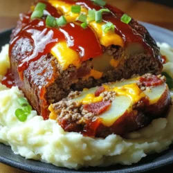 - 1 lb ground beef - 1 cup prepared mashed potatoes - 1/2 cup shredded sharp cheddar cheese - 1/2 cup cooked bacon, crumbled (optional) - 1/4 cup finely chopped green onions - 1/4 cup milk - 1 large egg - 1 tablespoon Worcestershire sauce - 1 teaspoon garlic powder - 1 teaspoon onion powder - 1/2 teaspoon salt - 1/2 teaspoon freshly ground black pepper - 1/2 cup ketchup (for glaze) In this loaded potato meatloaf, the main ingredients shine together. The ground beef gives it a solid base. Mashed potatoes add creaminess and help bind the meatloaf. Sharp cheddar cheese brings a nice, rich flavor. If you like, add crumbled bacon for a smoky touch. Green onions add a hint of freshness. For the additional ingredients, milk makes the mixture moist. The egg acts as a binder, holding everything together. Worcestershire sauce adds depth. Garlic and onion powder enhance the taste. Finally, the glaze ingredients complete the dish. Salt and pepper help season the meatloaf. Ketchup on top creates a sweet and tangy glaze that caramelizes as it bakes. For more details, check the Full Recipe. - Preheat the oven to 350°F (175°C). - In a large mixing bowl, combine: - 1 lb ground beef - 1 cup prepared mashed potatoes - 1/2 cup shredded sharp cheddar cheese - 1/2 cup cooked bacon, crumbled (optional) - 1/4 cup finely chopped green onions - 1/4 cup milk - 1 large egg - 1 tablespoon Worcestershire sauce - 1 teaspoon garlic powder - 1 teaspoon onion powder - 1/2 teaspoon salt - 1/2 teaspoon freshly ground black pepper Mix these ingredients gently. You want them combined but not overmixed. This helps keep the meatloaf tender. - Transfer the mixture into a greased loaf pan. - Shape it into a loaf form. Pack it gently, but not too tight. - Spread 1/2 cup ketchup evenly over the top. This glaze adds flavor and sweetness. - Bake for 50-60 minutes. The meatloaf is done when it reaches an internal temperature of 160°F (70°C). - After baking, let the meatloaf rest for 10 minutes. This helps keep it juicy when you slice it. Check the [Full Recipe] for more details. Enjoy your hearty and comforting meal! Keep your meatloaf tender by not overmixing the ingredients. When you mix too much, the meatloaf can become tough. Just combine everything until it’s mixed, then stop. Use ground beef with a bit of fat, like 80/20. This fat adds flavor and keeps the meatloaf moist. To make your loaded potato meatloaf taste even better, add some spices. Try a bit of smoked paprika or a dash of cayenne pepper for heat. Fresh herbs like parsley or thyme can also enhance the flavor. When it comes to cheese, use freshly grated cheese instead of packaged cheese. Fresh cheese melts better and gives a creamier texture. For the best glaze, make sure your ketchup is a bit thick. You can mix it with a little brown sugar for sweetness. If you want a twist, try using barbecue sauce or a mix of ketchup and mustard. This adds a nice tangy flavor to the top of your meatloaf. {{image_4}} You can switch out the ground beef for other meats. Ground turkey or chicken works well. These options make the meatloaf lighter. Mixing meats can also add unique flavor. Try combining beef with pork for a rich taste. Each protein gives its own twist to the dish. For a vegetarian meatloaf, you can use lentils or black beans. These ingredients give great texture and flavor. You can also use quinoa or chickpeas as a base. To bind the mixture, add oats or breadcrumbs. This keeps the loaf from falling apart. You can change the flavor by adding different cheeses. Try mozzarella for a gooey texture or feta for a salty bite. Adding veggies like bell peppers or zucchini adds color and taste. For some spice, include jalapeños or crushed red pepper. Each ingredient makes the dish more exciting. For the full recipe, check the details above. To store your loaded potato meatloaf, let it cool first. Place leftovers in an airtight container. This keeps the meatloaf fresh and prevents odors from mixing. You can also wrap it tightly in plastic wrap. Make sure to seal it well to avoid air exposure. To freeze meatloaf, let it cool completely. Wrap it in plastic wrap, then place it in a freezer bag. Squeeze out any air before sealing. This helps prevent freezer burn. For thawing, move it to the fridge overnight. To reheat, bake it at 350°F (175°C) until warmed through. This usually takes about 30 minutes. In the fridge, your loaded potato meatloaf lasts about 3-4 days. If you freeze it, it can last up to 3 months. Always check for signs of spoilage. Look for an off smell, discoloration, or a slimy texture. If you see any of these, it’s best to throw it away. Loaded potato meatloaf takes about 1 hour and 10 minutes to make. This includes a prep time of 15 minutes and a cook time of 50 to 60 minutes. You want to bake it at 350°F (175°C) until it reaches a safe internal temperature. Yes, you can make this meatloaf ahead of time. Prepare the meatloaf mixture and shape it in the pan. Cover it with plastic wrap and store it in the fridge for up to one day. When ready, just bake it straight from the fridge. You may need to add a few extra minutes to the cooking time. Several sides pair nicely with loaded potato meatloaf. Here are some great options: - Steamed broccoli - Mashed potatoes - Green beans - Mixed salads - Roasted carrots These sides add color and nutrition to your meal. To check if the meatloaf is done, use a meat thermometer. Insert it into the center of the meatloaf. It should read 160°F (70°C) for safe eating. If you don’t have a thermometer, check if the meatloaf is firm to the touch and the juices run clear. This meatloaf recipe combines tasty beef, creamy potatoes, and yummy cheese. We covered the key ingredients, from the main mix to the glaze. I shared how to bake it for the best flavor and texture. Remember, you can swap proteins or try new toppings to fit your taste. Proper storage keeps leftovers fresh. With these tips, you can enjoy a delicious meatloaf that’s simple to make and customize. Dive in and have fun with your cooking!