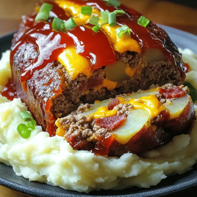 - 1 lb ground beef - 1 cup prepared mashed potatoes - 1/2 cup shredded sharp cheddar cheese - 1/2 cup cooked bacon, crumbled (optional) - 1/4 cup finely chopped green onions - 1/4 cup milk - 1 large egg - 1 tablespoon Worcestershire sauce - 1 teaspoon garlic powder - 1 teaspoon onion powder - 1/2 teaspoon salt - 1/2 teaspoon freshly ground black pepper - 1/2 cup ketchup (for glaze) In this loaded potato meatloaf, the main ingredients shine together. The ground beef gives it a solid base. Mashed potatoes add creaminess and help bind the meatloaf. Sharp cheddar cheese brings a nice, rich flavor. If you like, add crumbled bacon for a smoky touch. Green onions add a hint of freshness. For the additional ingredients, milk makes the mixture moist. The egg acts as a binder, holding everything together. Worcestershire sauce adds depth. Garlic and onion powder enhance the taste. Finally, the glaze ingredients complete the dish. Salt and pepper help season the meatloaf. Ketchup on top creates a sweet and tangy glaze that caramelizes as it bakes. For more details, check the Full Recipe. - Preheat the oven to 350°F (175°C). - In a large mixing bowl, combine: - 1 lb ground beef - 1 cup prepared mashed potatoes - 1/2 cup shredded sharp cheddar cheese - 1/2 cup cooked bacon, crumbled (optional) - 1/4 cup finely chopped green onions - 1/4 cup milk - 1 large egg - 1 tablespoon Worcestershire sauce - 1 teaspoon garlic powder - 1 teaspoon onion powder - 1/2 teaspoon salt - 1/2 teaspoon freshly ground black pepper Mix these ingredients gently. You want them combined but not overmixed. This helps keep the meatloaf tender. - Transfer the mixture into a greased loaf pan. - Shape it into a loaf form. Pack it gently, but not too tight. - Spread 1/2 cup ketchup evenly over the top. This glaze adds flavor and sweetness. - Bake for 50-60 minutes. The meatloaf is done when it reaches an internal temperature of 160°F (70°C). - After baking, let the meatloaf rest for 10 minutes. This helps keep it juicy when you slice it. Check the [Full Recipe] for more details. Enjoy your hearty and comforting meal! Keep your meatloaf tender by not overmixing the ingredients. When you mix too much, the meatloaf can become tough. Just combine everything until it’s mixed, then stop. Use ground beef with a bit of fat, like 80/20. This fat adds flavor and keeps the meatloaf moist. To make your loaded potato meatloaf taste even better, add some spices. Try a bit of smoked paprika or a dash of cayenne pepper for heat. Fresh herbs like parsley or thyme can also enhance the flavor. When it comes to cheese, use freshly grated cheese instead of packaged cheese. Fresh cheese melts better and gives a creamier texture. For the best glaze, make sure your ketchup is a bit thick. You can mix it with a little brown sugar for sweetness. If you want a twist, try using barbecue sauce or a mix of ketchup and mustard. This adds a nice tangy flavor to the top of your meatloaf. {{image_4}} You can switch out the ground beef for other meats. Ground turkey or chicken works well. These options make the meatloaf lighter. Mixing meats can also add unique flavor. Try combining beef with pork for a rich taste. Each protein gives its own twist to the dish. For a vegetarian meatloaf, you can use lentils or black beans. These ingredients give great texture and flavor. You can also use quinoa or chickpeas as a base. To bind the mixture, add oats or breadcrumbs. This keeps the loaf from falling apart. You can change the flavor by adding different cheeses. Try mozzarella for a gooey texture or feta for a salty bite. Adding veggies like bell peppers or zucchini adds color and taste. For some spice, include jalapeños or crushed red pepper. Each ingredient makes the dish more exciting. For the full recipe, check the details above. To store your loaded potato meatloaf, let it cool first. Place leftovers in an airtight container. This keeps the meatloaf fresh and prevents odors from mixing. You can also wrap it tightly in plastic wrap. Make sure to seal it well to avoid air exposure. To freeze meatloaf, let it cool completely. Wrap it in plastic wrap, then place it in a freezer bag. Squeeze out any air before sealing. This helps prevent freezer burn. For thawing, move it to the fridge overnight. To reheat, bake it at 350°F (175°C) until warmed through. This usually takes about 30 minutes. In the fridge, your loaded potato meatloaf lasts about 3-4 days. If you freeze it, it can last up to 3 months. Always check for signs of spoilage. Look for an off smell, discoloration, or a slimy texture. If you see any of these, it’s best to throw it away. Loaded potato meatloaf takes about 1 hour and 10 minutes to make. This includes a prep time of 15 minutes and a cook time of 50 to 60 minutes. You want to bake it at 350°F (175°C) until it reaches a safe internal temperature. Yes, you can make this meatloaf ahead of time. Prepare the meatloaf mixture and shape it in the pan. Cover it with plastic wrap and store it in the fridge for up to one day. When ready, just bake it straight from the fridge. You may need to add a few extra minutes to the cooking time. Several sides pair nicely with loaded potato meatloaf. Here are some great options: - Steamed broccoli - Mashed potatoes - Green beans - Mixed salads - Roasted carrots These sides add color and nutrition to your meal. To check if the meatloaf is done, use a meat thermometer. Insert it into the center of the meatloaf. It should read 160°F (70°C) for safe eating. If you don’t have a thermometer, check if the meatloaf is firm to the touch and the juices run clear. This meatloaf recipe combines tasty beef, creamy potatoes, and yummy cheese. We covered the key ingredients, from the main mix to the glaze. I shared how to bake it for the best flavor and texture. Remember, you can swap proteins or try new toppings to fit your taste. Proper storage keeps leftovers fresh. With these tips, you can enjoy a delicious meatloaf that’s simple to make and customize. Dive in and have fun with your cooking!