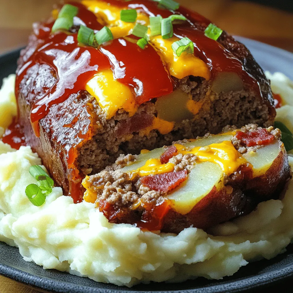 - 1 lb ground beef - 1 cup prepared mashed potatoes - 1/2 cup shredded sharp cheddar cheese - 1/2 cup cooked bacon, crumbled (optional) - 1/4 cup finely chopped green onions - 1/4 cup milk - 1 large egg - 1 tablespoon Worcestershire sauce - 1 teaspoon garlic powder - 1 teaspoon onion powder - 1/2 teaspoon salt - 1/2 teaspoon freshly ground black pepper - 1/2 cup ketchup (for glaze) In this loaded potato meatloaf, the main ingredients shine together. The ground beef gives it a solid base. Mashed potatoes add creaminess and help bind the meatloaf. Sharp cheddar cheese brings a nice, rich flavor. If you like, add crumbled bacon for a smoky touch. Green onions add a hint of freshness. For the additional ingredients, milk makes the mixture moist. The egg acts as a binder, holding everything together. Worcestershire sauce adds depth. Garlic and onion powder enhance the taste. Finally, the glaze ingredients complete the dish. Salt and pepper help season the meatloaf. Ketchup on top creates a sweet and tangy glaze that caramelizes as it bakes. For more details, check the Full Recipe. - Preheat the oven to 350°F (175°C). - In a large mixing bowl, combine: - 1 lb ground beef - 1 cup prepared mashed potatoes - 1/2 cup shredded sharp cheddar cheese - 1/2 cup cooked bacon, crumbled (optional) - 1/4 cup finely chopped green onions - 1/4 cup milk - 1 large egg - 1 tablespoon Worcestershire sauce - 1 teaspoon garlic powder - 1 teaspoon onion powder - 1/2 teaspoon salt - 1/2 teaspoon freshly ground black pepper Mix these ingredients gently. You want them combined but not overmixed. This helps keep the meatloaf tender. - Transfer the mixture into a greased loaf pan. - Shape it into a loaf form. Pack it gently, but not too tight. - Spread 1/2 cup ketchup evenly over the top. This glaze adds flavor and sweetness. - Bake for 50-60 minutes. The meatloaf is done when it reaches an internal temperature of 160°F (70°C). - After baking, let the meatloaf rest for 10 minutes. This helps keep it juicy when you slice it. Check the [Full Recipe] for more details. Enjoy your hearty and comforting meal! Keep your meatloaf tender by not overmixing the ingredients. When you mix too much, the meatloaf can become tough. Just combine everything until it’s mixed, then stop. Use ground beef with a bit of fat, like 80/20. This fat adds flavor and keeps the meatloaf moist. To make your loaded potato meatloaf taste even better, add some spices. Try a bit of smoked paprika or a dash of cayenne pepper for heat. Fresh herbs like parsley or thyme can also enhance the flavor. When it comes to cheese, use freshly grated cheese instead of packaged cheese. Fresh cheese melts better and gives a creamier texture. For the best glaze, make sure your ketchup is a bit thick. You can mix it with a little brown sugar for sweetness. If you want a twist, try using barbecue sauce or a mix of ketchup and mustard. This adds a nice tangy flavor to the top of your meatloaf. {{image_4}} You can switch out the ground beef for other meats. Ground turkey or chicken works well. These options make the meatloaf lighter. Mixing meats can also add unique flavor. Try combining beef with pork for a rich taste. Each protein gives its own twist to the dish. For a vegetarian meatloaf, you can use lentils or black beans. These ingredients give great texture and flavor. You can also use quinoa or chickpeas as a base. To bind the mixture, add oats or breadcrumbs. This keeps the loaf from falling apart. You can change the flavor by adding different cheeses. Try mozzarella for a gooey texture or feta for a salty bite. Adding veggies like bell peppers or zucchini adds color and taste. For some spice, include jalapeños or crushed red pepper. Each ingredient makes the dish more exciting. For the full recipe, check the details above. To store your loaded potato meatloaf, let it cool first. Place leftovers in an airtight container. This keeps the meatloaf fresh and prevents odors from mixing. You can also wrap it tightly in plastic wrap. Make sure to seal it well to avoid air exposure. To freeze meatloaf, let it cool completely. Wrap it in plastic wrap, then place it in a freezer bag. Squeeze out any air before sealing. This helps prevent freezer burn. For thawing, move it to the fridge overnight. To reheat, bake it at 350°F (175°C) until warmed through. This usually takes about 30 minutes. In the fridge, your loaded potato meatloaf lasts about 3-4 days. If you freeze it, it can last up to 3 months. Always check for signs of spoilage. Look for an off smell, discoloration, or a slimy texture. If you see any of these, it’s best to throw it away. Loaded potato meatloaf takes about 1 hour and 10 minutes to make. This includes a prep time of 15 minutes and a cook time of 50 to 60 minutes. You want to bake it at 350°F (175°C) until it reaches a safe internal temperature. Yes, you can make this meatloaf ahead of time. Prepare the meatloaf mixture and shape it in the pan. Cover it with plastic wrap and store it in the fridge for up to one day. When ready, just bake it straight from the fridge. You may need to add a few extra minutes to the cooking time. Several sides pair nicely with loaded potato meatloaf. Here are some great options: - Steamed broccoli - Mashed potatoes - Green beans - Mixed salads - Roasted carrots These sides add color and nutrition to your meal. To check if the meatloaf is done, use a meat thermometer. Insert it into the center of the meatloaf. It should read 160°F (70°C) for safe eating. If you don’t have a thermometer, check if the meatloaf is firm to the touch and the juices run clear. This meatloaf recipe combines tasty beef, creamy potatoes, and yummy cheese. We covered the key ingredients, from the main mix to the glaze. I shared how to bake it for the best flavor and texture. Remember, you can swap proteins or try new toppings to fit your taste. Proper storage keeps leftovers fresh. With these tips, you can enjoy a delicious meatloaf that’s simple to make and customize. Dive in and have fun with your cooking!