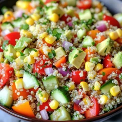 Quinoa: Preparation and Nutritional Benefits Quinoa is a super grain. It is full of protein and fiber. Start with one cup of quinoa. Rinse it well before cooking. This removes bitter saponins. Cook it in two cups of vegetable broth or water. This makes the quinoa tasty. Once cooked, it becomes fluffy and light. Fresh Vegetables: Suggested Variations Use a mix of colorful vegetables. I love using: - 1 medium red bell pepper, diced - 1 medium cucumber, diced - 1 cup cherry tomatoes, halved - 1 cup corn kernels, fresh or frozen - 1 ripe avocado, diced - ½ cup red onion, finely chopped - ½ cup fresh parsley, finely chopped Feel free to swap veggies based on your taste. You can try carrots, zucchini, or spinach. Just keep the colors bright for a fun look. Dressing Ingredients: Enhancing Flavor The dressing brings all the flavors together. For this salad, use: - ¼ cup extra virgin olive oil - 3 tablespoons freshly squeezed lemon juice - 1 teaspoon garlic powder - Sea salt and freshly ground black pepper to taste Mix the dressing in a small bowl. Pour it over the salad before serving. It adds zest and freshness to every bite. For the complete recipe, check the Full Recipe section. 1. Boiling Water and Adding Quinoa Start by bringing 2 cups of vegetable broth or water to a boil in a medium pot. This is crucial because hot water helps the quinoa cook evenly. Once the water is bubbling, add 1 cup of rinsed quinoa. Stir it gently to mix. 2. Simmering and Fluffing Techniques After adding the quinoa, lower the heat to a simmer. Cover the pot with a lid and let it cook for about 15 minutes. When done, the quinoa should be fluffy and all the water absorbed. Take a fork and fluff it gently to separate the grains. 3. Cooling the Quinoa for Mixing Set the cooked quinoa aside to cool to room temperature. This helps the salad stay fresh and not wilt the veggies. You can spread it on a plate to cool faster if you like. 1. Chopping Guidelines for Fresh Ingredients For a colorful salad, chop your vegetables into small, even pieces. I like to use a medium red bell pepper, a cucumber, and cherry tomatoes. Uniform cuts help the salad look nice and make each bite balanced. 2. Importance of Dicing and Mixing Sizes Dicing ensures that each vegetable mixes well with the quinoa. If some pieces are big, they may overpower the dish. Aim for small, bite-sized pieces for a better texture and taste. 1. Mixing the Vegetables and Quinoa In a large bowl, combine all your diced veggies: red bell pepper, cucumber, halved cherry tomatoes, corn, diced avocado, red onion, and parsley. Once mixed, add the cooled quinoa. Toss gently to combine everything. 2. Making the Dressing: Tips for Perfect Emulsion In a small bowl, whisk together ¼ cup of extra virgin olive oil, 3 tablespoons of lemon juice, 1 teaspoon of garlic powder, sea salt, and black pepper. This dressing brings life to the salad. Pour it over the quinoa and veggies, and mix everything well. Taste and adjust seasoning if needed. Now, you are ready to enjoy a vibrant dish! For the full recipe, check the guidelines above. To make your salad special, think about adding protein. Options like chickpeas or grilled chicken work well. Chickpeas add texture and nutrients. Grilled chicken gives a hearty feel. You can also try tofu for a plant-based choice. Next, consider seasonal vegetables. Fresh veggies change with the seasons. In spring, add peas or asparagus. In summer, use zucchini or bell peppers. In fall, sweet potatoes or roasted squash shine. Choose what is fresh and available. Fresh herbs can boost your salad's taste. Keep herbs like parsley or cilantro in water. Cover them with a plastic bag to keep them fresh longer. Store dressings in a jar. This way, you can shake them up before using. For a pretty display, use a colorful bowl. Layer the salad ingredients for a fun look. You can also serve it in mason jars. This makes a cute and portable meal. Watch your quinoa as it cooks. Overcooking can make it mushy. Aim for fluffy quinoa instead. Follow the cooking time closely for best results. Timing your dressing is important too. If you add it too early, it can make the salad soggy. Wait until just before serving to mix in the dressing. This keeps the salad fresh and crisp. For the full recipe, check out the vibrant rainbow vegetable quinoa salad! {{image_4}} For those who follow vegan diets, this salad is a great choice. All the ingredients are plant-based. Quinoa itself is gluten-free. You can enjoy this dish without worrying about gluten. If you want more protein, add chickpeas or black beans. These options boost the protein content while keeping it vegan. If you want to try something different, consider Mediterranean flavors. Add olives, feta cheese, and herbs like oregano. These will give the salad a nice twist. You can also explore Asian flavors. Try adding edamame, sesame seeds, and a splash of soy sauce. These ingredients will add depth and zest. Be mindful of common allergens. Nuts can cause problems for some people. If you want crunch, try sunflower seeds instead. Dairy is another common allergen. You can skip cheese or use a nut-based alternative. Always check for allergies when serving. This way, you keep everyone safe and happy. For a complete guide on making this tasty dish, check the Full Recipe. To keep your Vegetable Quinoa Salad fresh, store it in the fridge. Use an airtight container. This helps to keep moisture out and flavors in. When you put the salad in the fridge, it can last for about three days. For freezing, it’s best to freeze just the quinoa and veggies. Avoid dressing before freezing. This prevents sogginess. Place the salad in freezer-safe bags. Remove as much air as you can before sealing. It will stay good in the freezer for up to three months. To check if your salad is still fresh, look for signs. If the vegetables are mushy or smell bad, it’s time to toss it out. Fresh ingredients should stay crisp and bright. When reheating, do it gently. Use the microwave on low power. Heat just until warm, not hot. This keeps the texture and flavor better. Enjoy your leftovers within a day or two to get the best taste! You can store Vegetable Quinoa Salad in the refrigerator for 3 to 5 days. Keep it in a sealed container to maintain freshness. If you want the salad to stay bright and crisp, avoid adding dressings until you are ready to eat. This way, the veggies stay crunchy, and the flavors remain fresh. Yes, you can use other grains like rice, farro, or barley. Each grain brings its texture and flavor. For example, brown rice adds a chewy bite, while farro gives a nutty taste. These grains are also filling and healthy, making them great alternatives. Absolutely! This salad is perfect for meal prep. You can cook the quinoa and chop the veggies ahead of time. Store each component separately to keep everything fresh. When you are ready for a meal, mix them together. This saves time and ensures you have a quick, healthy meal. Quinoa is a superfood packed with nutrients. It is high in protein, making it great for energy. It contains fiber, which helps with digestion. Quinoa is also gluten-free, so many people can enjoy it. Plus, it has essential vitamins and minerals, like magnesium and iron, which keep you healthy. Yes, you can add dressings after making the salad. This is a great way to control the flavor. If you want a lighter taste, add just a little dressing. For a bolder flavor, go for more. Just remember to mix well to coat everything evenly. You can also try different dressings to change things up! In this post, we explored how to make a tasty Vegetable Quinoa Salad. We talked about preparing quinoa, picking fresh vegetables, and mixing in flavorful dressings. I shared tips on customizing your salad, avoiding common mistakes, and storing it safely. Remember, this salad is versatile and perfect for any meal. You can adjust the ingredients to fit your taste and dietary needs. Enjoy making this healthy dish, and have fun experimenting with flavors!