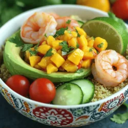 - 1 lb shrimp, peeled and deveined - 2 ripe avocados, halved, pitted, and flesh scooped out - 1 cup cooked quinoa (preferably chilled) - 1 cup cherry tomatoes, halved - 1 medium cucumber, diced into small cubes - 1 small red onion, finely chopped - 2 tablespoons olive oil - 1 tablespoon fresh lime juice - Salt and pepper to taste - Fresh cilantro leaves for garnish - 1 ripe mango, diced into small pieces - 1 jalapeño, minced (omit for a milder version) - 1/4 cup red onion, diced - 1/4 cup fresh cilantro, finely chopped - 1 tablespoon lime juice - Salt to taste The ingredients are the first step in making Shrimp Avocado Bowls with Mango Salsa. You need fresh shrimp, ripe avocados, and cooked quinoa. The shrimp should be peeled and deveined for best taste. The avocados bring creaminess, while the quinoa adds a healthy base. Mango salsa is a bright and zesty topping. It includes ripe mango, diced jalapeño, and red onion. Fresh cilantro gives it a nice herbal note. Lime juice adds a tang that balances the sweetness of the mango. Gather these ingredients from a local market for freshness. You can find ripe avocados and sweet mangoes in the produce section. This recipe works best with fresh, vibrant ingredients. For the full recipe, you can check the details above. Enjoy your cooking! - Combine diced mango, minced jalapeño, diced red onion, and chopped cilantro in a bowl. - Drizzle with lime juice and season with salt. - Stir gently and set aside to meld flavors. Mango salsa adds a bright, sweet flavor. The fresh mango pairs well with the spicy jalapeño. If you want less heat, skip the jalapeño. The salsa will still taste great. Letting the salsa sit helps the flavors mix. - Heat olive oil in a skillet over medium-high heat. - Add shrimp, season with salt and pepper, and cook for 2-3 minutes per side. - Remove from heat and set shrimp aside. Cooking shrimp is quick and easy. Watch them closely; they cook fast. When shrimp turn pink and opaque, they are ready. Overcooking shrimp makes them tough, so time is key here. - Scoop cooled quinoa into individual serving bowls. - Place half an avocado in each bowl or slice the flesh for presentation. Quinoa is a great base for this bowl. It adds texture and nutrition. The avocado gives creaminess and a rich flavor. Cutting the avocado makes for a beautiful look. - Layer cooked shrimp, halved cherry tomatoes, and diced cucumber on top. Adding shrimp and veggies creates a colorful dish. The cherry tomatoes add sweetness, while cucumber adds crunch. This mix keeps your taste buds happy. - Spoon mango salsa over the top. - Garnish with fresh cilantro leaves. The final step ties everything together. The salsa adds a fresh kick. Cilantro gives a nice aroma. Enjoy every bite of this tasty meal! For the full recipe, check [Full Recipe]. - Serve with a lime wedge for added zest. - Use colorful bowls for visual appeal. - Ensure shrimp are cooked until pink and opaque, about 2-3 minutes per side. - Chill quinoa before assembly for a refreshing bowl. - Add spices like garlic powder or paprika for extra flavor. - Include additional veggies like bell peppers or corn for texture. {{image_4}} You can easily swap shrimp for other proteins. Chicken works great if you want a heartier option. Tofu is perfect for a plant-based meal. Chickpeas add a nice crunch and protein too. If you love seafood, try scallops or crab for a rich flavor. Each option brings a new twist to your bowl. Salsa adds a fresh touch. For a sweeter bite, try a pineapple salsa. It pairs well with the creamy avocado. If you want a creamier texture, use avocado salsa. Just mash ripe avocado with lime juice and season it well. Both options will keep your bowls exciting. To make this dish gluten-free, check all your ingredients. Use certified gluten-free quinoa and other products. You can also adjust the spice level. Omit the jalapeño for a milder taste. Instead, use sweet bell peppers for flavor without heat. These changes make the dish friendly for everyone. Store any leftovers in an airtight container. They will stay fresh for up to 2 days. Always keep the mango salsa separate. This helps keep it fresh and tasty. When you reheat shrimp, do it on the stovetop. Use low heat to avoid overcooking. Shrimp cooks quickly, so watch them closely. Do not reheat avocado. It tastes best fresh. Freezing fresh avocado is not a good idea. It changes the texture and flavor. You can freeze cooked shrimp, but it may alter the texture when you thaw it. For the best taste, enjoy shrimp right away! Yes, you can prep many components in advance. I suggest cooking the shrimp and making the mango salsa early. You should add the avocado and salsa just before serving for the best taste and freshness. This way, the avocado stays green and the salsa stays vibrant. You can serve these bowls with tortilla chips, a side salad, or a light soup. These sides add more flavor and make a complete meal. I love pairing it with a fresh cucumber salad. It adds crunch and pairs well. Shrimp are done when they turn pink, opaque, and firm to the touch. This usually takes about 2-3 minutes on each side. Overcooked shrimp can become tough, so stay alert while cooking. Yes, this recipe is great for meal prep. You can store each part separately. Keep the shrimp, quinoa, and veggies in airtight containers. Assemble the bowls just before eating for the best flavor. It saves time and makes meals easy during the week. Check out the Full Recipe for more details! This blog post shared a fun recipe for Shrimp Avocado Bowls. You learned how to prepare fresh mango salsa and cook shrimp perfectly. I highlighted tips for making your dish look great and how to mix up ingredients for variety. Remember, these bowls are easy to store and perfect for meal prep. Enjoy making this dish and personalizing it to your taste. It's a quick, healthy meal that's sure to please!