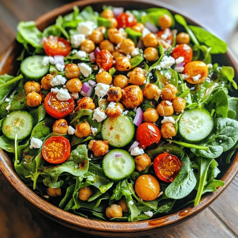 To make a tasty Crispy Chickpea Salad, you need some key ingredients. Here’s the list: - 1 can (15 ounces) chickpeas, drained and rinsed - 2 tablespoons extra virgin olive oil - 1 teaspoon smoked paprika - 1 teaspoon garlic powder - Salt and freshly ground black pepper, to taste - 4 cups mixed greens (spinach, arugula, and romaine) - 1 cup cherry tomatoes, halved - 1 cucumber, diced into bite-sized pieces - 1/4 red onion, thinly sliced into rings - 1/4 cup feta cheese, crumbled (optional) - 2 tablespoons balsamic vinegar - 1 tablespoon fresh lemon juice You can add fun stuff to your salad. Some great options are: - Avocado, for creaminess - Bell peppers, for crunch - Radishes, for a peppery kick - Fresh herbs, like parsley or cilantro, for more flavor These add-ins can make your salad unique. Feel free to mix and match based on your taste! This salad is not just tasty; it’s also good for you. Here’s a quick look at what you get: - High in fiber from chickpeas and greens - Packed with vitamins from fresh vegetables - Healthy fats from olive oil and feta cheese Each serving of the Crispy Chickpea Salad can help you stay full and energized. Enjoy every bite while knowing you're fueling your body right! For the full recipe, check out Crispy Chickpea Salad 🥗. To start, preheat your oven to 400°F (200°C). This heat will make the chickpeas crispy. In a bowl, mix 1 can of drained and rinsed chickpeas with 2 tablespoons of extra virgin olive oil. Add in 1 teaspoon of smoked paprika, 1 teaspoon of garlic powder, and a pinch of salt and pepper. Toss the chickpeas until they are fully coated. Spread them on a baking sheet lined with parchment paper. Make sure they are in a single layer for even cooking. Roast these for 20-25 minutes. Shake the pan halfway for best results. While your chickpeas roast, prepare the salad base. In a large mixing bowl, combine 4 cups of mixed greens, which can include spinach, arugula, and romaine. Add 1 cup of halved cherry tomatoes, 1 diced cucumber, and 1/4 thinly sliced red onion. This mix gives your salad a fresh and colorful look. Once the chickpeas are golden and crispy, let them cool for a few minutes. Then, add them to your salad base. For the dressing, whisk together 2 tablespoons of balsamic vinegar and 1 tablespoon of fresh lemon juice in a small bowl. Drizzle this zesty mix over your salad. Toss gently to combine everything. If you like, sprinkle 1/4 cup of crumbled feta cheese on top for extra flavor. Enjoy your Crispy Chickpea Salad as a fresh and flavorful delight. For the full recipe, check out the details above. To get crispy chickpeas, start with well-dried ones. Rinse and drain the chickpeas. Pat them dry with a towel. This step helps them roast better. Toss the chickpeas in olive oil and seasonings. Use smoked paprika and garlic powder for great flavor. Spread the chickpeas in a single layer on a baking sheet. Avoid crowding them. Roast at 400°F for 20 to 25 minutes. Shake the pan halfway through cooking to ensure even crispiness. Let them cool before adding to your salad. If you have leftover salad, store it in a sealed container. Keep the dressing separate to avoid sogginess. The chickpeas can stay crispy longer when not mixed with greens. Store roasted chickpeas in an airtight container at room temperature. They will stay crispy for about three days. For best flavor, eat the salad within two days. Serve the salad in a large bowl for a festive look. Add extra crispy chickpeas on top for texture. A cheerful lemon wedge on the side brightens the dish. Drizzling more balsamic vinegar right before eating can boost the flavor. You can also try adding fresh herbs like parsley or basil for a pop of color. Enjoy this vibrant salad as a light lunch or side dish! For the complete recipe, check out the Full Recipe. {{image_4}} You can mix and match greens to make your crispy chickpea salad unique. Use spinach, kale, or even butter lettuce. Each green brings its own taste and texture. For toppings, think outside the box. Add shredded carrots, bell peppers, or avocado slices. Nuts and seeds like almonds or sunflower seeds add crunch. You can even toss in some fresh herbs, like parsley or cilantro, for a burst of flavor. This salad is easily adaptable for different diets. For a vegan option, simply skip the feta cheese. It still tastes great without it! If you need a gluten-free meal, you are in luck. All the ingredients are naturally gluten-free. Just ensure your dressing is also gluten-free. You can also swap balsamic vinegar for a gluten-free alternative if desired. To amp up the flavor, try different dressings. A tahini dressing adds creaminess and a nutty taste. You can mix equal parts tahini and lemon juice, then add water to thin. For a spicy kick, add a pinch of cayenne or red pepper flakes. You can also explore citrus dressings, like orange or lime juice. Each choice elevates your salad and keeps it fresh and exciting. For the full recipe, check out the steps above. You might have some salad left after a meal. To keep it fresh, store it in an airtight container. This will help maintain the crispness of the greens. Remember to keep the roasted chickpeas separate. They can lose their crunch if mixed in. Leftover salad will last in the fridge for about two days. If you want to eat it later, add the dressing just before you serve. Roasted chickpeas are best when they are crunchy. To store them, let them cool completely. Place them in a sealed container at room temperature. They can last for about three days this way. If they start to lose their crunch, you can re-roast them. Just pop them in the oven at 400°F (200°C) for a few minutes to crisp them back up. If you need to reheat the salad, do it gently. Use a microwave on a low setting. Heat it for short bursts. Check often to avoid wilting the greens. For the chickpeas, place them on a baking sheet and reheat in the oven. This will help bring back their delightful crunch. For the best result, I suggest enjoying the salad fresh. You can find the full recipe above to recreate the magic! To make crispy chickpeas, start with dried chickpeas. Soak them overnight in water. Drain and rinse them. Toss the chickpeas with olive oil, smoked paprika, garlic powder, and salt. Spread them on a baking sheet. Roast at 400°F for 20 to 25 minutes. Shake the pan halfway through to cook evenly. This gives the chickpeas a nice crunch. Yes, you can use canned chickpeas. They are quick and easy. Just drain and rinse them well. Toss them with olive oil and seasonings. Roast them as you would with dried chickpeas. They will still become crispy and tasty. If you want a substitute for feta cheese, try goat cheese or ricotta salata. You can also use dairy-free options like vegan feta. Crumbled tofu works well too. These alternatives give a nice flavor and texture to your salad. This salad can last for about 2 to 3 days in the fridge. Keep it in an airtight container. However, the chickpeas may lose some crispiness over time. To keep them crunchy, store them separately. Absolutely! You can change the dressing to suit your taste. Try olive oil and lemon juice for a fresh twist. A tahini dressing adds creaminess. You can even make a spicy vinaigrette for heat. Mix and match until you find your perfect flavor. For the full recipe, check out the detailed steps above. Crispy chickpea salad is easy and fun to make. We covered the key ingredients and how to prepare them for a great taste. You learned tips for keeping the chickpeas crispy and how to store leftovers. Variations allow you to mix it up based on your needs. Enjoy crafting this healthy dish as a meal or snack. It offers crunch, flavor, and nutrition. Use this guide to create your perfect salad. Happy cooking!