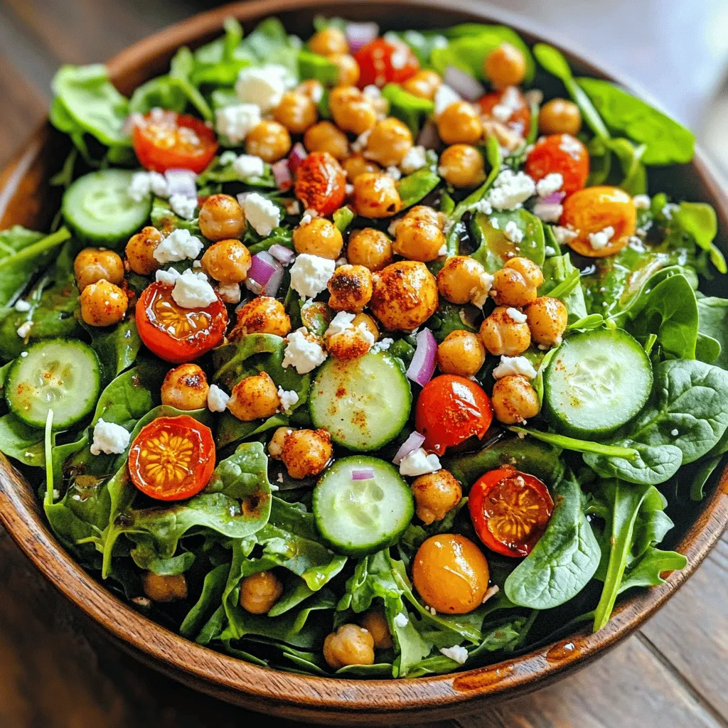 To make a tasty Crispy Chickpea Salad, you need some key ingredients. Here’s the list: - 1 can (15 ounces) chickpeas, drained and rinsed - 2 tablespoons extra virgin olive oil - 1 teaspoon smoked paprika - 1 teaspoon garlic powder - Salt and freshly ground black pepper, to taste - 4 cups mixed greens (spinach, arugula, and romaine) - 1 cup cherry tomatoes, halved - 1 cucumber, diced into bite-sized pieces - 1/4 red onion, thinly sliced into rings - 1/4 cup feta cheese, crumbled (optional) - 2 tablespoons balsamic vinegar - 1 tablespoon fresh lemon juice You can add fun stuff to your salad. Some great options are: - Avocado, for creaminess - Bell peppers, for crunch - Radishes, for a peppery kick - Fresh herbs, like parsley or cilantro, for more flavor These add-ins can make your salad unique. Feel free to mix and match based on your taste! This salad is not just tasty; it’s also good for you. Here’s a quick look at what you get: - High in fiber from chickpeas and greens - Packed with vitamins from fresh vegetables - Healthy fats from olive oil and feta cheese Each serving of the Crispy Chickpea Salad can help you stay full and energized. Enjoy every bite while knowing you're fueling your body right! For the full recipe, check out Crispy Chickpea Salad 🥗. To start, preheat your oven to 400°F (200°C). This heat will make the chickpeas crispy. In a bowl, mix 1 can of drained and rinsed chickpeas with 2 tablespoons of extra virgin olive oil. Add in 1 teaspoon of smoked paprika, 1 teaspoon of garlic powder, and a pinch of salt and pepper. Toss the chickpeas until they are fully coated. Spread them on a baking sheet lined with parchment paper. Make sure they are in a single layer for even cooking. Roast these for 20-25 minutes. Shake the pan halfway for best results. While your chickpeas roast, prepare the salad base. In a large mixing bowl, combine 4 cups of mixed greens, which can include spinach, arugula, and romaine. Add 1 cup of halved cherry tomatoes, 1 diced cucumber, and 1/4 thinly sliced red onion. This mix gives your salad a fresh and colorful look. Once the chickpeas are golden and crispy, let them cool for a few minutes. Then, add them to your salad base. For the dressing, whisk together 2 tablespoons of balsamic vinegar and 1 tablespoon of fresh lemon juice in a small bowl. Drizzle this zesty mix over your salad. Toss gently to combine everything. If you like, sprinkle 1/4 cup of crumbled feta cheese on top for extra flavor. Enjoy your Crispy Chickpea Salad as a fresh and flavorful delight. For the full recipe, check out the details above. To get crispy chickpeas, start with well-dried ones. Rinse and drain the chickpeas. Pat them dry with a towel. This step helps them roast better. Toss the chickpeas in olive oil and seasonings. Use smoked paprika and garlic powder for great flavor. Spread the chickpeas in a single layer on a baking sheet. Avoid crowding them. Roast at 400°F for 20 to 25 minutes. Shake the pan halfway through cooking to ensure even crispiness. Let them cool before adding to your salad. If you have leftover salad, store it in a sealed container. Keep the dressing separate to avoid sogginess. The chickpeas can stay crispy longer when not mixed with greens. Store roasted chickpeas in an airtight container at room temperature. They will stay crispy for about three days. For best flavor, eat the salad within two days. Serve the salad in a large bowl for a festive look. Add extra crispy chickpeas on top for texture. A cheerful lemon wedge on the side brightens the dish. Drizzling more balsamic vinegar right before eating can boost the flavor. You can also try adding fresh herbs like parsley or basil for a pop of color. Enjoy this vibrant salad as a light lunch or side dish! For the complete recipe, check out the Full Recipe. {{image_4}} You can mix and match greens to make your crispy chickpea salad unique. Use spinach, kale, or even butter lettuce. Each green brings its own taste and texture. For toppings, think outside the box. Add shredded carrots, bell peppers, or avocado slices. Nuts and seeds like almonds or sunflower seeds add crunch. You can even toss in some fresh herbs, like parsley or cilantro, for a burst of flavor. This salad is easily adaptable for different diets. For a vegan option, simply skip the feta cheese. It still tastes great without it! If you need a gluten-free meal, you are in luck. All the ingredients are naturally gluten-free. Just ensure your dressing is also gluten-free. You can also swap balsamic vinegar for a gluten-free alternative if desired. To amp up the flavor, try different dressings. A tahini dressing adds creaminess and a nutty taste. You can mix equal parts tahini and lemon juice, then add water to thin. For a spicy kick, add a pinch of cayenne or red pepper flakes. You can also explore citrus dressings, like orange or lime juice. Each choice elevates your salad and keeps it fresh and exciting. For the full recipe, check out the steps above. You might have some salad left after a meal. To keep it fresh, store it in an airtight container. This will help maintain the crispness of the greens. Remember to keep the roasted chickpeas separate. They can lose their crunch if mixed in. Leftover salad will last in the fridge for about two days. If you want to eat it later, add the dressing just before you serve. Roasted chickpeas are best when they are crunchy. To store them, let them cool completely. Place them in a sealed container at room temperature. They can last for about three days this way. If they start to lose their crunch, you can re-roast them. Just pop them in the oven at 400°F (200°C) for a few minutes to crisp them back up. If you need to reheat the salad, do it gently. Use a microwave on a low setting. Heat it for short bursts. Check often to avoid wilting the greens. For the chickpeas, place them on a baking sheet and reheat in the oven. This will help bring back their delightful crunch. For the best result, I suggest enjoying the salad fresh. You can find the full recipe above to recreate the magic! To make crispy chickpeas, start with dried chickpeas. Soak them overnight in water. Drain and rinse them. Toss the chickpeas with olive oil, smoked paprika, garlic powder, and salt. Spread them on a baking sheet. Roast at 400°F for 20 to 25 minutes. Shake the pan halfway through to cook evenly. This gives the chickpeas a nice crunch. Yes, you can use canned chickpeas. They are quick and easy. Just drain and rinse them well. Toss them with olive oil and seasonings. Roast them as you would with dried chickpeas. They will still become crispy and tasty. If you want a substitute for feta cheese, try goat cheese or ricotta salata. You can also use dairy-free options like vegan feta. Crumbled tofu works well too. These alternatives give a nice flavor and texture to your salad. This salad can last for about 2 to 3 days in the fridge. Keep it in an airtight container. However, the chickpeas may lose some crispiness over time. To keep them crunchy, store them separately. Absolutely! You can change the dressing to suit your taste. Try olive oil and lemon juice for a fresh twist. A tahini dressing adds creaminess. You can even make a spicy vinaigrette for heat. Mix and match until you find your perfect flavor. For the full recipe, check out the detailed steps above. Crispy chickpea salad is easy and fun to make. We covered the key ingredients and how to prepare them for a great taste. You learned tips for keeping the chickpeas crispy and how to store leftovers. Variations allow you to mix it up based on your needs. Enjoy crafting this healthy dish as a meal or snack. It offers crunch, flavor, and nutrition. Use this guide to create your perfect salad. Happy cooking!