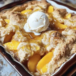 Fresh peaches are the star of this dish. They bring a sweet and juicy flavor that shines through. When you choose your peaches, look for ripe ones. They should feel soft but not mushy. Peeling and slicing them is simple. Just slice them into thin pieces for even cooking. The peach juices mix with sugar and cinnamon, creating a delicious syrup as they bake. Here are the key ingredients for your cobbler: - 4 cups fresh peaches, peeled and sliced - 1 cup granulated sugar, divided - 1 teaspoon ground cinnamon - 1 tablespoon fresh lemon juice - 2 cups Bisquick mix - 1 cup whole milk - 1/2 cup unsalted butter, melted - 1 teaspoon pure vanilla extract - A pinch of salt These ingredients work together to create that classic cobbler texture. The Bisquick mix makes the process quick and easy. You do not need to measure flour or baking powder, which saves time. You can customize your peach cobbler with fun add-ins. Try adding blueberries or raspberries for a twist. Nuts like pecans or walnuts add a nice crunch. If you want a different flavor, swap out the vanilla for almond extract. If you're short on fresh peaches, you can use canned peaches. Just drain them well and reduce the sugar. Frozen peaches also work, but thaw them first. These options help you enjoy this dessert anytime! For the full recipe, check the earlier section. Start with four cups of fresh peaches. Peel and slice them. In a large bowl, mix the peaches with half a cup of sugar, one teaspoon of cinnamon, and one tablespoon of lemon juice. Toss gently to coat the peaches. Let them sit for about ten minutes. This step helps the peaches release their juices, making them sweeter and more flavorful. In a separate bowl, take two cups of Bisquick mix. Add the remaining half cup of sugar and a pinch of salt. Whisk these dry ingredients together until they blend well. Gradually stir in one cup of whole milk, half a cup of melted butter, and one teaspoon of vanilla extract. Mix until combined. It's okay if the batter has some lumps. This gives the cobbler a nice texture. Take a greased 9x13 inch baking dish. Pour the peach mixture into the dish, spreading it evenly. Then, pour the batter over the peaches. Use a spatula to spread it gently, but don’t stir. You want to keep the layers. Now, place your dish in a preheated oven at 375°F (190°C). Bake for 30 to 35 minutes. The top should turn a lovely golden brown. Check with a toothpick; it should come out clean when done. Let it cool for ten minutes before serving. This helps the flavors settle. For the full recipe and more tips, check out the Full Recipe. To make your peach cobbler shine, focus on the batter. Mix the Bisquick gently with the milk, melted butter, and vanilla. Don’t overmix! A few lumps are good. They help create a soft, fluffy topping. Also, use ripe peaches. They add sweetness and juice. Let them rest with sugar, so they release their flavor. Serve peach cobbler warm for the best taste. Add a scoop of vanilla ice cream on top. This combo creates a creamy contrast to the warm cobbler. Drizzle honey or caramel sauce for extra sweetness. You can also sprinkle cinnamon for a cozy touch. For a fun twist, try serving it with whipped cream or Greek yogurt. If your cobbler is too dry, check the batter. It should be thick but pourable. Adding a little more milk can help. If it’s too runny, let it bake a bit longer. The top should be golden brown. If the peaches are tough, they may not be ripe enough. Always choose firm, fragrant peaches for the best results. For more details, check the Full Recipe. {{image_4}} You can swap peaches for many fruits. Try apples, berries, or even cherries. Each fruit brings a new taste. Apples add crunch, while berries add sweetness. Adjust the sugar based on your fruit’s sweetness. This way, you keep the flavor right. You can also mix fruits! Combining peaches and blueberries creates a fun twist. The colors and tastes blend well, too. For a vegan option, replace the milk with almond or oat milk. Use a plant-based butter for a dairy-free treat. You can also swap Bisquick for a gluten-free mix. Look for options made with almond flour or coconut flour. These changes help everyone enjoy this dessert. Just make sure to adjust the baking time slightly, as some mixes may cook faster. Spice up your cobbler with fun flavors. Add nutmeg for warmth or ginger for a kick. You can also mix in some lemon zest for a fresh taste. For a nutty crunch, sprinkle chopped nuts on top before baking. Want something sweet? Drizzle honey or maple syrup over the fruit. These little touches can take your cobbler to the next level. Explore and find your perfect flavor! After you enjoy your peach cobbler, store any leftovers in an airtight container. Keep it in the fridge for up to four days. Cover it well to avoid drying out. If you want to keep it longer, freezing is a great option. To reheat your peach cobbler, preheat your oven to 350°F (175°C). Place the cobbler in an oven-safe dish. Warm it for about 15-20 minutes. This method keeps the crust crisp and the peaches juicy. You can also reheat individual servings in the microwave for 30-60 seconds. Just make sure to check if it's warm enough. Freezing peach cobbler is simple. First, let it cool completely. Then, cut it into portions and wrap each piece in plastic wrap. Place them in a freezer-safe bag or container. This cobbler can last in the freezer for up to three months. When you're ready to enjoy it, thaw it in the fridge overnight before reheating. To make peach cobbler with Bisquick, gather your ingredients first. You need fresh peaches, sugar, cinnamon, lemon juice, Bisquick mix, milk, melted butter, vanilla extract, and salt. Follow these steps: 1. Preheat your oven to 375°F (190°C). 2. Mix sliced peaches with sugar, cinnamon, and lemon juice in a bowl. Let it sit for 10 minutes. 3. In another bowl, whisk Bisquick, sugar, and salt. Add milk, butter, and vanilla. Stir until combined. 4. Pour the peach mixture into a greased baking dish. Spread the batter over the peaches carefully. 5. Bake for 30-35 minutes until the top is golden brown. Let it cool before serving. This recipe is quick and tasty, perfect for any occasion! For more details, check the Full Recipe. Yes, you can use canned peaches in this recipe. Just make sure they are drained well. Canned peaches are often softer, so they will blend nicely with the batter. Adjust the sugar if needed since canned peaches can be sweet. This option saves time and still delivers great flavor! Peach cobbler is best served warm. You can add a scoop of vanilla ice cream on top for a creamy contrast. Whipped cream also makes a great topping. For a fun twist, try drizzling honey or a sprinkle of cinnamon for added flavor. This dessert pairs well with a cup of coffee or tea, too! This blog post explored how to make a delicious peach cobbler. We covered key ingredients, including fresh peaches and baking staples. I shared step-by-step instructions to prep your peaches, mix the batter, and bake perfectly. Helpful tips made it easy to get the right texture, serve well, and fix common problems. Variations showed you can use different fruits and make vegan or gluten-free options. Finally, we discussed the best ways to store and reheat your cobbler. Enjoy your baking journey and savor every bite of this delightful dessert!