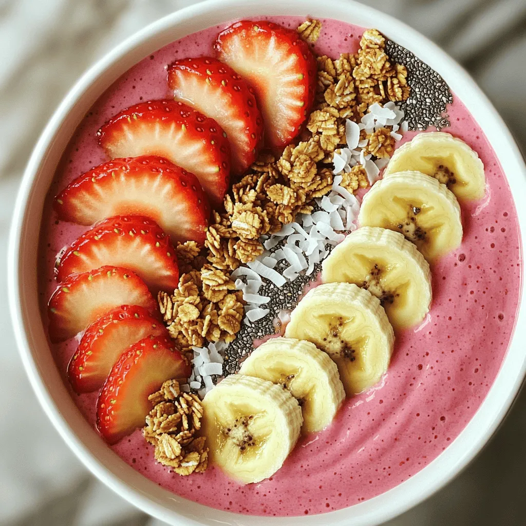 - Fresh strawberries - Ripe banana - Greek yogurt In this smoothie bowl, fresh strawberries offer bright flavor and color. Ripe bananas add creaminess and natural sweetness. Greek yogurt brings protein and a smooth texture, making your bowl rich and satisfying. - Almond milk or milk of choice - Honey or maple syrup - Vanilla extract You can use almond milk or any milk you like to adjust the thickness. Honey or maple syrup can sweeten the bowl if you want a touch more sweetness. A dash of vanilla extract adds a nice flavor too. - Sliced banana - Granola - Chia seeds - Shredded coconut For toppings, sliced banana adds extra fruitiness. Granola gives a nice crunch. Chia seeds boost nutrition, and shredded coconut offers a hint of sweetness. These toppings make your smoothie bowl not just tasty but also visually appealing. If you want to dive deeper into the recipe, check out the Full Recipe for detailed instructions and tips! - Hulling strawberries: Start by washing your strawberries well. Then, use a small knife to remove the green tops. This step is called hulling. Hulling gets rid of the parts we don’t eat. You want only the juicy red fruit left. - Slicing banana: Peel the ripe banana and place it on a cutting board. Cut it into thin slices. Aim for even pieces; this helps when blending. The banana adds sweetness and creaminess to your smoothie bowl. - Adding ingredients to the blender: In your high-speed blender, add the hulled strawberries, sliced banana, Greek yogurt, almond milk, honey or maple syrup (if using), and vanilla extract. Make sure everything fits well in the blender. - Blending tips for a creamy texture: Turn on the blender and blend on high speed until smooth. If it gets stuck, stop and scrape the sides with a spatula. Blend again until you have a creamy mix. If it’s too thick, add a bit more almond milk. - Pouring the blend into a bowl: Once you have a smooth blend, carefully pour it into a bowl. Use a spatula to get every drop of this yummy mix. - Arranging toppings for presentation: Now it’s time to make it pretty! Add sliced bananas, extra strawberry halves, granola, chia seeds, and shredded coconut on top. Be creative! The toppings make your smoothie bowl not just tasty, but also fun to look at. You can find the full recipe to guide you through this delightful process. Enjoy your Strawberry Banana Smoothie Bowl! To get the right thickness in your smoothie bowl, you may need to adjust the liquid. If your mix is too thick, add more almond milk or water. Start with a little, then blend. A small amount can change everything! For a smooth finish, use a high-speed blender. Stop it occasionally to scrape down the sides. This helps mix all ingredients well. You can switch up the flavor by trying other fruits like mango or blueberries. Mix in a spoon of nut butter for a rich taste. You can also use natural sweeteners, like honey or maple syrup. They add sweetness without the sugar load. Sugar alternatives, like agave nectar, are great, too. Choose what suits your taste best! A beautiful bowl makes your smoothie more fun to eat! Arrange toppings like sliced bananas and strawberry halves in an artful way. Sprinkle granola for a nice crunch. Chia seeds add nutrition and a fun look. Use a decorative bowl to make it pop! A lovely presentation makes every bite more enjoyable. {{image_4}} If you want a dairy-free smoothie bowl, swap Greek yogurt for a non-dairy option. Coconut yogurt works well and adds a nice flavor. You can also use almond or soy yogurt. For milk, try coconut milk or oat milk. Both options keep it creamy and delicious. You can add extra fruits to your smoothie bowl. Berries like blueberries or raspberries make great choices. Mango or pineapple can add a tropical twist. For seasonal flavors, think of peaches in summer or apples in fall. Each fruit brings its unique taste. Adding protein can make your smoothie bowl even better. You might mix in protein powder, like whey or plant-based options. Nut butters, such as almond or peanut butter, are tasty too. For a superfood boost, consider chia seeds or hemp seeds. They add nutrition and a nice texture. To keep your leftover smoothie fresh, pour it into an airtight container. This helps keep air out and prevents oxidation. If you see brown spots, it means the smoothie is starting to spoil. You can store it in the fridge for up to 24 hours. Always shake or stir it before drinking. Making smoothie packs is a smart way to save time. Just put your fruits in a bag and freeze them. When you’re ready, blend them with yogurt and milk. This way, you get a quick breakfast or snack. You can also freeze your ripe bananas. They work great in smoothies when frozen. Smoothies lose their freshness quickly. If it smells sour or tastes off, it’s time to toss it. Signs of spoilage include separation or an odd color. For best results, use glass or BPA-free plastic containers. These keep your smoothies fresh longer. Yes, you can prepare this smoothie bowl ahead of time. Store it in an airtight container in your fridge. It stays fresh for about 24 hours. To keep it tasty, add toppings right before serving. If you want to save time in the morning, blend your base the night before. Just mix it again before you serve. If you want a non-dairy option, try coconut yogurt or almond yogurt. These choices will keep your bowl creamy and delicious. You can also use regular yogurt, like plain or vanilla, if you're not avoiding dairy. Each option brings a unique taste to your smoothie bowl. To achieve a thicker texture, use less almond milk or any milk you choose. You can also add more frozen fruits, like bananas or strawberries. Another option is to mix in some oats or chia seeds. These ingredients will help create a rich and creamy smoothie bowl. This guide covers everything you need to make a delicious smoothie bowl. We explored ingredients, including main fruits and toppings. I shared step-by-step instructions to prepare, blend, and assemble the bowl. You learned tips for perfecting texture and enhancing flavors, along with variations for different diets. Finally, remember to store your smoothie properly to keep it fresh. With these easy tips, you can enjoy tasty, healthy bowls anytime. Enjoy getting creative with your ingredients and adding your personal touch!