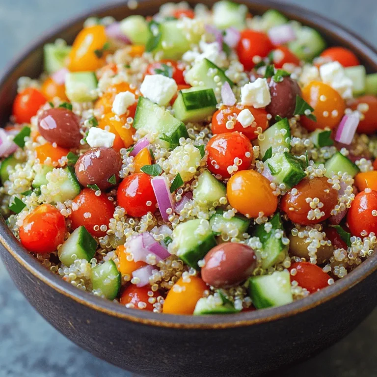 To make a Savory Quinoa Salad with Feta, gather these fresh ingredients: - 1 cup quinoa, thoroughly rinsed - 2 cups vegetable broth - 1 cup cherry tomatoes, halved - 1 cucumber, freshly diced - 1 bell pepper (red or yellow), diced - 1/2 red onion, finely chopped - 1/2 cup kalamata olives, pitted and sliced - 1 cup crumbled feta cheese - 1/4 cup fresh parsley, roughly chopped - 3 tablespoons extra virgin olive oil - 2 tablespoons freshly squeezed lemon juice - Salt and pepper to taste These ingredients bring bright colors and bold flavors to the dish. Quinoa serves as the base, giving you a healthy grain. Each vegetable adds crunch and nutrients, while feta brings a creamy texture and salty taste. Olive oil and lemon juice add a zing. This mix makes each bite exciting and fresh. For the full recipe, check out the instructions below! - Combine quinoa and vegetable broth in a medium saucepan. - Bring to a boil, reduce heat, cover, and simmer for 15 minutes. - Rest and fluff with a fork. Cooking quinoa is simple. Rinsing it first removes any bitter taste. Use vegetable broth for added flavor. When the broth boils, turn the heat low. Cover and let it cook. After 15 minutes, remove it from heat. Let it sit for five more minutes. Fluff it with a fork to make it light and fluffy. - Chop and mix tomatoes, cucumber, bell pepper, red onion, and olives in a large bowl. Fresh vegetables add color and crunch. Chop the tomatoes, cucumber, and bell pepper into small pieces. Finely chop the red onion. Slice the olives. Mix them all in a big bowl. This blend of vegetables makes your salad bright and tasty. - Mix the cooked quinoa with vegetables, olive oil, and lemon juice. - Gently fold in crumbled feta and parsley. - Adjust seasoning with salt and pepper. - Chill before serving for best flavor. Once your quinoa cools a bit, add it to the bowl of veggies. Drizzle olive oil and lemon juice on top. Toss everything gently with a spoon. Next, fold in crumbled feta cheese and parsley. This adds a creamy texture and fresh taste. Season with salt and pepper to your liking. For the best flavor, chill the salad for about 30 minutes. This helps the flavors blend well. For a complete guide, check the [Full Recipe]. To make perfect quinoa, start by rinsing it. This removes the bitter coating called saponin. Use a fine mesh strainer for best results. Rinse under cold water until the water runs clear. Next, cook the quinoa for the right texture. Combine one cup of rinsed quinoa with two cups of vegetable broth. Bring it to a boil on medium heat. Once it boils, reduce the heat to low. Cover the pot and let it simmer for 15 minutes. After 15 minutes, remove it from the heat and let it rest for five minutes. Fluff it with a fork for a light and fluffy texture. To enhance flavor, use simple seasonings and fresh herbs. A pinch of salt and pepper can boost the taste. Fresh herbs like parsley or basil add a nice touch. You can also try adding garlic powder or onion powder for more depth. If you're looking for alternative dressings, try balsamic vinegar or a yogurt-based dressing. These options can give your salad a different twist. Mix and match to find your perfect flavor balance. For serving, you can get creative. Serve the salad in a large bowl or on individual plates. This adds a personal touch. Garnish with extra parsley for vibrant color. Add whole olives on top for a nice pop. Lemon wedges on the side can add zest and freshness. These simple ideas make your dish look even more appealing. {{image_4}} You can switch up the cheese in this salad. Goat cheese adds a tangy twist. If you want, try using a sharp cheddar or a creamy blue cheese. For greens, consider adding baby spinach or arugula. They bring a nice crunch and freshness. You can also mix in roasted veggies like zucchini or asparagus. This makes your dish more colorful and tasty. If you want more protein, chickpeas work great. They blend well and add a nutty flavor. You can also add grilled chicken for a heartier meal. For a vegan option, consider using tofu or tempeh. These choices keep your salad filling while still being healthy. You can change this salad based on the season. In summer, add fresh corn or diced peaches for sweetness. In the fall, try roasted butternut squash or apples for warmth. These seasonal ingredients keep your dish exciting and fresh. Adapting your salad to the season makes it fun and delicious to eat. For the full recipe, check out the previous section. To keep your savory quinoa salad fresh, use an airtight container. Glass or plastic containers work well. Make sure to seal the lid tightly. Store the salad in the fridge at a cool temperature, around 40°F (4°C). This keeps the flavors bright and the ingredients crisp. Your quinoa salad can last about 3 to 5 days in the fridge. Check for signs of spoilage before eating. If the salad smells sour or looks slimy, it’s time to toss it. Always trust your senses! I do not recommend freezing this salad. The texture of the quinoa and veggies can change. If you must freeze it, store it in a freezer-safe bag. Remove as much air as possible. To reheat, thaw it in the fridge overnight. Then, gently warm it in a pan or the microwave. The salad will not taste as fresh, but it will still be safe to eat. For the full recipe, you can refer to the earlier section. Enjoy your cooking adventure! Yes, you can prepare this salad ahead of time. I recommend making it up to one day in advance. Just keep it in the fridge. This allows the flavors to blend well. To ensure your salad is gluten-free, use certified gluten-free quinoa. Check the labels of your vegetable broth to ensure it’s gluten-free too. Most of the other ingredients, like veggies and feta, are naturally gluten-free. This salad pairs well with grilled chicken or fish for protein. You can also serve it with pita bread or hummus for a light meal. It makes a great side dish for barbecues or picnics. Quinoa is a superfood packed with nutrients. It is high in protein and fiber, making it great for digestion. It also contains vitamins and minerals like magnesium and iron. The veggies and feta in this salad add even more health benefits. This quinoa salad is a simple, tasty dish that's great for any meal. We covered how to cook quinoa, prepare fresh veggies, and mix it all together for a bright salad. Add your favorite ingredients or protein to make it yours. Store it right, and you’ll have leftovers for days. This recipe is healthy and full of flavor. You can easily customize it based on your taste or what’s in season. Enjoy making your unique version of this delicious quinoa salad!